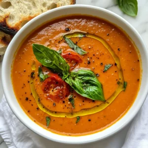 To make this yummy soup, you need fresh, simple ingredients. Here is a list: - 2 lbs ripe tomatoes, halved - 1 large onion, quartered - 4 cloves garlic, unpeeled - 2 tablespoons olive oil - 1 teaspoon salt - 1/2 teaspoon black pepper - 1 teaspoon sugar - 4 cups vegetable broth - 1 cup fresh basil leaves, packed - 1 tablespoon balsamic vinegar These ingredients bring out the best flavors. Fresh tomatoes add sweetness. The garlic gives a nice kick. Onions add depth. Olive oil helps everything cook well. You can make your soup look and taste even better with garnishes. Here are some ideas: - Heavy cream for a smooth finish - Fresh basil leaves for a pop of color - A drizzle of olive oil for richness These garnishes add a touch of elegance. They also enhance the taste. If you don’t have all the ingredients, don’t worry! You can swap some out. Here are a few ideas: - Use yellow or green tomatoes instead of red - Replace the onion with shallots for a milder taste - Use chicken broth if you want a richer flavor These swaps help you use what you have. They still keep the soup delicious. {{ingredient_image_1}} Start by gathering your fresh ingredients. You need 2 lbs of ripe tomatoes. Cut each tomato in half. Next, take 1 large onion and cut it into quarters. Then, grab 4 cloves of garlic. You don’t need to peel them yet. This step adds depth to the flavor. Now, place all the veggies on a large baking sheet. Make sure they have space. This helps them roast evenly. Drizzle 2 tablespoons of olive oil over the vegetables. Next, sprinkle with 1 teaspoon of salt, 1/2 teaspoon of black pepper, and 1 teaspoon of sugar. Toss everything well. You want every piece nicely coated. Now it’s time to roast. Preheat your oven to 400°F (200°C). Once it's hot, put your baking sheet in the oven. Roast the vegetables for 30 to 35 minutes. Look for caramelized tomatoes and tender onions. These signs mean they are ready. When they finish roasting, take them out and let them cool for a bit. This cooling time makes blending easier. Next, move the roasted veggies to a large pot. Add 4 cups of vegetable broth and 1 cup of fresh basil leaves. Bring this mixture to a simmer over medium heat. Let it cook for about 15 minutes. This step helps the flavors blend together. Now, it's blending time. Use an immersion blender to mix until smooth. If you don’t have one, transfer the soup to a regular blender in batches. Blend well and then return it to the pot. Finally, stir in 1 tablespoon of balsamic vinegar. Taste your soup and adjust the seasoning if needed. For a creamier finish, add some heavy cream before serving. Enjoy your delicious roasted tomato basil soup! To make your roasted tomato basil soup shine, focus on the basics. Use ripe, fresh tomatoes. They give a sweet taste and rich color. Roasting adds depth. The caramelization brings out the natural sugars. Add a touch of sugar while roasting to help with this. Try adding a pinch of red pepper flakes for heat. This small change can make a big difference. Fresh basil is key. Add it right at the end for the best flavor. A splash of balsamic vinegar adds brightness and balance. One mistake is using under-ripe tomatoes. They lack flavor and sweetness. Make sure to roast the garlic, too. Unpeeled garlic becomes sweet and soft. If you peel it first, you might burn it. Don’t skip the blending step. Leaving chunks can ruin the creamy texture. Be careful not to over-blend. You want a smooth soup without turning it into a puree. Last, taste before serving. Adjust the salt or pepper as needed. Serve your soup hot in bowls. Garnish with fresh basil leaves for color. Drizzle a bit of olive oil for a rich finish. A swirl of heavy cream adds a nice touch, too. Pair it with crusty bread or a grilled cheese sandwich. This gives you a comforting meal. For a fun twist, top with croutons or a sprinkle of cheese. Enjoy your delicious soup! Pro Tips Use Fresh Tomatoes: For the best flavor, opt for ripe, in-season tomatoes. They provide a natural sweetness that enhances the soup. Don’t Skip the Garlic: Roasting the garlic with the vegetables mellows its flavor and adds depth to the soup, making it rich and aromatic. Adjust Consistency: If you prefer a thicker soup, reduce the amount of vegetable broth. For a lighter version, add more broth for a thinner texture. Garnish Creatively: Enhance presentation by garnishing with a swirl of heavy cream, a sprinkle of fresh basil, or even croutons for added texture. {{image_2}} You can easily make this soup vegan and gluten-free. The base of the soup is already plant-based, using ripe tomatoes, onion, garlic, and vegetable broth. Just make sure your broth is gluten-free. This soup is rich and tasty without any dairy. If you want to add creaminess, try using coconut cream or cashew cream. Both options will keep it vegan and add a nice flavor. To elevate your soup, think about adding some extra ingredients. You can mix in roasted red peppers for a smoky taste. A splash of lemon juice brightens up the flavors. For a bit of umami, add a tablespoon of soy sauce or miso paste. Fresh herbs like thyme or oregano can also enhance the taste. Don’t be afraid to get creative! If you like heat, making a spicy version is easy. You can add red pepper flakes while roasting the veggies. If you want more heat, chop up some jalapeños or serrano peppers and mix them in. Another option is to stir in some hot sauce after blending the soup. Adjust the spice level to suit your taste buds. Enjoy the warmth! After making your roasted tomato basil soup, let it cool. Pour it into a glass or plastic container. Seal it tightly. You can keep it in the fridge for up to five days. If you want to enjoy it later, this soup stores well. Just remember to cool it first. Freezing the soup is a great idea for long-term storage. Use freezer-safe bags or containers. Leave some space in the container for the soup to expand. Label the bags with the date. You can freeze it for up to three months. Thaw it in the fridge overnight before reheating. To reheat the soup, pour it into a pot. Heat over medium-low heat until warm. Stir it often to avoid sticking. You can also use a microwave. Heat in a safe bowl, stirring halfway through. Make sure it is hot all the way through. Enjoy your soup with fresh bread! Yes, you can use canned tomatoes. They work well when fresh ones aren’t in season. Choose whole or crushed canned tomatoes for the best flavor. Just drain them before adding to the pot. This will help keep your soup from getting too watery. If your soup is too thick, add more vegetable broth. Start with half a cup and stir well. Let it simmer again to blend the flavors. If it’s too thin, simmer it longer. This will help reduce the liquid and thicken the soup naturally. This soup pairs nicely with crusty bread or a grilled cheese sandwich. You can also serve it with a fresh salad. For a special touch, add a drizzle of olive oil on top before serving. Enjoy it hot for the best flavor! Roasted Tomato Basil Soup is a simple, tasty dish. We explored key ingredients, optional garnishes, and smart swaps. I shared easy steps from prepping to blending. Also, I offered tips to boost flavors and avoid mistakes. There are fun variations, like vegan options and a spicy twist. Finally, I covered storage tips for leftovers. This soup is comforting and flexible. It works for any meal. Enjoy making it your own!
