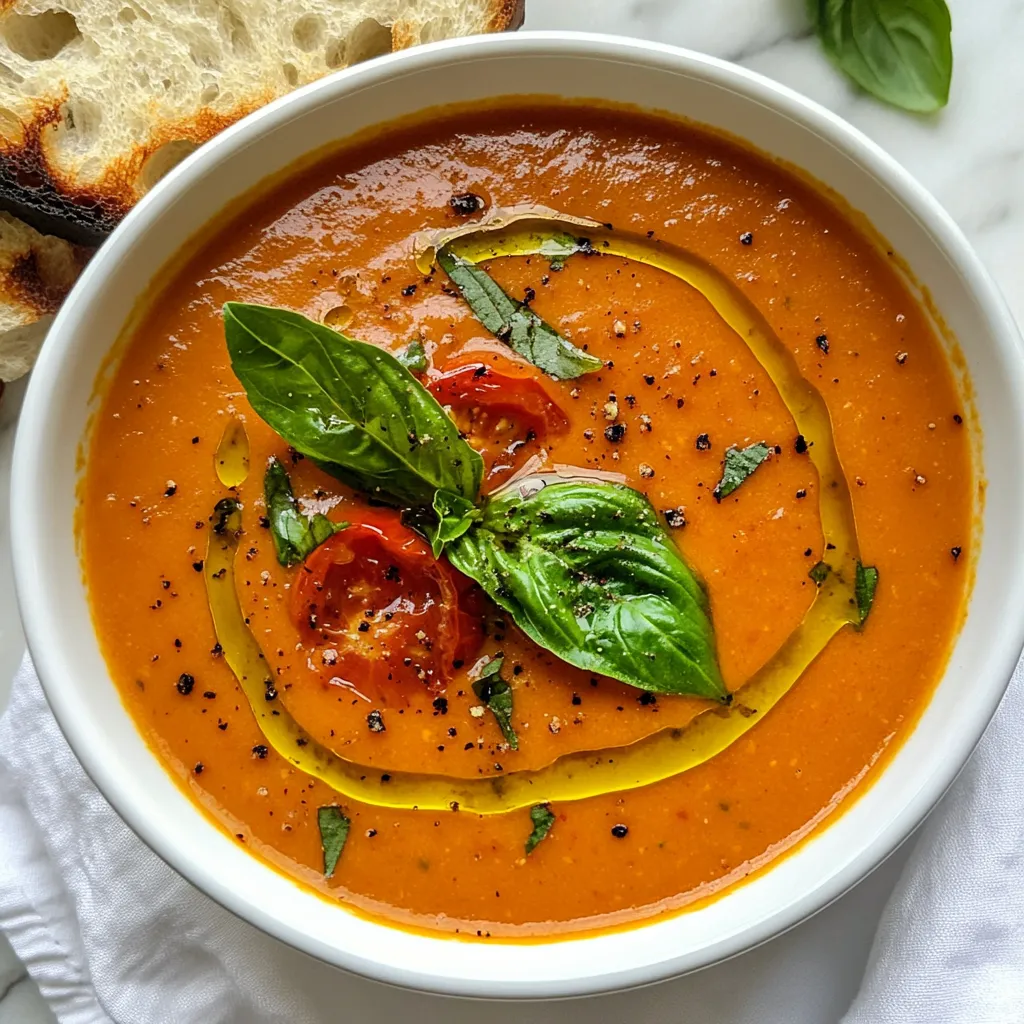 To make this yummy soup, you need fresh, simple ingredients. Here is a list: - 2 lbs ripe tomatoes, halved - 1 large onion, quartered - 4 cloves garlic, unpeeled - 2 tablespoons olive oil - 1 teaspoon salt - 1/2 teaspoon black pepper - 1 teaspoon sugar - 4 cups vegetable broth - 1 cup fresh basil leaves, packed - 1 tablespoon balsamic vinegar These ingredients bring out the best flavors. Fresh tomatoes add sweetness. The garlic gives a nice kick. Onions add depth. Olive oil helps everything cook well. You can make your soup look and taste even better with garnishes. Here are some ideas: - Heavy cream for a smooth finish - Fresh basil leaves for a pop of color - A drizzle of olive oil for richness These garnishes add a touch of elegance. They also enhance the taste. If you don’t have all the ingredients, don’t worry! You can swap some out. Here are a few ideas: - Use yellow or green tomatoes instead of red - Replace the onion with shallots for a milder taste - Use chicken broth if you want a richer flavor These swaps help you use what you have. They still keep the soup delicious. {{ingredient_image_1}} Start by gathering your fresh ingredients. You need 2 lbs of ripe tomatoes. Cut each tomato in half. Next, take 1 large onion and cut it into quarters. Then, grab 4 cloves of garlic. You don’t need to peel them yet. This step adds depth to the flavor. Now, place all the veggies on a large baking sheet. Make sure they have space. This helps them roast evenly. Drizzle 2 tablespoons of olive oil over the vegetables. Next, sprinkle with 1 teaspoon of salt, 1/2 teaspoon of black pepper, and 1 teaspoon of sugar. Toss everything well. You want every piece nicely coated. Now it’s time to roast. Preheat your oven to 400°F (200°C). Once it's hot, put your baking sheet in the oven. Roast the vegetables for 30 to 35 minutes. Look for caramelized tomatoes and tender onions. These signs mean they are ready. When they finish roasting, take them out and let them cool for a bit. This cooling time makes blending easier. Next, move the roasted veggies to a large pot. Add 4 cups of vegetable broth and 1 cup of fresh basil leaves. Bring this mixture to a simmer over medium heat. Let it cook for about 15 minutes. This step helps the flavors blend together. Now, it's blending time. Use an immersion blender to mix until smooth. If you don’t have one, transfer the soup to a regular blender in batches. Blend well and then return it to the pot. Finally, stir in 1 tablespoon of balsamic vinegar. Taste your soup and adjust the seasoning if needed. For a creamier finish, add some heavy cream before serving. Enjoy your delicious roasted tomato basil soup! To make your roasted tomato basil soup shine, focus on the basics. Use ripe, fresh tomatoes. They give a sweet taste and rich color. Roasting adds depth. The caramelization brings out the natural sugars. Add a touch of sugar while roasting to help with this. Try adding a pinch of red pepper flakes for heat. This small change can make a big difference. Fresh basil is key. Add it right at the end for the best flavor. A splash of balsamic vinegar adds brightness and balance. One mistake is using under-ripe tomatoes. They lack flavor and sweetness. Make sure to roast the garlic, too. Unpeeled garlic becomes sweet and soft. If you peel it first, you might burn it. Don’t skip the blending step. Leaving chunks can ruin the creamy texture. Be careful not to over-blend. You want a smooth soup without turning it into a puree. Last, taste before serving. Adjust the salt or pepper as needed. Serve your soup hot in bowls. Garnish with fresh basil leaves for color. Drizzle a bit of olive oil for a rich finish. A swirl of heavy cream adds a nice touch, too. Pair it with crusty bread or a grilled cheese sandwich. This gives you a comforting meal. For a fun twist, top with croutons or a sprinkle of cheese. Enjoy your delicious soup! Pro Tips Use Fresh Tomatoes: For the best flavor, opt for ripe, in-season tomatoes. They provide a natural sweetness that enhances the soup. Don’t Skip the Garlic: Roasting the garlic with the vegetables mellows its flavor and adds depth to the soup, making it rich and aromatic. Adjust Consistency: If you prefer a thicker soup, reduce the amount of vegetable broth. For a lighter version, add more broth for a thinner texture. Garnish Creatively: Enhance presentation by garnishing with a swirl of heavy cream, a sprinkle of fresh basil, or even croutons for added texture. {{image_2}} You can easily make this soup vegan and gluten-free. The base of the soup is already plant-based, using ripe tomatoes, onion, garlic, and vegetable broth. Just make sure your broth is gluten-free. This soup is rich and tasty without any dairy. If you want to add creaminess, try using coconut cream or cashew cream. Both options will keep it vegan and add a nice flavor. To elevate your soup, think about adding some extra ingredients. You can mix in roasted red peppers for a smoky taste. A splash of lemon juice brightens up the flavors. For a bit of umami, add a tablespoon of soy sauce or miso paste. Fresh herbs like thyme or oregano can also enhance the taste. Don’t be afraid to get creative! If you like heat, making a spicy version is easy. You can add red pepper flakes while roasting the veggies. If you want more heat, chop up some jalapeños or serrano peppers and mix them in. Another option is to stir in some hot sauce after blending the soup. Adjust the spice level to suit your taste buds. Enjoy the warmth! After making your roasted tomato basil soup, let it cool. Pour it into a glass or plastic container. Seal it tightly. You can keep it in the fridge for up to five days. If you want to enjoy it later, this soup stores well. Just remember to cool it first. Freezing the soup is a great idea for long-term storage. Use freezer-safe bags or containers. Leave some space in the container for the soup to expand. Label the bags with the date. You can freeze it for up to three months. Thaw it in the fridge overnight before reheating. To reheat the soup, pour it into a pot. Heat over medium-low heat until warm. Stir it often to avoid sticking. You can also use a microwave. Heat in a safe bowl, stirring halfway through. Make sure it is hot all the way through. Enjoy your soup with fresh bread! Yes, you can use canned tomatoes. They work well when fresh ones aren’t in season. Choose whole or crushed canned tomatoes for the best flavor. Just drain them before adding to the pot. This will help keep your soup from getting too watery. If your soup is too thick, add more vegetable broth. Start with half a cup and stir well. Let it simmer again to blend the flavors. If it’s too thin, simmer it longer. This will help reduce the liquid and thicken the soup naturally. This soup pairs nicely with crusty bread or a grilled cheese sandwich. You can also serve it with a fresh salad. For a special touch, add a drizzle of olive oil on top before serving. Enjoy it hot for the best flavor! Roasted Tomato Basil Soup is a simple, tasty dish. We explored key ingredients, optional garnishes, and smart swaps. I shared easy steps from prepping to blending. Also, I offered tips to boost flavors and avoid mistakes. There are fun variations, like vegan options and a spicy twist. Finally, I covered storage tips for leftovers. This soup is comforting and flexible. It works for any meal. Enjoy making it your own!
