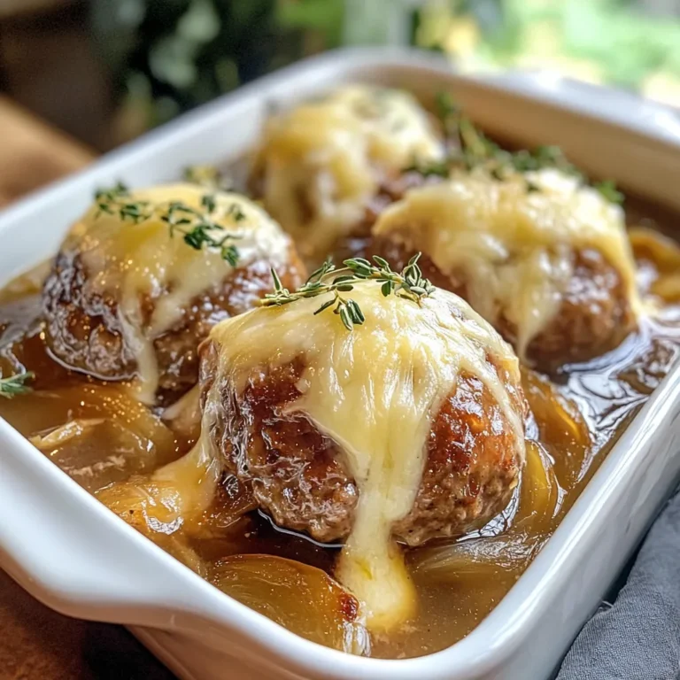 - 1 lb ground beef - 1/2 lb ground pork (optional) - 1 large onion, finely chopped - 3 cloves garlic, minced - 1/2 cup breadcrumbs - 1/4 cup grated Parmesan cheese - 1 large egg - 1/2 cup shredded Gruyère cheese (for topping) Ground beef is the main star here. The pork adds a nice touch but is not required. Onions and garlic bring rich flavor. You will need breadcrumbs and Parmesan cheese to bind the meatballs and add taste. An egg helps hold everything together. Gruyère cheese makes a creamy topping that melts perfectly over the meatballs. - 1 tablespoon Worcestershire sauce - 1 teaspoon dried thyme - 1/2 teaspoon salt - 1/4 teaspoon black pepper - 1 cup beef broth Worcestershire sauce gives depth to the flavor. Thyme adds a hint of earthiness. Salt and pepper enhance all the tastes. The beef broth serves as a warm base, making the dish comforting. - Fresh herbs for garnish - Extra cheese for topping - Spices like paprika or red pepper flakes You can sprinkle fresh herbs for bright color and taste. Adding more cheese can make it extra special. If you like a kick, try spices like paprika or red pepper flakes for added heat. {{ingredient_image_1}} To start, heat 1 tablespoon of olive oil in a skillet over medium heat. Add 1 large finely chopped onion. Sauté the onion until it turns golden brown. This takes about 15 to 20 minutes. Stir the onion often to prevent it from burning. After 15 minutes, add 3 cloves of minced garlic. Cook for another 5 minutes. The garlic will add flavor and aroma to your dish. Once done, set the onions aside to cool slightly. In a large bowl, combine the meat. Use 1 pound of ground beef and 1/2 pound of ground pork if you like. Next, add the cooled caramelized onions and garlic. Then, mix in 1/2 cup of breadcrumbs and 1/4 cup of grated Parmesan cheese. Crack 1 large egg into the bowl. Add 1 tablespoon of Worcestershire sauce, 1 teaspoon of dried thyme, 1/2 teaspoon of salt, and 1/4 teaspoon of black pepper. Mix everything until well combined. This forms the base for your meatballs. Now, preheat your oven to 400°F (200°C). While it heats, shape the meat mixture into small meatballs. Aim for about 1 inch in diameter. Place them on a baking sheet lined with parchment paper. Bake the meatballs for 20 to 25 minutes. They should be cooked through and browned. While the meatballs bake, pour 1 cup of beef broth into a saucepan. Heat it until it simmers. Once the meatballs are done, transfer them into the broth. Allow them to sit for 5 minutes. This helps them absorb the rich flavors. Serve the meatballs topped with 1/2 cup of shredded Gruyère cheese. Let the cheese melt before you dig in! To make great meatballs, you need the right texture. Use binding agents like breadcrumbs and eggs. They help hold the meatball together. The moisture from the meat and onions also adds to the softness. If your mix feels too dry, add a splash of beef broth. For richer flavor, consider adding a bit of grated cheese. Adding spices can take your meatballs to the next level. Try different herbs like oregano or basil. A bit of hot sauce can add a nice kick. If you want a sweeter touch, mix in some minced bell peppers. You can also adjust the salt and pepper to fit your taste. Always taste your mix before cooking. You can cook your meatballs in many ways. Baking is easy and keeps them moist. However, you can also pan-fry them for a crispy outside. To pan-fry, heat some oil in a skillet. Cook the meatballs until they are brown on all sides. After that, simmer them in broth for extra flavor. This method gives you a nice crust and keeps them juicy. Pro Tips Use Fresh Herbs: Fresh thyme can elevate the flavor of your meatballs significantly. If you have it on hand, consider substituting dried thyme with fresh for a more aromatic taste. Mix Meat Types: Combining ground beef with ground pork adds a nice flavor and moisture to your meatballs. If you're open to it, try this combination for a richer taste. Don't Overmix: When combining your ingredients, mix just until everything is incorporated. Overmixing can lead to tough meatballs, so be gentle! Cheese Melting Tip: For perfectly melted Gruyère cheese, place the meatballs back in the oven for a few minutes after adding the cheese. This will ensure a beautifully melted topping. {{image_2}} You can mix it up with different meats. Try turkey or chicken instead of beef. These options can make the dish lighter but still tasty. Ground turkey has a milder flavor. You can spice it up with extra seasonings. Ground chicken is also a great choice. It holds flavors well and stays juicy. For a plant-based option, use lentils or mushrooms. Lentils give a nice texture and protein. Mushrooms add a deep, rich flavor. You can also use a meat substitute like tempeh or tofu. Just make sure to add enough spices to keep it flavorful. Use breadcrumbs made from whole grains for added nutrition. How you serve these meatballs can change the dish. Serve them in a shallow bowl with warm beef broth. Top with melted Gruyère cheese for a rich touch. You can also add fresh thyme for color and flavor. For a playful twist, serve them on skewers with a side of crusty bread. This makes them fun for gatherings. Another idea is to use a bed of mashed potatoes or polenta. This adds a creamy base that pairs well with the meatballs. To keep your meatballs fresh, store them in an airtight container. Place a layer of parchment paper between layers to avoid sticking. Make sure they cool down first. This keeps the flavors intact. You can store them in the fridge for up to three days. Just reheat them gently when you're ready to enjoy again. Freezing is a great option if you want to save some meatballs for later. First, let them cool completely. Then, arrange the meatballs on a baking sheet in a single layer. Freeze them for about an hour. After that, transfer them to a freezer-safe bag or container. This method helps them keep their shape. They can last in the freezer for up to three months. When you're ready to eat, thaw in the fridge overnight. Reheat them in a saucepan with beef broth for the best taste. In the fridge, meatballs can last for three days. If you freeze them, they stay good for about three months. However, for the best flavor, I recommend eating them sooner. Always check for signs of spoilage, like off smells or changes in texture. Enjoy your delicious meatballs while they're fresh! French onion meatballs shine when paired with simple sides. Here are my top picks: - Mashed Potatoes: Creamy mashed potatoes soak up the savory broth. - Crusty Bread: Fresh bread is perfect for dipping into the broth. - Green Salad: A light salad adds freshness to balance the rich meatballs. - Roasted Vegetables: Carrots, broccoli, or zucchini bring color and nutrients. These sides not only complement the meatballs but also create a hearty meal. Yes, you can prepare meatballs ahead of time! Here’s how: - Mix Ingredients: Combine your meat, bread, and seasonings. - Shape Meatballs: Form them into balls and place them on a baking sheet. - Refrigerate: Cover and store in the fridge for up to 24 hours. - Freeze: For longer storage, freeze the uncooked meatballs. They last up to three months. When ready to cook, bake them straight from the fridge or freezer. Adjust the cooking time as needed. To check if your meatballs are done, use these tips: - Internal Temperature: Cook to an internal temperature of 160°F (71°C). - Visual Cues: Meatballs should be browned on the outside. The broth will bubble around them. - Texture Check: They should feel firm, not soft or mushy. Using a meat thermometer is the best way to ensure they are safe to eat. Enjoy your savory French onion meatballs! You now have everything you need to make delicious French onion meatballs. We've covered main ingredients like ground meat, onions, and spices. I showed you how to prepare, mix, and cook them perfectly. You learned tips for texture and flavor, plus variations for different diets. Storing leftovers or freezing meatballs is easy too. Remember, cooking is about trying new things. Enjoy the flavors, and don’t hesitate to make it your own!