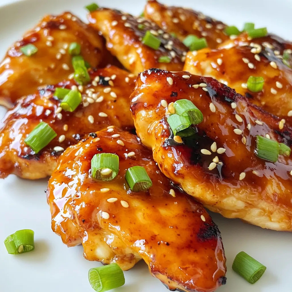 For this tasty honey garlic chicken, gather these items: - 4 boneless, skinless chicken breasts - 1/2 cup honey - 1/4 cup low sodium soy sauce - 4 cloves garlic, minced - 1 tablespoon fresh ginger, grated - 2 tablespoons olive oil - Salt and pepper to taste - 2 green onions, sliced (for garnish) - Sesame seeds (for garnish) You can swap some ingredients if needed. Here are a few ideas: - Use maple syrup instead of honey for a different sweet taste. - Tamari works well if you need a gluten-free option for soy sauce. - Garlic powder can replace fresh garlic in a pinch. Use 1/2 teaspoon. - Chicken thighs can be used instead of breasts for a juicier dish. This recipe serves four people. Here’s a quick look at the nutrition per serving: - Calories: Approximately 350 - Protein: About 30 grams - Total Fat: 9 grams - Saturated Fat: 1.5 grams - Carbohydrates: 40 grams - Sugars: 35 grams - Fiber: 0.5 grams This meal is not just tasty; it also packs a good amount of protein. Enjoy knowing you are making a healthy choice! {{ingredient_image_1}} To start, mix your marinade. In a bowl, whisk together honey, soy sauce, minced garlic, and fresh ginger. This blend brings sweet and savory notes to the chicken. Next, place the chicken breasts in a resealable bag or shallow dish. Pour the marinade over the chicken. Seal the bag or cover the dish. Let it sit in the fridge for at least 30 minutes. For more flavor, let it marinate for up to 4 hours. Once your chicken is ready, heat olive oil in a large skillet over medium heat. Remove the chicken from the marinade, letting excess marinade drip off. Add the chicken breasts to the hot skillet. Cook each side for about 5-7 minutes. You want them golden brown and cooked all the way through. Check the internal temperature; it should reach 165°F (75°C) for safe eating. After cooking, take the chicken out of the pan. Pour the leftover marinade into the same skillet. Bring it to a simmer and cook for 2-3 minutes. This reduces the sauce and thickens it nicely. Next, drizzle this reduced sauce over the cooked chicken breasts. Allow the chicken to rest for a couple of minutes. This helps the flavors soak in. When you’re ready to serve, slice the chicken and sprinkle it with sliced green onions and sesame seeds. Enjoy your delicious honey garlic chicken! To bring out the best taste, marinate the chicken for at least 30 minutes. If you have time, let it soak for up to 4 hours. This longer marination helps the flavors soak deep into the meat. Use fresh garlic and ginger for a stronger taste. They add a bright, zesty kick that makes the dish pop. For juicy chicken, cook on medium heat. If the heat is too high, the outside burns while the inside stays raw. Aim for a golden brown crust on both sides. Check the chicken's temperature with a meat thermometer. It should reach 165°F (75°C) for safe eating. Let the chicken rest for a few minutes after cooking. This step helps keep the juices inside. Serve the chicken on a large platter for a stunning display. Drizzle the thickened sauce over the chicken pieces. This adds a shiny finish that looks appealing. Garnish with sliced green onions and sesame seeds for color and crunch. These simple touches make the dish look gourmet and fancy. Pro Tips Marination Time: For the best flavor, allow the chicken to marinate for at least 2 hours, or even overnight if you can plan ahead. Cooking Temperature: Make sure your skillet is hot before adding the chicken to achieve a nice golden crust. Check Doneness: Use a meat thermometer to check that the internal temperature of the chicken reaches 165°F (75°C) for safety and juiciness. Thickening Sauce: If you want a thicker glaze, let the sauce simmer a bit longer until it reaches your desired consistency. {{image_2}} You can make this dish even better by adding vegetables. Bell peppers, broccoli, and snap peas work great. Cut the veggies into bite-sized pieces. After marinating your chicken, sear the chicken first. Then, add the veggies to the pan. Cook until the chicken is golden and the veggies are tender. This adds color and nutrients to your meal. If you like heat, try a spicy version. Add red pepper flakes or sriracha to the marinade. Start with half a teaspoon and adjust to your taste. This gives your chicken a nice kick. The sweet honey will still balance the spice. Your taste buds will love the combo of sweet and spicy! You can also bake the chicken for less mess. Preheat your oven to 400°F. Marinate the chicken as usual. Place the chicken on a baking sheet lined with parchment paper. Bake for 20-25 minutes or until the chicken is fully cooked. This method keeps the chicken juicy and allows for easy cleanup. Plus, you can roast some veggies on the same sheet for a complete meal! You can store leftover honey garlic chicken in the fridge. Place it in an airtight container. It stays good for up to 3 days. Make sure to cool it down before sealing it. This helps keep the chicken juicy and fresh. You can also store the sauce separately to keep it from making the chicken soggy. If you want to keep it longer, freeze the chicken. Wrap it well in plastic wrap and then in foil. This prevents freezer burn. You can also store it in a freezer bag. Honey garlic chicken lasts about 2 to 3 months in the freezer. When you are ready to eat, thaw it in the fridge overnight. To reheat, avoid using the microwave for best results. Instead, use a skillet on low heat. Add a splash of water or broth to keep it moist. Heat until warmed through. If you use the oven, cover it with foil to keep it from drying out. Reheating takes about 10 to 15 minutes. Enjoy it warm and flavorful! Yes, you can use chicken thighs. They have more fat, so they stay moist. Thighs also have a rich flavor that complements the honey garlic sauce. Just make sure to cook them through, reaching 165°F. I suggest marinating the chicken for at least 30 minutes. If you want a stronger taste, go for up to 4 hours. This time allows the flavors to soak into the chicken, making it juicy and tasty. You can serve this chicken with many sides. Rice is a great choice, as it soaks up the sauce well. Steamed vegetables add color and nutrients. A fresh salad also balances the meal nicely. Yes, you can prepare this dish in advance. Marinate the chicken and store it in the fridge. You can also cook the chicken ahead of time. Just reheat it gently before serving to keep it juicy. The best way to check doneness is to use a meat thermometer. Insert it into the thickest part of the chicken. It should read 165°F. If you don't have one, cut into the chicken and make sure the juices run clear. This blog post covered key ingredients, cooking steps, and helpful tips for honey garlic chicken. You learned about ingredient swaps, nutritional facts, and how to make the dish shine. The variations offered new spins, like adding veggies or a spicy kick. Remember, you can store leftovers safely and reheat them for later. Enjoy making this tasty dish. With these steps, you’ll create a flavorful meal every time!