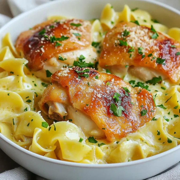 To make this dish, gather these key items: - 4 boneless, skinless chicken thighs - 2 tablespoons olive oil - Salt and pepper to taste - 1 teaspoon garlic powder - 1 teaspoon onion powder - 1 teaspoon dried thyme - 3 cups chicken broth - 2 cups egg noodles - 1 cup heavy cream - 1/4 cup grated Parmesan cheese - 2 tablespoons unsalted butter These ingredients create a rich and creamy base. The chicken adds protein, while the noodles soak up all that flavor. You can enhance the taste with these seasonings: - Salt - Pepper - Garlic powder - Onion powder - Dried thyme These spices make the chicken tasty. Thyme adds a nice herbal touch that balances the creaminess. To make your dish look even better, use these garnishes: - Fresh parsley, chopped Adding parsley gives a pop of color. It also adds a fresh flavor that brightens the dish. {{ingredient_image_1}} Start by gathering your chicken thighs. You need four boneless, skinless pieces. Rinse them lightly under cool water and pat them dry with a paper towel. This helps the seasoning stick better. Next, season each thigh with salt, pepper, garlic powder, onion powder, and dried thyme. Make sure to cover every side. This will add a lot of flavor to your dish. Now, grab a large skillet and heat two tablespoons of olive oil over medium-high heat. Once the oil is hot, add the seasoned chicken thighs to the skillet. Cook each thigh for about 5-7 minutes on one side. Flip them over and cook for another 5-7 minutes. You want them golden brown and cooked through. Once done, remove the chicken from the skillet and set it aside on a plate. This step is key for juicy chicken. In the same skillet, pour in three cups of chicken broth. Use a wooden spoon to scrape any browned bits from the bottom. This adds extra flavor. Bring the broth to a simmer. Once it’s bubbling, add two cups of egg noodles. Stir well to combine. Cook the noodles for about 8-10 minutes. They should be tender and most of the broth should be absorbed. This will create a rich noodle base. Lower the heat and pour in one cup of heavy cream. Add a quarter cup of grated Parmesan cheese. Stir until the noodles are coated and creamy. Then, toss in two tablespoons of unsalted butter. Mix until the butter melts. Now, slice the cooked chicken thighs and return them to the skillet. Gently mix everything together. Allow it to heat through for about 2-3 minutes. Taste and adjust any seasoning if needed. Finally, garnish with chopped parsley before serving. This adds a fresh touch to your meal. To cook chicken thighs well, start with good heat. Use medium-high heat for the skillet. This helps to brown the chicken nicely. Season the chicken with salt, pepper, garlic powder, onion powder, and thyme. These spices give great flavor. Cook each side for 5-7 minutes. Check that the chicken is golden brown and cooked through. Use a meat thermometer if you have one. The chicken should reach 165°F. Let the chicken rest for a few minutes before slicing. This keeps the juices inside. For creamy noodles, use heavy cream. After cooking the noodles, lower the heat. Stir in the heavy cream and Parmesan cheese. This mix makes the noodles rich and smooth. Make sure to coat all the noodles well. If it feels too thick, add a splash more chicken broth. You want the noodles creamy but not too runny. Adding butter at the end adds shine and flavor. Taste your dish as you cook. If it needs more flavor, add more salt or pepper. A pinch of garlic powder can lift the taste too. Don't forget to add fresh parsley at the end. It brightens up the dish and adds color. If you like spice, try a pinch of red pepper flakes. Adjusting flavors makes the dish your own. Enjoy making it just how you like! Pro Tips Let the Chicken Rest: After cooking, allow the chicken thighs to rest for a few minutes before slicing. This helps retain their juices, making for a more flavorful dish. Use Fresh Herbs: For an extra burst of flavor, consider adding fresh thyme or parsley instead of dried herbs. Fresh herbs can elevate the dish significantly. Check Noodle Doneness: Different brands of egg noodles may have varying cooking times. Be sure to taste-test them a minute or two before the recommended cooking time to ensure they are perfectly tender. Add a Zing: For a refreshing twist, squeeze a little lemon juice over the finished dish just before serving. It brightens the flavors beautifully. {{image_2}} If you want to switch up the chicken, you have options. You can use boneless, skinless chicken breasts. They cook faster but may dry out. You can also try turkey thighs for a leaner choice. If you're feeling adventurous, go for diced chicken sausage. This adds a nice spice to the dish. To make this dish gluten-free, swap egg noodles for gluten-free pasta. Many brands offer tasty options that cook just like regular noodles. For a low-carb version, use zucchini noodles or spaghetti squash. These alternatives keep the meal light and healthy while still being filling. You can boost the flavor of this dish with extra ingredients. Try adding sautéed mushrooms or spinach for more texture and taste. Fresh herbs like basil or dill can brighten the dish. A splash of lemon juice adds a refreshing touch. You can also mix in sun-dried tomatoes for a sweet and tangy flavor. Each addition brings a new twist to the classic one-pan chicken with buttered noodles. Store any leftover chicken and noodles in an airtight container. Make sure to let them cool down first. Keep the leftovers in the fridge. They will stay fresh for up to three days. This way, you have a tasty meal ready for lunch or dinner. To reheat, you can use a skillet or the microwave. If you use a skillet, add a splash of chicken broth to keep it moist. Heat over low until warm. In the microwave, heat in short bursts of 30 seconds. Stir between each burst to avoid hot spots. You can also freeze the dish for later. Just place the cooled chicken and noodles in a freezer-safe bag or container. Be sure to remove as much air as possible. This helps prevent freezer burn. The dish can last in the freezer for up to three months. When you’re ready to eat, thaw it in the fridge overnight before reheating. Yes, you can use many types of pasta. Try penne, fusilli, or even gluten-free pasta. Each type adds a unique texture. Just adjust the cooking time based on the pasta you choose. Make sure to cook it until tender and mix well with the sauce. To make the dish dairy-free, swap heavy cream for coconut cream or a dairy-free alternative. You can also skip the Parmesan cheese or use a dairy-free version. This keeps the dish creamy while being kind to those who avoid dairy. The flavors will still shine through. This dish pairs well with a fresh salad or steamed vegetables. You might enjoy a simple green salad with a light vinaigrette. Roasted broccoli or green beans also work great. These sides add color and nutrients, making your meal balanced and tasty. Cooking chicken thighs takes about 10-14 minutes total. First, you'll cook them for 5-7 minutes on each side. Look for a golden brown color and ensure they are cooked through. Using a meat thermometer is a great way to check. Aim for an internal temperature of 165°F. This blog explores how to make a tasty one-pan chicken with buttered noodles. We covered essential ingredients like chicken and seasonings, step-by-step cooking instructions, and tips for perfect flavors. You learned about variations, storage tips, and answers to common questions. Now, you can cook this dish with confidence, adjust it to your tastes, and enjoy it anytime. Happy cooking!