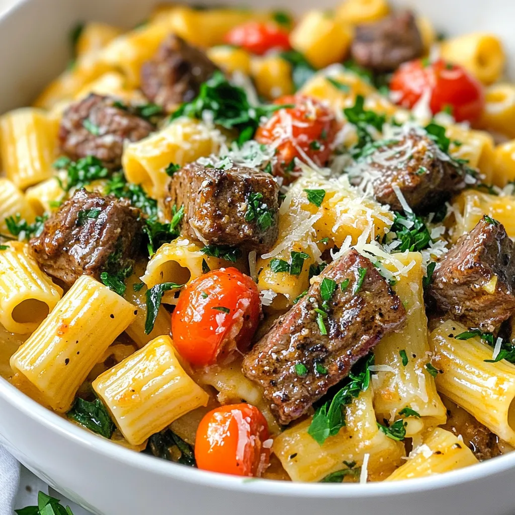 To make your Cajun Steak Tips Rigatoni, gather these items: - 1 lb steak tips (sirloin or flank steak), cut into bite-sized pieces - 2 tablespoons Cajun seasoning (store-bought or homemade) - 1 tablespoon olive oil - 12 oz rigatoni pasta - 1 cup heavy cream - 1 cup cherry tomatoes, halved - 1 cup baby spinach - 1/2 cup grated Parmesan cheese - Salt and pepper to taste - Fresh parsley, chopped (for garnish) Choosing high-quality ingredients makes a big difference. Look for fresh steak tips. Sirloin or flank steak works best for this dish. Check that the meat looks bright and has a nice marbling. Use fresh cherry tomatoes for sweetness. They should be firm and vibrant. Fresh baby spinach adds color and nutrition. Opt for good quality Parmesan cheese to enhance the flavor. Aged cheese gives a richer taste. Lastly, use extra virgin olive oil for the best results. You can use either homemade or store-bought Cajun seasoning. Store-bought is quick and easy. Check the label for quality ingredients. If you want more control over flavors, make your own. Mix paprika, cayenne, garlic powder, onion powder, and thyme. This way, you adjust the spice level to your liking. Homemade seasoning adds a personal touch. It makes the dish truly your own. {{ingredient_image_1}} Start by cutting the steak into bite-sized pieces. Use sirloin or flank steak for the best flavor. Next, take 2 tablespoons of Cajun seasoning. Sprinkle it all over the steak tips. Make sure every piece is coated well. Let the steak sit for about 15 minutes. This helps the flavors soak in. While the steak is marinating, grab a large pot. Fill it with water and add a pinch of salt. Bring the water to a boil. Add 12 ounces of rigatoni pasta to the pot. Cook the pasta until it's al dente, which means it should still have a little bite. This usually takes about 10-12 minutes. Once done, drain the pasta but save 1/2 cup of the cooking water for later. Set the rigatoni aside. Heat 1 tablespoon of olive oil in a large skillet over medium-high heat. Once hot, add the marinated steak tips. Cook for about 3-4 minutes until they are browned. Remove the steak from the skillet and set it aside. In the same skillet, add 1 cup of halved cherry tomatoes. Sauté them for about 2 minutes until they soften. Next, pour in 1 cup of heavy cream. Bring it to a simmer and reduce the heat to low. Add the cooked rigatoni and 1 cup of baby spinach to the skillet. Stir until the spinach wilts and everything combines well. Return the steak tips to the skillet. Toss everything together. If the sauce is thick, add the reserved pasta water a little at a time. Finally, stir in 1/2 cup of grated Parmesan cheese. Season with salt and pepper to taste. Cook for another 2 minutes to warm through. Let it sit for a minute to meld the flavors. To cook steak tips just right, choose sirloin or flank steak. These cuts are tender and flavorful. Season them well with Cajun seasoning. Let them marinate for 15 minutes. This step adds great flavor. When cooking, use medium-high heat. Cook for 3-4 minutes, turning once. Look for a nice brown crust. For medium-rare, the inside should reach 135°F. For a creamy sauce, heavy cream is key. Pour it into the skillet after cooking the steak and tomatoes. Let it simmer gently. This helps it thicken. If the sauce is too thick, add reserved pasta water. Start with a little and stir. Keep adding until you reach the desired creaminess. The sauce should coat the pasta well, not be runny. You can boost flavor with more ingredients. Consider adding garlic for depth. Sauté it with the tomatoes for great aroma. Fresh herbs like basil or thyme can elevate the dish. Toss them in right before serving. They add freshness and color. A squeeze of lemon juice can also brighten flavors. It adds a nice zing that balances the richness. Pro Tips Marinate for Flavor: Allow the steak tips to marinate for at least 15 minutes with the Cajun seasoning to enhance the flavor profile. Cooking Pasta: Ensure the water is well salted before boiling the rigatoni; this helps season the pasta as it cooks. Use the Right Heat: Sear the steak on medium-high heat for a nice crust while keeping it juicy inside. Avoid overcrowding the pan. Adjusting Sauce Thickness: If the sauce is too thick after adding the steak, gradually mix in reserved pasta water to achieve your desired consistency. {{image_2}} You can create a vegetarian version of Cajun steak tips rigatoni by using tofu or mushrooms. For tofu, choose firm blocks. Press the tofu to remove extra water. Cut it into bite-sized cubes. Marinate the tofu in the same Cajun seasoning. Sauté it in olive oil until golden brown. If you prefer mushrooms, use portobello or cremini. Slice them thick and sauté until tender. Both options will give you a hearty meal full of flavor. Rigatoni is great, but you can swap it for other pasta types. Penne, farfalle, or even fettuccine work well. Choose pasta based on your texture preference. Thicker pasta holds sauce better, while thinner pasta cooks faster. No matter the choice, cook according to package directions. Each pasta will give a unique twist to your dish. Seasonal vegetables can elevate your Cajun steak tips rigatoni. Think bell peppers, zucchini, or asparagus. Dice them and add them to the skillet with the cherry tomatoes. Sauté until they soften but still maintain a bite. This not only adds color but also boosts nutrition. You can mix and match based on what is fresh and available to you. Enjoy the extra crunch and flavor in your meal. After you enjoy your Cajun steak tips rigatoni, store leftovers in an airtight container. This keeps the dish fresh and safe. Let the pasta cool before sealing it. It’s best to eat leftovers within three days for the best flavor. To reheat your rigatoni, use a skillet on low heat. Add a splash of water or cream to help maintain moisture. Stir gently until heated through. Avoid the microwave if you want to keep the texture nice and creamy. You can freeze Cajun steak tips rigatoni if you want to save some for later. Use a freezer-safe container and seal it well. Label it with the date. When ready to eat, thaw it overnight in the fridge. Reheat gently as described above. This way, your meal stays delicious! You can use half-and-half or whole milk as a lighter option. If you want a dairy-free alternative, try coconut cream or cashew cream. These options will change the taste slightly but still work. Yes, you can! Cook the steak and pasta ahead of time. Store them separately in the fridge. When ready to eat, combine them and heat them in a skillet. Some great side dishes include garlic bread, a fresh green salad, or roasted vegetables. You can also serve it with coleslaw for a crunchy contrast. These sides balance the rich flavors of your dish. Cajun seasoning has a medium spice level. It usually includes paprika, cayenne, and garlic. You can adjust the spice by adding less seasoning or using a milder blend. To make it healthier, use whole grain rigatoni for more fiber. You can also add more veggies like bell peppers or zucchini. Reducing the amount of cream or cheese can cut calories while still keeping it tasty. This article covered everything you need for Cajun Steak Tips Rigatoni. We went over key ingredients, including quality options and the choice between homemade or store-bought seasonings. I shared steps for perfect steak, flavorful cream sauce, and how to cook rigatoni. Tips for getting the best results and tasty variations like vegetarian options followed. Lastly, I included advice on storing leftovers and reheating. With these insights, you can create a delicious meal that impresses. Enjoy cooking and sharing your tasty dish!