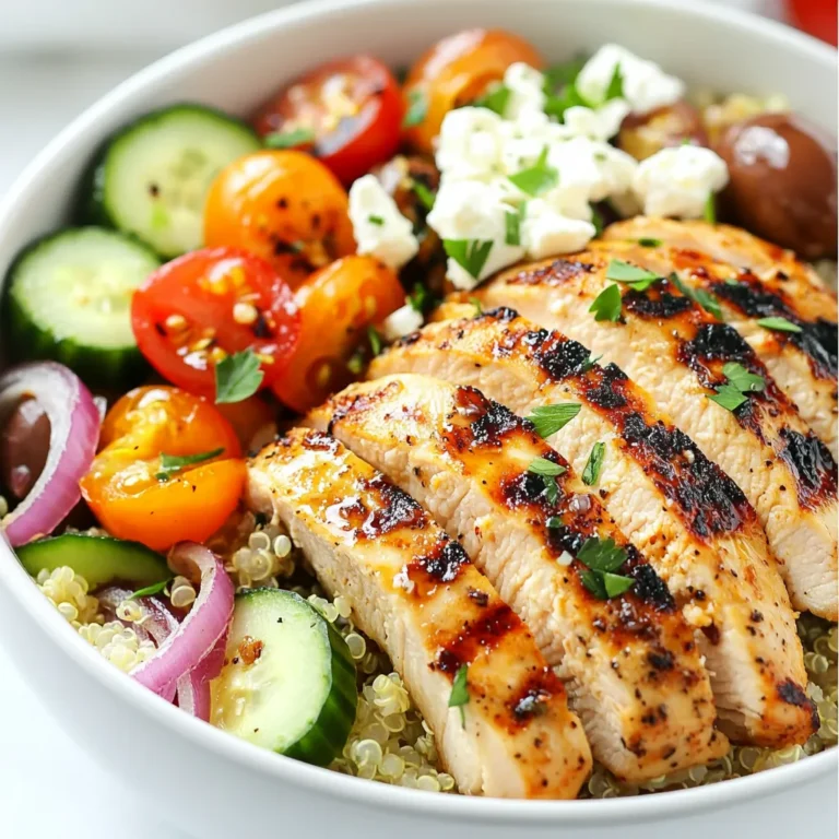 To make Simple Greek Chicken Bowls, gather these fresh ingredients: - 2 boneless, skinless chicken breasts - 2 tablespoons olive oil - 1 teaspoon dried oregano - 1 teaspoon garlic powder - Salt and pepper to taste - 1 cup cooked quinoa or couscous - 1 cup cherry tomatoes, halved - 1 cucumber, diced - 1/2 red onion, thinly sliced - 1 cup feta cheese, crumbled - 1/4 cup kalamata olives, pitted and halved - 2 tablespoons fresh lemon juice - Handful of fresh parsley, chopped The chicken needs a tasty marinade to shine. Use these items: - 2 tablespoons olive oil - 1 teaspoon dried oregano - 1 teaspoon garlic powder - Salt and pepper to taste Mix these together in a bowl. This blend gives the chicken great flavor. You can customize your bowls! Here are some fun ideas: - Avocado slices for creaminess - Roasted red peppers for extra color - Arugula or spinach for greens - Hummus for a rich dip - Extra herbs like dill or mint These add-ins let you create your perfect Greek chicken bowl! Enjoy experimenting with flavors and textures. {{ingredient_image_1}} To start, you need to marinate the chicken. In a bowl, mix olive oil, dried oregano, garlic powder, salt, and pepper. This mix gives the chicken great flavor. Add the chicken breasts to the bowl and coat them well. Let the chicken sit for at least 30 minutes. For more flavor, marinate it for up to 2 hours in the fridge. This step is key for juicy, tasty chicken. Next, you will cook the marinated chicken. Preheat your grill or skillet to medium-high heat. Cook the chicken for about 6 to 7 minutes on each side. You want the internal temperature to reach 165°F (75°C). After cooking, take the chicken off the heat and let it rest for 5 minutes. Resting helps keep the chicken juicy. While the chicken cooks, prepare the base. In a separate bowl, combine your cooked quinoa or couscous. Add cherry tomatoes, diced cucumber, thinly sliced red onion, and halved kalamata olives. Pour in the fresh lemon juice. Toss everything gently to mix. This fresh base adds color and flavor to your bowls. Now it’s time to assemble your bowls. Slice the grilled chicken into strips. In each serving bowl, layer the quinoa or couscous mix first. Then, place the sliced chicken on top. Crumble feta cheese over the chicken. Finish with a sprinkle of fresh parsley for a pop of color. This step makes your meal look beautiful. Serve the bowls warm. You can drizzle extra olive oil on top if you want. This adds richness and brings all the flavors together. Enjoy this fresh Mediterranean taste with family or friends! To keep your chicken juicy, marinate it well. Use olive oil, oregano, garlic powder, salt, and pepper. Let the chicken sit in the marinade for at least 30 minutes. If you have time, two hours in the fridge makes it even better. When cooking, don’t rush it. Cook on medium-high heat for about 6-7 minutes on each side. Always check the internal temperature. It should reach 165°F (75°C). Letting the chicken rest for 5 minutes after cooking helps keep it moist. Cooking quinoa or couscous is simple. For quinoa, use a 2:1 water-to-quinoa ratio. Bring water to a boil, then add quinoa. Reduce heat and cover. Cook for about 15 minutes, or until the water is absorbed. Fluff it with a fork after cooking. For couscous, use the same water-to-couscous ratio. Boil water, remove from heat, and add couscous. Cover and let it sit for about 5 minutes. Fluff with a fork before mixing in your veggies. To make these bowls pop with flavor, add fresh lemon juice. It brightens up all the ingredients. You can also toss in fresh herbs, like parsley or dill. They add freshness and taste. Don't forget about the feta cheese; it gives a salty and creamy kick. If you like heat, add some crushed red pepper flakes. For a richer taste, drizzle extra olive oil over the finished bowl. This makes every bite delicious! Pro Tips Marinate for Maximum Flavor: Allow the chicken to marinate for at least 2 hours in the refrigerator to enhance the flavors and tenderness. Use a Meat Thermometer: To ensure perfectly cooked chicken, use a meat thermometer to check the internal temperature reaches 165°F (75°C). Customize Your Bowl: Feel free to add other Mediterranean ingredients like roasted red peppers, artichokes, or chickpeas for extra flavor and nutrition. Fresh Herbs Matter: Fresh parsley or mint can elevate the dish’s flavor profile, so don’t skip the garnish! {{image_2}} You can easily make a tasty vegetarian version of Greek chicken bowls. Replace the chicken with roasted vegetables. Great choices include zucchini, bell peppers, and eggplant. You can also use chickpeas or lentils for protein. These options add a nice texture and flavor to your dish. If you want to switch up the protein, try using shrimp or fish. Grilled shrimp adds a nice touch with its sweet flavor. You can also use marinated tofu for a plant-based option. Just cook it until golden brown for a delicious bite. Each of these proteins pairs well with the fresh veggies and zesty dressing. For a gluten-free bowl, use quinoa or choose rice instead of couscous. Both are great bases that soak up flavors well. Ensure that any sauces or dressings you use are also gluten-free. This way, everyone can enjoy a wholesome meal without worry. Once you finish your meal, cool the leftovers quickly. Place them in an airtight container. This helps keep the food fresh. Store the Greek chicken bowls in the fridge for up to four days. If you want to keep them longer, freeze them. Just remember to let them cool before freezing. To reheat your Greek chicken bowls, remove them from the container. Place them on a microwave-safe plate. Heat it in the microwave for about 2-3 minutes. Make sure the chicken is hot all the way through. You can also use a skillet. Heat on medium until warm, adding a splash of water if needed. Meal prep makes busy days easier. Start by cooking extra chicken and quinoa or couscous. Store them separately in containers. You can mix and match toppings later. Prepare veggies like tomatoes and cucumbers ahead of time, too. Keep them fresh in the fridge. This way, you can whip up a Greek chicken bowl in no time. Yes, you can use chicken thighs. They add more flavor and stay moist. They work well in this recipe. Just adjust the cooking time. Thighs typically need a few extra minutes. Aim for an internal temperature of 165°F (75°C). To make the recipe dairy-free, skip the feta cheese. You can use avocado for creaminess instead. Another option is to add a spoonful of hummus. This keeps the texture nice and rich. If you want a feta substitute, try goat cheese or vegan cheese. These options mimic the tangy flavor well. If you prefer a nutty taste, use toasted sunflower seeds. They add crunch without dairy. For a low-carb meal, replace quinoa or couscous with cauliflower rice. Cauliflower rice is light and full of flavor. You can also add more veggies like spinach or bell peppers. This keeps the meal filling and healthy. In this article, we explored how to create delicious Greek chicken bowls. We covered the full list of ingredients, marinades, and tasty toppings. You learned step-by-step instructions for marinating and cooking chicken, preparing quinoa, and mixing everything together. I shared tips on keeping chicken juicy and ways to enhance flavor. We also discussed vegetarian options, gluten-free substitutes, and storage tips. Enjoy crafting your own Greek chicken bowls. With these clear steps, your meal will impress!