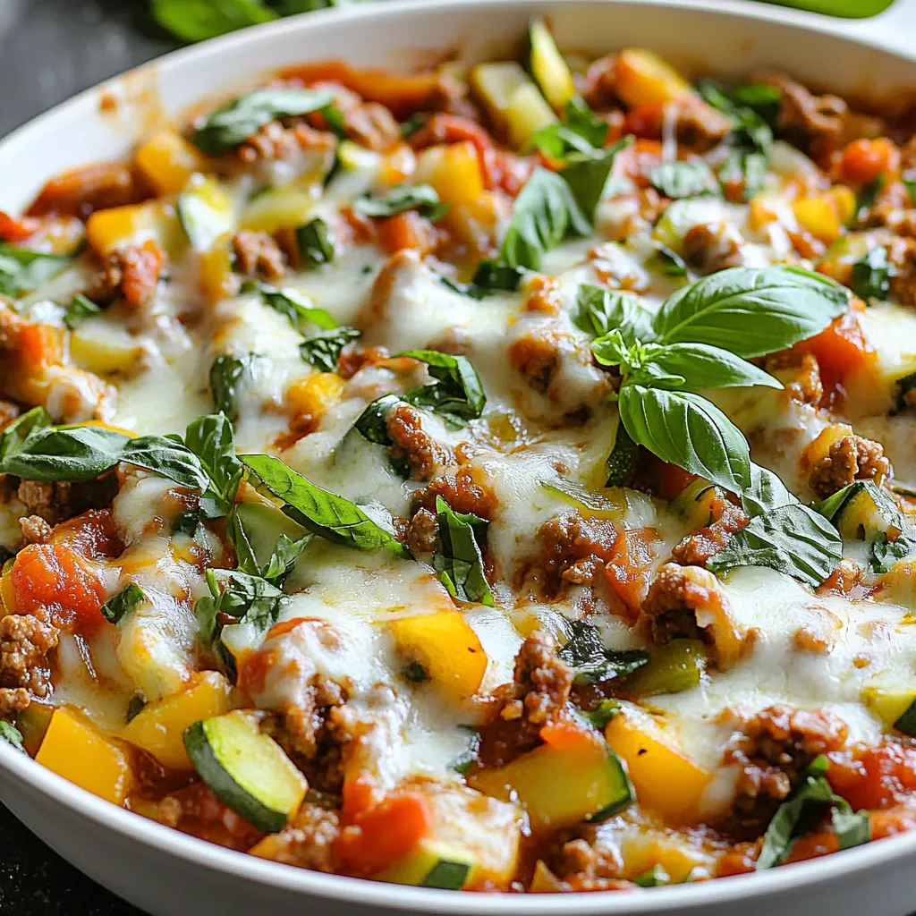 Here is what you need for the Italian Ground Turkey Skillet: - 1 pound ground turkey - 1 tablespoon olive oil - 1 onion, diced - 2 cloves garlic, minced - 1 bell pepper, diced - 1 zucchini, diced - 1 can (14 oz) diced tomatoes - 2 teaspoons Italian seasoning - 1 teaspoon red pepper flakes (optional) - Salt and pepper to taste - 1 cup spinach or kale, chopped - 1/2 cup mozzarella cheese, shredded - Fresh basil for garnish These ingredients come together to create a tasty dish. Ground turkey is lean and packed with protein. The veggies add color and nutrients. I love using fresh herbs like basil to bring out the flavors. Each bite is a mix of savory, fresh, and a little spicy if you add the red pepper flakes. This meal is quick to make and perfect for busy nights. {{ingredient_image_1}} - Heat 1 tablespoon olive oil in a large skillet over medium heat. - Add 1 diced onion and sauté for about 3-4 minutes until soft. - Stir in 2 minced garlic cloves. Cook for 1 minute until fragrant. - Add 1 pound ground turkey. Break it apart with a spatula. Cook until browned for about 5-7 minutes. - Incorporate 1 diced bell pepper and 1 diced zucchini. Cook for 5 minutes until soft. - Pour in 1 can of diced tomatoes (with juices). Sprinkle in 2 teaspoons Italian seasoning and 1 teaspoon red pepper flakes if you want heat. Stir to mix. - Add 1 cup chopped spinach or kale. Stir until it wilts, about 2 minutes. - Season with salt and pepper to taste. - Reduce heat to low and sprinkle 1/2 cup shredded mozzarella cheese on top. - Cover the skillet and let it cook until the cheese melts and bubbles. - Remove from heat and garnish with fresh basil leaves before serving. - Importance of sautéing onions and garlic: Sautéing onions and garlic builds a strong base of flavor. It brings out their natural sweetness, making the dish taste richer. Cook them until soft and fragrant before adding other ingredients. - How to achieve the best flavor from herbs: Use fresh herbs like basil for the best taste. Add dried herbs early in cooking to release their oils. Fresh herbs should go in at the end for a bright flavor. This keeps their taste strong and vibrant. - Maintaining ground turkey texture: Avoid overcooking the ground turkey. Cook just until it turns brown and no longer pink. This keeps the turkey juicy and tender. Stir it gently to break it up while cooking to keep its texture light. - Pairing with crusty bread or quinoa: Serve this skillet with warm, crusty bread to soak up the sauce. Quinoa is another great option. It adds protein and a nice texture. Both options make the meal hearty and satisfying. - Presentation ideas for a rustic meal: Serve the skillet hot right from the pan. This looks inviting and casual. You can also plate it individually. Garnish with extra cheese and fresh basil for a lovely touch. This makes the meal feel special and homemade. Pro Tips Use Lean Turkey: Opt for lean ground turkey to keep the dish healthy while still providing plenty of flavor. Customize Your Veggies: Feel free to swap in other vegetables like mushrooms or carrots based on your preference or what you have on hand. Make It Ahead: This skillet meal can be made in advance and stored in the fridge for up to 3 days, making it a great meal prep option. Add More Cheese: If you love cheese, consider mixing in some parmesan or adding layers of cheese between the veggie layers for extra richness. {{image_2}} You can swap ground turkey for other meats. Ground chicken or beef works well. For a vegetarian option, try lentils or chickpeas. These choices keep the dish tasty and filling. You can also mix up the veggies. Add broccoli, carrots, or mushrooms for extra flavor and nutrition. Use seasonal vegetables for the best taste. Try bell peppers in different colors for a colorful dish. To boost the taste, add more spices. Try oregano, thyme, or even paprika. A dash of lemon juice adds brightness, too. If you like it spicy, increase the red pepper flakes. You can switch the cheese as well. Use feta for a tangy twist, or cheddar for a richer flavor. Mixing cheese types creates depth in taste. Don't be afraid to experiment! To keep your Italian ground turkey skillet fresh, place it in an airtight container. Store it in the fridge for up to four days. Make sure to cool it down before sealing the container. If you want to keep it longer, freezing is a great option. Use a freezer-safe container or bag. This way, it can last up to three months in the freezer. When it's time to eat leftovers, the best way to reheat is on the stove. Place the skillet over low heat. Stir often to keep everything warm and moist. You can also use a microwave. If you do, cover the dish to trap steam. This helps maintain moisture. Avoid reheating too long, as it can dry out the turkey or vegetables. Can I use a different type of meat? Yes, you can. Ground chicken or beef works well too. Just adjust cooking times slightly. How can I make this dish spicier? To add heat, use more red pepper flakes. You can also add chopped jalapeños or hot sauce. Is this recipe suitable for meal prep? Absolutely! This dish stores well. You can make it ahead and reheat for quick meals. General calorie count per serving Each serving has about 350 calories. This count may vary with added ingredients. Health benefits of key ingredients - Ground turkey: A lean protein source, low in fat. - Spinach: Rich in vitamins A, C, and K, plus iron. - Bell peppers: High in vitamin C, great for immunity. - Zucchini: Low in calories and high in fiber. This dish is not only tasty but also packed with nutrients to fuel your day! This recipe for ground turkey is simple and full of flavor. We covered each ingredient needed, from turkey to fresh basil, and outlined clear steps for preparation. I shared tips for cooking and serving, plus variations to keep things interesting. Storing leftovers safely ensures you enjoy this meal later, too. Remember, cooking can be fun and easy. With a few tweaks, you can make this dish your own and impress everyone at the table. Enjoy every bite and get creative in the kitchen!