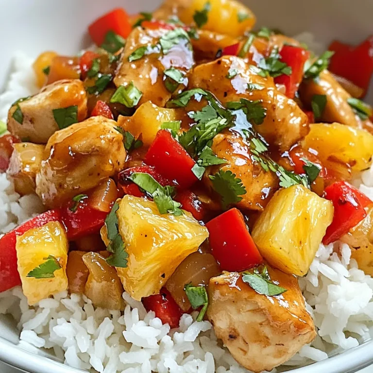 - 2 boneless, skinless chicken breasts, diced - 1 cup jasmine rice - 1 ½ cups chicken broth - 1 cup fresh pineapple, diced - 1 red bell pepper, diced - 1 small red onion, finely chopped - 3 cloves garlic, minced - 2 tablespoons soy sauce - 1 tablespoon honey - 1 teaspoon fresh ginger, grated - 2 tablespoons olive oil - Salt and pepper to taste - Fresh cilantro for garnish When choosing chicken, look for fresh, high-quality breasts. They should feel firm and moist. For the rice, jasmine rice offers the best aroma and texture. Fresh pineapple gives a sweet and tangy flavor. Make sure it is ripe and fragrant. For the vegetables, always pick vibrant bell peppers and crisp onions. Using fresh garlic and ginger enhances the dish's overall taste. If you can’t find jasmine rice, use basmati rice or even brown rice for a healthier option. For chicken broth, vegetable broth works well for a lighter flavor. You can swap fresh pineapple for canned pineapple, but drain it well to avoid excess liquid. If you prefer a different protein, try shrimp or tofu. For a gluten-free option, replace soy sauce with tamari. {{ingredient_image_1}} Start by rinsing the jasmine rice in cold water. This removes excess starch and helps keep the rice fluffy. In a medium saucepan, combine the rinsed rice with 1 ½ cups of chicken broth. Bring this mixture to a boil. Once boiling, reduce the heat to a simmer. Cover the pot and cook for about 15 minutes. This will let the rice absorb the broth. When the rice is tender, fluff it gently with a fork and set it aside. Next, grab a large skillet and heat 2 tablespoons of olive oil over medium-high heat. Add the diced chicken to the hot skillet. Season it with salt and pepper to taste. Cook the chicken for 5 to 7 minutes. You want it to turn golden brown and be fully cooked. Once done, remove the chicken from the skillet and keep it warm while you cook the vegetables. In the same skillet, add the finely chopped red onion and diced red bell pepper. Sauté these for about 3 to 4 minutes. You want them soft and fragrant. Then, add the minced garlic and grated ginger. Cook these for another minute. This will release their wonderful aromas, adding depth to your dish. Now, return the cooked chicken to the skillet. Pour in the soy sauce and honey, stirring well to coat the chicken and vegetables. Next, add in the diced pineapple. Gently mix everything together. Let the dish cook for an additional 2 to 3 minutes. This will heat through all the ingredients and blend the flavors perfectly. When ready to serve, place a generous scoop of fluffy jasmine rice on each plate. Top it off with the sweet and savory pineapple chicken mixture. For a final touch, sprinkle fresh cilantro on top. Enjoy your delicious dinner delight! To get fluffy jasmine rice, rinse it under cold water. This removes extra starch. Use a medium saucepan, and mix one cup of rice with one and a half cups of chicken broth. Bring it to a boil, then lower the heat. Cover the pot and let it simmer for about 15 minutes. This time allows the rice to absorb the broth. After cooking, fluff the rice with a fork for the best texture. Enhancing flavor makes this dish shine. Use fresh ingredients like garlic and ginger for a bright taste. Sauté the onion and bell pepper until soft. This step adds depth to the meal. When you add soy sauce and honey, mix well. This combination brings a sweet and salty balance. Finally, toss in the fresh pineapple. It adds a tropical twist and brightens every bite. Using the right tools can make cooking easier. A medium saucepan works best for the rice. A large skillet is ideal for cooking the chicken and veggies. Choose a sharp knife for easy chopping. A cutting board helps keep your workspace tidy. Lastly, having a fork to fluff the rice is essential. These tools will help you create a tasty Pineapple Chicken and Rice dish with ease. Pro Tips Marinate the Chicken: For extra flavor, marinate the diced chicken in soy sauce, honey, and ginger for at least 30 minutes before cooking. Use Fresh Pineapple: Fresh pineapple adds a vibrant sweetness to the dish; canned pineapple can work in a pinch but may alter the texture. Adjust Spice Levels: If you prefer a spicier kick, add red pepper flakes or sliced jalapeños when sautéing the vegetables. Serve with Lime: A squeeze of fresh lime juice over the dish before serving enhances the tropical flavors beautifully. {{image_2}} You can make Pineapple Chicken and Rice even more fun. Try adding mango or papaya. These fruits add a sweet touch. You can also use coconut milk instead of chicken broth. This gives a creamy flavor. Consider adding cashews for a crunchy bite. The extra textures make each bite special. You can cook this dish in different ways. A slow cooker works great for busy days. Just add all the ingredients and let it cook. You can also grill the chicken for a smoky taste. Another option is to bake it in the oven. Bake at 375°F for about 25 minutes. This keeps the chicken juicy and tender. If you need gluten-free options, use tamari instead of soy sauce. This keeps the flavors while being safe for diets. For a vegetarian version, swap chicken for tofu or chickpeas. Cook these the same way to soak up flavors. You can also use vegetable broth instead of chicken broth. This way, everyone can enjoy this tasty meal. After enjoying Pineapple Chicken and Rice, you might have some leftovers. To keep them fresh, place the food in an airtight container. Let it cool down before sealing the lid. Store the container in the fridge. It will stay good for about three to four days. If you want to save Pineapple Chicken and Rice for later, freezing is a great option. First, cool the dish completely. Then, transfer it to a freezer-safe container or bag. Press out as much air as you can. Label it with the date. This meal can last up to three months in the freezer. When ready to eat your frozen Pineapple Chicken and Rice, take it out of the freezer. Let it thaw in the fridge overnight. You can reheat it in the microwave or on the stove. If using the stove, add a splash of chicken broth to keep it moist. Heat it until it is hot all the way through. Enjoy every bite! Yes, you can use canned pineapple! Canned pineapple saves time and effort. It also adds a sweet touch to your dish. Just make sure to drain the juice before adding it. This helps keep the dish from getting too watery. Fresh pineapple gives a crunch and bright flavor, but canned works well, too. You can enjoy Pineapple Chicken and Rice with many sides. Here are some tasty options: - Steamed broccoli adds a nice crunch and color. - A simple green salad offers freshness and balance. - Roasted sweet potatoes bring out the dish's sweetness. - Garlic bread is great for mopping up the sauce. Choose any of these sides to make your meal even better! To serve more people, just increase the ingredients. For every two extra servings, add: - 1 extra chicken breast - 1 cup of jasmine rice - 1 cup of chicken broth - ½ cup of diced pineapple - ½ red bell pepper - 1 small red onion - 1 clove of garlic - 1 tablespoon of soy sauce - ½ tablespoon of honey These changes keep the flavors balanced. Adjust seasoning as needed, too. Enjoy sharing this delightful dish! This blog post covered key elements for making Pineapple Chicken and Rice. We explored ingredients, cooking steps, and expert tips. Quality matters when choosing ingredients. You can customize flavors and methods to fit your needs. Storing leftovers properly keeps your dish fresh. Remember, you can always adjust the recipe to suit your taste. Cooking should be fun and flexible. Now you have the tools to create a delicious meal anytime!