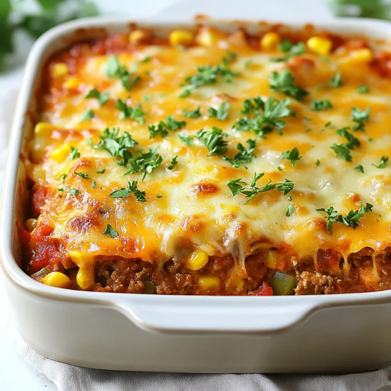 - 1 lb ground beef - 1 cup breadcrumbs - 1 small onion, finely chopped - 2 cloves garlic, minced The main ingredients are key to the flavor of the casserole. I use ground beef for its rich taste. Breadcrumbs help bind everything together. The onion and garlic add a nice depth of flavor. - 1 tablespoon Worcestershire sauce - 1 teaspoon Italian seasoning - 2 cups shredded cheddar cheese - 1 cup marinara sauce - 1 cup green bell pepper, diced - 1 cup corn kernels (fresh or canned) Worcestershire sauce gives a savory kick. Italian seasoning brings in great herbs. The cheddar cheese melts beautifully and creates a creamy layer. Marinara sauce adds moisture and tang. Diced bell pepper and corn add color and texture. - Fresh parsley Fresh parsley is a nice touch. It adds color and a hint of freshness. Just chop a bit and sprinkle it on before serving. {{ingredient_image_1}} Start by setting your oven to 350°F (175°C). This temperature helps the meatloaf cook evenly. Preheating is key to a great bake. In a large bowl, mix together the following ingredients: - 1 lb ground beef - 1 cup breadcrumbs - 1 small onion, finely chopped - 2 cloves garlic, minced - 1 egg - 1 tablespoon Worcestershire sauce - 1 teaspoon Italian seasoning - Salt and pepper to taste Use your hands or a spoon to blend everything well. It should be thick but not dry. Once mixed, transfer the meatloaf mixture into an 8x8 inch baking dish. Press it flat across the bottom. Bake in the preheated oven for 25 minutes. This step locks in the flavors. After 25 minutes, take the dish out. Spread 1 cup of marinara sauce evenly over the meatloaf. Next, sprinkle on: - 1 cup diced green bell pepper - 1 cup corn kernels (fresh or canned) This adds color and taste to your dish. Now, it’s time for the fun part! Top the casserole with 2 cups of shredded cheddar cheese. Make sure to spread the cheese evenly. This helps every bite be cheesy and delicious. Return the casserole to the oven. Bake for another 15-20 minutes. You’ll know it’s done when the cheese is melted and bubbly. Enjoy the rich aroma filling your kitchen! To keep your meatloaf from drying out, use lean ground beef. Mix in breadcrumbs to add moisture. Onions and garlic also help bring flavor and juiciness. Be sure to mix everything well but avoid overworking the meat. This keeps the texture tender. Use a timer to bake it for 25 minutes. This gives you a nice base before adding other layers. Choosing the right cheese is key to a great cheesy meatloaf casserole. I recommend sharp cheddar cheese for its rich flavor and great melt. Mozzarella also works well if you want a stretchy texture. Feel free to mix cheeses for more depth. Just ensure they melt nicely for that gooey finish. Pair your casserole with fresh sides to balance the richness. A simple green salad with vinaigrette adds a nice crunch. Roasted vegetables also complement the dish well. Mashed potatoes can make the meal more filling. Choose sides that brighten the plate and enhance the flavors. Pro Tips Use Fresh Ingredients: Always opt for fresh vegetables and high-quality ground beef for the best flavor and texture in your casserole. Add Extra Cheese: For an even cheesier dish, consider adding a layer of mozzarella cheese along with the cheddar for a melty, gooey topping. Mix It Up: Feel free to customize the vegetables! Spinach, mushrooms, or zucchini can be great additions for extra nutrition and flavor. Let It Rest: Allow the casserole to sit for a few minutes after baking. This helps it set up and makes serving easier. {{image_2}} You can use ground turkey instead of beef. It makes a lighter dish. For a plant-based option, try lentils or chickpeas. They add good protein and flavor. Just mash them well with your other ingredients. You still get that tasty meatloaf vibe, but it’s healthier! Love heat? Add diced jalapeños or a splash of hot sauce. This brings a nice kick to the dish. You can also mix in some cayenne or chili powder. Adjust the heat to your liking, but remember, a little goes a long way! Switch up the sauces to change the flavor. Use barbecue sauce for a sweet twist. Or try a spicy marinara for extra zest. Experiment with different seasoning blends like taco or curry powder. Each option can make your casserole taste brand new! To store your Cheesy Meatloaf Casserole, wait until it cools. Then, cover it tightly with plastic wrap or aluminum foil. You can also use an airtight container. Place it in the fridge. It stays fresh for about 3 to 4 days. Always label it with the date. This helps you keep track of how long it has been stored. To reheat, take out the portion you want. Place it in a microwave-safe dish. Cover it with a damp paper towel. Heat it on medium power for 1 to 2 minutes. Check if it’s warm all the way through. If you prefer the oven, set it to 350°F (175°C). Bake for about 15 minutes. This keeps the cheese melty and delicious. You can freeze the casserole if you want to save it for later. Cut it into portions and wrap each piece in plastic wrap. Then, put them in a freezer bag. Make sure to label the bags with the date. When you’re ready to eat, take a piece out and thaw it in the fridge overnight. You can reheat it once it’s thawed. This way, you enjoy a homemade meal anytime. Yes, you can! Feel free to switch up the cheese. Here are some tasty options: - Monterey Jack - Mozzarella - Gouda - Pepper Jack for a kick Each cheese brings a unique flavor. Experiment and find your favorite! Look for a few clear signs: - The cheese should be melted and bubbly. - The edges may turn golden brown. - A meat thermometer should read 160°F (70°C) in the center. Trust your eyes and the thermometer for the best result! Absolutely! Here are some tips: - Mix the meatloaf and layer everything in the dish. - Cover it and store it in the fridge for up to 24 hours. - When ready, bake it straight from the fridge. Just add a few extra minutes to the time. This makes meal time easy and stress-free! This blog post guides you through making a delicious meatloaf casserole. We discussed the key ingredients like ground beef, garlic, and cheese. I provided step-by-step instructions, from preheating the oven to layering with marinara. We also explored tips to make it perfect and various ways to customize the dish. Enjoy experimenting with flavors and techniques. Whether you're cooking for family or friends, this casserole will impress everyone. Embrace your creativity in the kitchen and have fun making it your own!