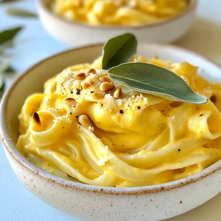 To make Pumpkin Sage Pasta, you will need the following ingredients: - 12 oz fettuccine or your pasta of choice - 1 cup pumpkin puree (canned or fresh) - 2 tablespoons unsalted butter - 1 tablespoon olive oil - 3 cloves garlic, minced - 1 small onion, finely chopped - 1 teaspoon fresh sage, chopped (or ½ teaspoon dried sage) - ½ cup vegetable broth - ½ cup heavy cream (or coconut cream for a vegan option) - ½ cup grated Parmesan cheese (or nutritional yeast for a vegan option) - Salt and pepper to taste - Fresh sage leaves for garnish - Toasted pine nuts for topping (optional) If you want to change things up, here are some choices: - Pasta: Use whole wheat or gluten-free pasta. - Pumpkin: Substitute butternut squash puree for a different flavor. - Cream: Use almond milk or cashew cream for a lighter sauce. - Cheese: Try feta or goat cheese for a tangy twist. - Nuts: Walnuts or pecans can replace pine nuts for crunch. Look for fresh and organic ingredients whenever possible. - Pumpkin Puree: Choose canned puree with no added sugar. If using fresh, roast it first. - Sage: Fresh sage adds more flavor. Look for vibrant leaves at your local market. - Cheese: Buy high-quality Parmesan for the best taste. Look for it at specialty cheese shops. - Pasta: Select pasta made from whole grains for added nutrition. Most grocery stores carry these. This list will help you gather what you need for a creamy, flavorful dish. Enjoy your cooking! {{ingredient_image_1}} Begin by boiling a large pot of salted water. Add 12 ounces of fettuccine or your favorite pasta. Cook it according to the package instructions until it’s al dente. Keep about 1 cup of the pasta water before draining and setting the pasta aside. In a large skillet, heat 1 tablespoon of olive oil and 2 tablespoons of unsalted butter over medium heat. Once melted, add 1 small finely chopped onion. Cook for about 3-4 minutes until the onion turns translucent. Then, add 3 cloves of minced garlic and 1 teaspoon of chopped fresh sage. Cook for another minute until you smell a lovely aroma. Next, stir in 1 cup of pumpkin puree and 1/2 cup of vegetable broth. Mix everything well and let it simmer for about 5 minutes. This allows the flavors to blend nicely. After that, reduce the heat to low and pour in 1/2 cup of heavy cream. Stir continuously for another 3-4 minutes until the sauce thickens. Now it’s time to combine! Add the cooked pasta to the skillet, tossing to coat it evenly with the creamy pumpkin sauce. If the sauce is too thick, slowly add some reserved pasta water until you reach your desired consistency. Plate the pasta in bowls. For a nice touch, garnish it with fresh sage leaves and optional toasted pine nuts. This adds great texture and flavor. Serve warm and enjoy your delicious pumpkin sage pasta! To get the right creaminess, use heavy cream. If you prefer a vegan option, coconut cream works well too. Add the cream slowly after mixing the pumpkin and broth. This helps it blend smoothly. Keep the heat on low to avoid curdling. If the sauce is too thick, mix in reserved pasta water. This keeps it creamy without losing flavor. You can enhance the taste with a few simple changes. Try adding a pinch of nutmeg for warmth. A squeeze of lemon juice adds brightness. For a savory twist, mix in some sautéed mushrooms. If you like a bit of heat, red pepper flakes can spice things up. Fresh herbs, like thyme or rosemary, give a nice touch too. Many cooks make the same mistakes. One common error is cooking the pasta too long. It should be al dente, or slightly firm. Another mistake is not reserving enough pasta water. This water helps adjust the sauce's thickness. Lastly, don’t skip the cheese. It adds depth to the dish. Always taste and adjust salt and pepper before serving. Pro Tips Use Fresh Sage: Fresh sage has a more vibrant flavor compared to dried. If possible, use fresh sage for a more aromatic dish. Pasta Water is Key: Always reserve some pasta water before draining. It can help adjust the sauce's consistency and add flavor. Toasting Pine Nuts: Toast the pine nuts in a dry pan until golden before adding them as a topping. This enhances their flavor and adds crunch. Make it Vegan: Substitute heavy cream with coconut cream and Parmesan cheese with nutritional yeast for a delicious vegan alternative. {{image_2}} You can easily make this dish vegan. Replace the heavy cream with coconut cream. Use nutritional yeast instead of Parmesan cheese. These swaps keep the creaminess while adding new flavors. The pumpkin still shines through. If you need a gluten-free meal, choose gluten-free pasta. Many brands offer great options that taste good. Just follow the package directions for cooking time. The sauce and flavors stay delicious, so you won’t miss the gluten. Feel free to mix up the herbs. Thyme or rosemary can add a nice twist. You can also toss in spinach or kale for extra greens. Try adding toasted walnuts or pecans for crunch. These changes keep the dish fresh and exciting every time you make it. To store leftovers, let the pasta cool first. Place it in an airtight container. This keeps it fresh longer. You can store it in the fridge for up to three days. Make sure to label the container with the date. Reheat the pasta on the stove for best results. Add a splash of vegetable broth or water to prevent it from drying out. Heat over low to medium heat, stirring often. You can also use the microwave. Cover the dish with a damp paper towel to keep moisture in. Heat in short bursts, stirring in between. You can freeze Pumpkin Sage Pasta for later. Just make sure it is cool before freezing. Place it in a freezer-safe container, leaving some space for expansion. It can last in the freezer for about two months. To reheat, let it thaw in the fridge overnight before warming it up. Yes, you can use fresh pumpkin. Start by cooking the pumpkin until it's soft. Then, blend it until smooth. This adds a fresh flavor. Just make sure to measure one cup for the recipe. Fettuccine is my favorite for this dish. It holds sauce well. You can also use penne or farfalle. Choose any pasta you like, but pick one that has ridges for better sauce cling. To spice things up, add red pepper flakes. Start with a pinch and taste. You can also use a spicy sausage or sauté jalapeños with the onion. This gives the dish a nice kick. Yes, other cheeses work great! Try pecorino for a sharper taste. Nutritional yeast is a good vegan choice. It adds a cheesy flavor without dairy. Feel free to experiment with your favorites. Pumpkin Sage Pasta can be healthy! Pumpkin is full of vitamins and fiber. Use whole wheat pasta for more nutrients. You can also swap heavy cream with coconut cream for a lighter dish. This blog post detailed the key ingredients and steps for making Pumpkin Sage Pasta. We discussed how to source ingredients, cook the pasta perfectly, and enhance flavors. You learned tips for creaminess and avoiding common mistakes. Variations for vegan and gluten-free options add fun twists. Remember, storing and reheating leftovers keeps your dish fresh. Enjoy your cooking! With these easy steps, you'll impress everyone with this comforting meal.