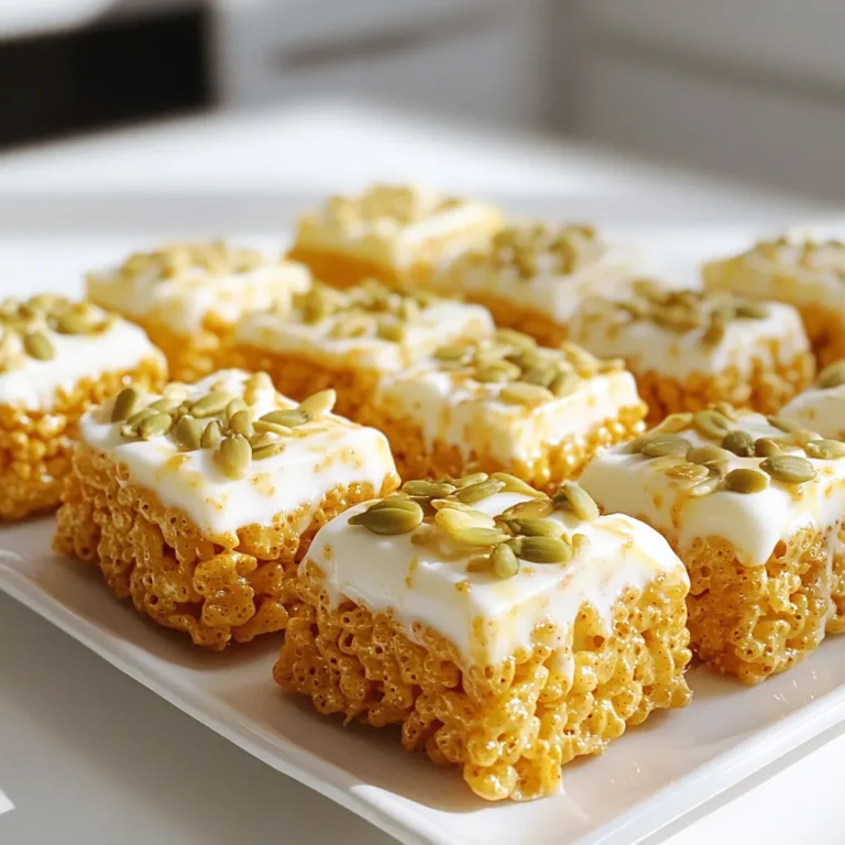 For these tasty Pumpkin Spice Rice Krispie Treats, you will need: - 4 cups Rice Krispies cereal - 5 tablespoons unsalted butter - 1 package (10 ounces) miniature marshmallows - 1 teaspoon pumpkin pie spice - 1/2 cup canned pumpkin puree - 1 teaspoon vanilla extract - 1/2 cup white chocolate chips (optional) - 1/4 cup pumpkin seeds (optional, for topping) These ingredients come together to create a fun and festive treat that is easy to make. The pumpkin puree adds a rich flavor, while the pumpkin pie spice gives it that warm, autumn taste. When buying these ingredients, I recommend using high-quality brands for the best flavor: - Rice Krispies: Kellogg's is the classic choice. - Miniature Marshmallows: Look for Jet-Puffed for consistent results. - Unsalted Butter: Choose brands like Land O'Lakes for creamy goodness. - Canned Pumpkin: Libby's offers a great flavor and smooth texture. Using these brands can help you achieve the best taste and texture for your treats. To make your treats even more special, consider these add-ins: - White chocolate chips add a sweet, creamy layer. - Pumpkin seeds on top add a nice crunch and extra flavor. - You can also fold in some chopped nuts or dried fruit for extra texture. These options allow you to customize your treats and make them your own. Enjoy experimenting with different flavors! Start by gathering your tools. You need a large saucepan, a spatula, and a 9x13 inch baking dish. Grease the baking dish with cooking spray or butter. This step helps the treats come out easily later. Make sure your workspace is tidy. A clean area makes cooking more fun. Place the saucepan on low heat. Add the unsalted butter first. Let it melt slowly. Once melted, add the miniature marshmallows. Stir them constantly until they turn smooth. After that, take the saucepan off the heat. Mix in pumpkin pie spice, pumpkin puree, and vanilla extract. Stir well until everything blends nicely. Now, it’s time to add the Rice Krispies. Fold them into the melted mixture gently. Make sure each piece gets coated well. If you want, stir in white chocolate chips. Next, pour everything into the greased baking dish. Use lightly greased hands or a spatula to press it down. Be gentle; don’t pack it too tight. Let the treats cool at room temperature. Once cooled, you can sprinkle pumpkin seeds on top for a nice crunch. Cut them into squares or rectangles when ready to serve. To get the best texture, be gentle when mixing. Fold the Rice Krispies into the marshmallow mix slowly. Over-mixing can make them tough. When pressing into the pan, use greased hands to avoid sticking. Press just enough to hold them together but not too hard. This keeps them soft and chewy. One common mistake is using too much heat. Always melt butter and marshmallows on low heat. If you cook them too fast, they can burn. Another mistake is not greasing the pan well. If the treats stick, they can break apart when you cut them. Finally, don’t skip the cooling time. If you cut them too soon, they may crumble. Serve your treats on a pretty plate. You can sprinkle extra pumpkin pie spice on top for flair. For a crunch, add pumpkin seeds as a topping. You can even wrap them in clear bags with ribbons for gifts. They look great and taste even better! {{image_2}} You can add a fun twist to your treats with chocolate. Just mix in 1/2 cup of chocolate chips with the marshmallows. This adds a rich layer of flavor. The chocolate pairs well with the pumpkin spice. It makes each bite a bit sweeter. To make these treats gluten-free, swap Rice Krispies for a gluten-free rice cereal. Many brands offer great options. Check the labels to ensure they are gluten-free. The rest of the recipe stays the same. You still get the yummy pumpkin flavor without any gluten. For a vegan version, you'll need to replace the butter and marshmallows. Use a plant-based butter and vegan marshmallows. Both are easy to find at most stores. Stick with the pumpkin puree and spices. You still get that warm, cozy taste of fall. To keep your Pumpkin Spice Rice Krispie Treats fresh, store them in an airtight container. Line the container with parchment paper for easy removal. Avoid stacking the treats directly on top of each other to prevent sticking. If you want to keep them extra fresh, add a piece of bread to the container. The bread helps absorb moisture and keeps the treats soft. When stored properly, these treats can last about a week at room temperature. If you place them in the fridge, they might last up to two weeks. However, note that refrigeration can change their texture, making them a bit firmer. You can always let them sit at room temperature before serving. If your treats get too hard, you can soften them. Place a damp paper towel over the treats and microwave them for about 10 seconds. This adds moisture and makes them chewy again. Just be careful not to overheat them; they can get too sticky. Enjoy your treats warm for a cozy snack! Yes, you can use fresh pumpkin. Cook the pumpkin until soft. Then, mash it well. This will give you a fresh taste. Just remember to drain any excess water. Canned pumpkin is thicker and smoother, making it easier to mix. To make these treats less sweet, reduce the marshmallows. You can use 8 ounces instead of 10 ounces. You can also skip the white chocolate chips. Adding more pumpkin can balance the sweetness, too. The pumpkin adds flavor without much sugar. You can use other cereals if you want. Try crispy rice cereal or corn flakes. Both will give a nice crunch. For a healthier option, use puffed brown rice. This will change the flavor a bit, but still taste great. Yes, you can freeze these treats. Wrap them tightly in plastic wrap or foil. Then, place them in a freezer bag. They can last up to three months in the freezer. When ready to eat, let them thaw at room temperature. This blog post covered everything you need to make delicious Pumpkin Spice Rice Krispie Treats. We explored key ingredients, helpful brands, and optional add-ins. I shared step-by-step instructions for preparation, melting, and cooling. You learned tips for the best texture and common mistakes. We even discussed fun variations and proper storage methods. As you try this treat, keep it fun and simple. Enjoy making it your own!