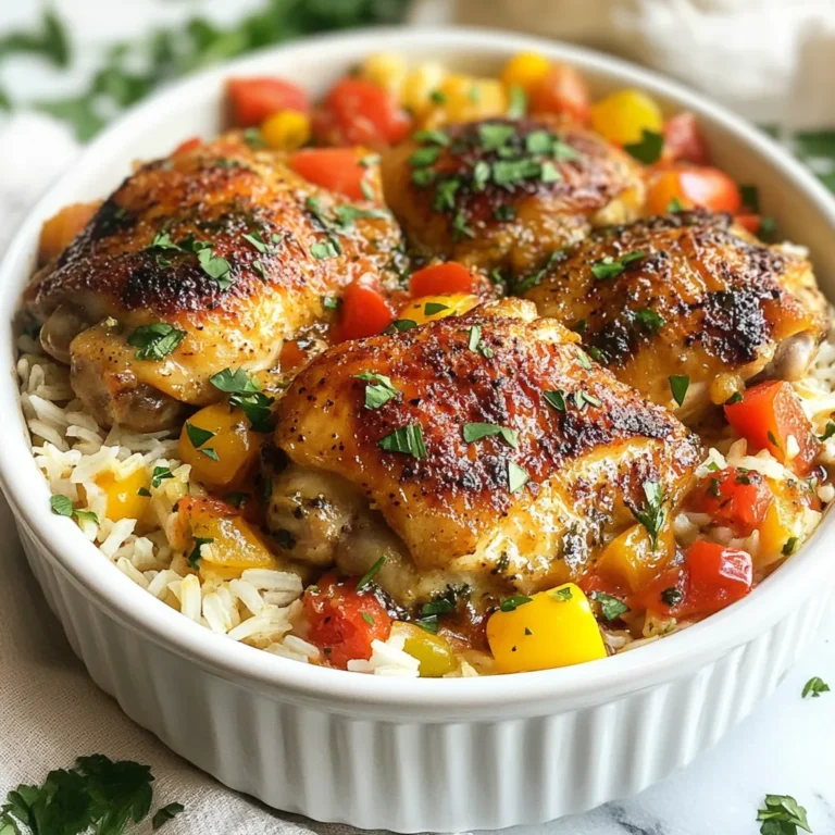 - 4 boneless, skinless chicken thighs - 1 cup long-grain rice - 1 onion, diced - 2 garlic cloves, minced - 1 bell pepper (any color), diced - 1 cup low-sodium chicken broth - 1 can (14 oz) diced tomatoes, with juices - 1 cup heavy cream For the main ingredients, chicken thighs add flavor and juiciness. Long-grain rice gives the dish a nice texture. The onion, garlic, and bell pepper create a savory base. The broth and diced tomatoes add moisture and depth. - 1 teaspoon smoked paprika - 1 teaspoon dried thyme - Salt and pepper to taste - 1 tablespoon olive oil The smoked paprika and thyme bring warmth and earthiness. Salt and pepper enhance all the flavors. Olive oil is key for cooking the chicken and veggies. - Fresh parsley, chopped Fresh parsley adds a pop of color. It also brings a fresh flavor that brightens the dish. You can sprinkle it on just before serving for a beautiful touch. {{ingredient_image_1}} - Searing the Chicken Thighs First, heat olive oil in a large skillet over medium heat. Season the chicken thighs with salt, pepper, and smoked paprika. This adds a nice flavor. Sear the chicken for about 5 minutes on each side. Look for a golden brown color. Once done, remove the chicken and set it aside. - Seasoning Tips Use fresh spices to boost flavor. Smoked paprika gives a nice smoky taste. Salt and pepper are key for enhancing all other flavors. Don’t be shy; season well! - Sautéing the Mixture In the same skillet, add the diced onion, minced garlic, and diced bell pepper. Sauté these for 3-4 minutes. You want the vegetables to soften and get fragrant. This step builds the base of your dish. - Toasting the Rice Now, add the long-grain rice to the skillet. Stir it into the vegetables for 1-2 minutes. Toasting the rice adds a nutty flavor. It helps the rice absorb all the delicious juices later on. - Adding Liquids Pour in the low-sodium chicken broth and the can of diced tomatoes (with juices). Stir well to combine. This creates a rich, flavorful sauce. Bring the mixture to a simmer. - Cooking On Low Heat Return the seared chicken to the skillet. Nestle it into the rice mixture. Cover the skillet with a lid. Now, reduce the heat to low and cook for 20-25 minutes. This allows the chicken to cook through and the rice to become tender. If you smell something amazing, you’re doing it right! Avoiding Overcooking To avoid overcooking, you need to watch the timing closely. When you sear the chicken, cook it for about 5 minutes on each side. This gives it a nice golden color. After that, the chicken will finish cooking in the rice mixture. Make sure to cover the skillet to keep the moisture in. This will keep the chicken juicy and tender. Ensuring Creamy Texture The heavy cream is key for a creamy texture. After the rice absorbs most of the liquid, drizzle the cream over the dish. Stir it gently to mix it in. Let it heat through for about 5 minutes. This will make the dish rich and smooth. Prepping Ingredients Ahead You can save time by prepping the ingredients ahead of time. Dice the onion, bell pepper, and garlic the day before. Store them in the fridge. Measure out the rice and broth as well. This makes cooking quicker and less stressful. Meal Prep Tips This dish is perfect for meal prep. You can make a big batch and store it in containers. It keeps well in the fridge for a few days. When you're ready to eat, just reheat it on the stove or in the microwave. Add a splash of water or broth to keep it moist. Presentation Tips for a Beautiful Dish Serve this dish in shallow bowls. Place a piece of chicken on a bed of creamy rice. This looks nice and makes it easy to eat. Garnish with fresh parsley for a pop of color. This adds freshness and makes the dish look inviting. Pairing Suggestions This meal pairs well with a simple green salad. A side of steamed vegetables also works great. These sides add crunch and balance the creamy rice. Enjoy your meal with a light drink, like iced tea or lemonade. Pro Tips Rest the Chicken: Allow the chicken to rest for a few minutes after cooking. This helps retain its juices and ensures a moist texture when served. Customize the Vegetables: Feel free to add or substitute other vegetables like zucchini or carrots based on your preference. This adds variety and nutrition to the dish. Use Fresh Herbs: For an extra burst of flavor, add fresh herbs such as thyme or basil just before serving. This enhances the dish's aroma and taste. Check Rice Doneness: Before serving, check the rice for doneness. If it’s still firm, add a splash of additional broth and simmer until fully cooked. {{image_2}} Different Cuts of Chicken You can use various cuts of chicken for this recipe. If you prefer chicken breasts, they work well too. Just remember, breasts may cook faster than thighs. Adjust the cooking time to ensure they don’t dry out. If you want more flavor, try using bone-in, skin-on chicken. The skin adds richness. Alternative Grains While long-grain rice is a classic choice, you can swap it for other grains. Quinoa is a great option that adds protein. Brown rice gives a nutty flavor and is heartier. Just note that cooking times will vary. Always check the water needed for different grains. Adding Spices Want to spice things up? You can add cayenne pepper for heat or cumin for warmth. These spices blend well with the smoky flavor of paprika. Experiment and find the balance that suits your taste. A little extra garlic can also add depth if you love that flavor. Incorporating Vegetables Feel free to mix in more vegetables. Carrots, peas, or even spinach can add color and nutrition. Just chop them small and add them when you sauté the onion and bell pepper. This way, they cook evenly and blend into the dish nicely. Gluten-Free Options If you need a gluten-free meal, use gluten-free grains like quinoa or rice. Always check your broth to ensure it’s gluten-free, as some brands may contain gluten. This way, you can enjoy a tasty dish without worry. Dairy-Free Modifications To make this dish dairy-free, switch out the heavy cream for coconut milk. This adds a nice flavor and keeps the dish creamy. You might also try using a dairy-free cream alternative. Just be sure to check the labels for any added sugars or flavors. To store leftovers safely, let the chicken and rice cool down first. Place them in an airtight container. This keeps the meal fresh. Make sure to put it in the fridge within two hours. You can enjoy the leftovers within three to four days. To reheat, simply take the meal out of the fridge. Place it in a microwave-safe dish. Cover it with a lid or wrap it to keep moisture in. Heat in the microwave for about 2-3 minutes, stirring halfway. You can also reheat it on the stove. Add a splash of broth or water to keep it moist. How do you freeze smothered chicken and rice? Start by letting it cool completely. Then, use a freezer-safe container. You can also use heavy-duty freezer bags. Remove as much air as you can before sealing. This helps prevent freezer burn. It can stay fresh in the freezer for up to three months. For thawing, place the container in the fridge overnight. This keeps the chicken safe to eat. If you need it fast, you can use the microwave. Use the defrost setting and check it often. How long will it keep in the fridge or freezer? In the fridge, it lasts about three to four days. In the freezer, it can last for three months. Always check for any signs of spoilage before eating. Trust your senses; if it smells or looks off, it’s best to discard it. You can easily scale the recipe up. Just follow these simple steps: - Chicken Thighs: Add more thighs based on servings. For 8 servings, use 8 thighs. - Rice: Increase rice to 2 cups for every 4 servings. - Broth: Use 2 cups of chicken broth for 8 servings. - Cream: Add 2 cups of heavy cream for extra creaminess. - Vegetables: Increase onion, garlic, and bell pepper proportionally. Adjust all spices and seasonings too. Taste as you go for the best results. Yes, you can make this dish in a slow cooker. Here’s how: 1. Sear the Chicken: Brown the thighs in a skillet first. This adds flavor. 2. Layer Ingredients: Place the sautéed vegetables, rice, and liquids in the slow cooker. 3. Add Chicken: Nestle the chicken on top. 4. Cook: Set the slow cooker on low for 4-6 hours or high for 2-3 hours. 5. Add Cream: Stir in the heavy cream 30 minutes before serving. This method makes it easy and hands-free. You can serve many tasty sides with this dish. Here are a few ideas: - Steamed Vegetables: Broccoli or green beans add color and nutrients. - Salad: A crisp green salad balances the creamy dish. - Cornbread: This pairs well with the flavors of the chicken. - Garlic Bread: Perfect for soaking up the creamy sauce. Feel free to mix and match sides based on your taste. Smothered chicken and rice is a simple and tasty dish. We explored key ingredients like chicken thighs and rice, along with essential seasonings. You learned step-by-step instructions for preparing and cooking, ensuring a creamy texture. I shared tips for perfecting your dish, along with variations and storage info. This meal is versatile and adapts to your needs. Enjoy your culinary journey with this comforting dish!