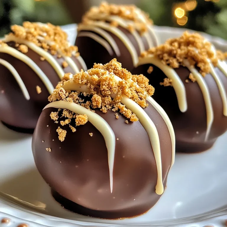 Here are the key ingredients for Biscoff Christmas Truffles: - 200g crushed Biscoff cookies - 100g softened cream cheese - 100g Biscoff spread - 100g melted dark chocolate - 50g white chocolate for drizzling - Pinch of sea salt - Extra crushed Biscoff cookies for coating These ingredients create a rich and creamy truffle. Each one bursts with the unique flavor of Biscoff cookies. The balance of cream cheese and Biscoff spread gives it a sweet and tangy taste. The dark chocolate coating adds a nice contrast. Topping with white chocolate makes them festive and fun! When you gather these ingredients, make sure your cream cheese is soft. This helps blend the mixture smoothly. The dark chocolate should be melted but not too hot. This way, it coats the truffles well without melting them. The extra crushed cookies add a nice crunch. They also make for a beautiful finish. You can adjust the amount of sea salt based on your taste. A pinch enhances the flavors without being too strong. Grab these ingredients, and let’s make some delicious truffles! {{ingredient_image_1}} First, grab a large mixing bowl. In it, combine the crushed Biscoff cookies and the softened cream cheese. Use a spatula to mix until the blend is smooth and creamy. Next, add the Biscoff spread to the bowl. Mix it in thoroughly, so it all comes together. The mixture should feel thick and easy to shape into balls. Now it’s time to shape your truffles! Scoop out small amounts of the mixture with your hands. Roll each scoop into a ball, about 2.5 cm wide. Once you have rolled all the mixture, place the truffles on a lined baking sheet. This step makes sure they don’t stick. After forming the truffles, chill them in the fridge for about 30 minutes. This helps them firm up. Once they are set, melt some dark chocolate in a bowl. Dip each truffle into the melted chocolate. Let any extra chocolate drip off. Place them back on the lined baking sheet. While the chocolate is still wet, sprinkle some extra crushed Biscoff cookies on top. For a final touch, drizzle melted white chocolate over each truffle. Chill them again for about 15 minutes to let the chocolate set. Enjoy your delightful Biscoff Christmas truffles! To get a smooth mix for your Biscoff truffles, use a large mixing bowl. First, crush the Biscoff cookies into fine crumbs. This ensures a creamy texture when mixed with softened cream cheese. Mix these two ingredients well until no lumps remain. When rolling the truffles, keep the size uniform. Aim for about 2.5 cm in diameter. This helps them cook evenly. Use your palms to roll them gently. If your hands get sticky, dampen them slightly. This trick makes rolling easier. Melting chocolate can be tricky. I recommend using a microwave or a double boiler. In the microwave, heat the chocolate in short bursts. Start with 30 seconds, then stir. Repeat until fully melted. If using a double boiler, fill a pot with water and bring it to a gentle simmer. Place a heat-safe bowl on top, making sure it doesn't touch the water. Add the chocolate to the bowl and stir until melted. This method prevents clumps and burns. Serving your truffles on a festive platter makes them shine. Choose a colorful plate to enhance the holiday spirit. Arrange them neatly for a beautiful display. For a touch of glam, decorate with edible gold or silver. Sprinkle some on top of the truffles before the chocolate sets. It adds a lovely shine and makes them look even more special. Pro Tips Use Room Temperature Ingredients: Make sure your cream cheese is softened to room temperature before mixing. This ensures a smooth and creamy texture for your truffles. Chill for Perfect Coating: Chilling the truffles before dipping them in chocolate makes them firmer and helps the chocolate coating adhere better. Experiment with Toppings: Feel free to get creative with your toppings! Try adding crushed nuts or festive sprinkles for added texture and visual appeal. Store Properly: Keep the truffles in an airtight container in the refrigerator. They can last up to a week, but trust us, they won't last that long! {{image_2}} You can boost the taste of Biscoff Christmas Truffles. Adding spices like cinnamon or nutmeg brings warmth. These spices add a cozy flavor perfect for the holidays. You can also mix in crushed nuts, like almonds or walnuts. They add a lovely crunch and rich taste. Want a sweeter truffle? Use milk chocolate instead of dark chocolate. It gives a creamier finish everyone loves. You can also try fun toppings! Sprinkles or shredded coconut add color and a fun twist. Get creative and use what you like! If you need vegan options, switch the cream cheese and chocolate. Use plant-based cream cheese and dairy-free chocolate. There are many great choices available now. For gluten-free needs, pick gluten-free cookies. Many brands make cookies that taste amazing and fit this diet. To keep your Biscoff truffles fresh, store them in an airtight container. Choose a container that fits the size of your truffles. Layer them with parchment paper if stacking. This helps prevent sticking. You can freeze Biscoff truffles for later enjoyment. First, place them on a baking sheet and freeze until firm. Once firm, transfer them to a freezer-safe bag. Remove excess air before sealing. To thaw, place them in the fridge overnight. This keeps them soft and tasty. Biscoff truffles last about one week in the fridge. Look for signs of spoilage like an off smell or discoloration. If they feel dry or hard, it’s best to toss them. Always trust your senses! Yes, you can use other cookies! Try ginger snaps for a spicy kick or Oreos for a classic twist. Each cookie gives a unique flavor. Just make sure the cookies you choose are crunchy. This crunch helps hold the truffle together. To make these truffles gluten-free, use gluten-free cookies. Brands like Schar or gluten-free Oreos work well. Always check labels to ensure they are safe. This way, everyone can enjoy these treats without worry. If you need a cream cheese substitute, use mascarpone or Greek yogurt. Both give a creamy texture. You can also use vegan cream cheese for a dairy-free option. Each choice will change the taste slightly, so pick what you like best. The truffles need to chill for about 30 minutes to set. After dipping in dark chocolate, chill them for another 15 minutes. This helps the chocolate harden and keeps the truffles firm. Chilling is key for the perfect bite. Absolutely! You can add a splash of vanilla or almond extract for extra flavor. Try mixing in spices like cinnamon or nutmeg for a warm touch. You could even fold in some orange zest for a fresh twist. Get creative and have fun with it! We explored how to make delicious Biscoff truffles. We looked at the key ingredients, step-by-step instructions, and useful tips to get the perfect texture and chocolate coating. You also learned about fun variations and storage methods to keep your truffles fresh. Remember, these treats are easy to make and sure to impress. Feel free to experiment with flavors and find what you love. Enjoy making your treats, and share them with friends!