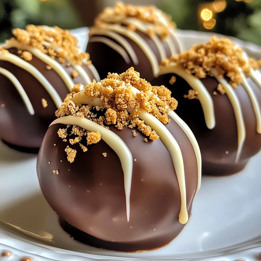 Here are the key ingredients for Biscoff Christmas Truffles: - 200g crushed Biscoff cookies - 100g softened cream cheese - 100g Biscoff spread - 100g melted dark chocolate - 50g white chocolate for drizzling - Pinch of sea salt - Extra crushed Biscoff cookies for coating These ingredients create a rich and creamy truffle. Each one bursts with the unique flavor of Biscoff cookies. The balance of cream cheese and Biscoff spread gives it a sweet and tangy taste. The dark chocolate coating adds a nice contrast. Topping with white chocolate makes them festive and fun! When you gather these ingredients, make sure your cream cheese is soft. This helps blend the mixture smoothly. The dark chocolate should be melted but not too hot. This way, it coats the truffles well without melting them. The extra crushed cookies add a nice crunch. They also make for a beautiful finish. You can adjust the amount of sea salt based on your taste. A pinch enhances the flavors without being too strong. Grab these ingredients, and let’s make some delicious truffles! {{ingredient_image_1}} First, grab a large mixing bowl. In it, combine the crushed Biscoff cookies and the softened cream cheese. Use a spatula to mix until the blend is smooth and creamy. Next, add the Biscoff spread to the bowl. Mix it in thoroughly, so it all comes together. The mixture should feel thick and easy to shape into balls. Now it’s time to shape your truffles! Scoop out small amounts of the mixture with your hands. Roll each scoop into a ball, about 2.5 cm wide. Once you have rolled all the mixture, place the truffles on a lined baking sheet. This step makes sure they don’t stick. After forming the truffles, chill them in the fridge for about 30 minutes. This helps them firm up. Once they are set, melt some dark chocolate in a bowl. Dip each truffle into the melted chocolate. Let any extra chocolate drip off. Place them back on the lined baking sheet. While the chocolate is still wet, sprinkle some extra crushed Biscoff cookies on top. For a final touch, drizzle melted white chocolate over each truffle. Chill them again for about 15 minutes to let the chocolate set. Enjoy your delightful Biscoff Christmas truffles! To get a smooth mix for your Biscoff truffles, use a large mixing bowl. First, crush the Biscoff cookies into fine crumbs. This ensures a creamy texture when mixed with softened cream cheese. Mix these two ingredients well until no lumps remain. When rolling the truffles, keep the size uniform. Aim for about 2.5 cm in diameter. This helps them cook evenly. Use your palms to roll them gently. If your hands get sticky, dampen them slightly. This trick makes rolling easier. Melting chocolate can be tricky. I recommend using a microwave or a double boiler. In the microwave, heat the chocolate in short bursts. Start with 30 seconds, then stir. Repeat until fully melted. If using a double boiler, fill a pot with water and bring it to a gentle simmer. Place a heat-safe bowl on top, making sure it doesn't touch the water. Add the chocolate to the bowl and stir until melted. This method prevents clumps and burns. Serving your truffles on a festive platter makes them shine. Choose a colorful plate to enhance the holiday spirit. Arrange them neatly for a beautiful display. For a touch of glam, decorate with edible gold or silver. Sprinkle some on top of the truffles before the chocolate sets. It adds a lovely shine and makes them look even more special. Pro Tips Use Room Temperature Ingredients: Make sure your cream cheese is softened to room temperature before mixing. This ensures a smooth and creamy texture for your truffles. Chill for Perfect Coating: Chilling the truffles before dipping them in chocolate makes them firmer and helps the chocolate coating adhere better. Experiment with Toppings: Feel free to get creative with your toppings! Try adding crushed nuts or festive sprinkles for added texture and visual appeal. Store Properly: Keep the truffles in an airtight container in the refrigerator. They can last up to a week, but trust us, they won't last that long! {{image_2}} You can boost the taste of Biscoff Christmas Truffles. Adding spices like cinnamon or nutmeg brings warmth. These spices add a cozy flavor perfect for the holidays. You can also mix in crushed nuts, like almonds or walnuts. They add a lovely crunch and rich taste. Want a sweeter truffle? Use milk chocolate instead of dark chocolate. It gives a creamier finish everyone loves. You can also try fun toppings! Sprinkles or shredded coconut add color and a fun twist. Get creative and use what you like! If you need vegan options, switch the cream cheese and chocolate. Use plant-based cream cheese and dairy-free chocolate. There are many great choices available now. For gluten-free needs, pick gluten-free cookies. Many brands make cookies that taste amazing and fit this diet. To keep your Biscoff truffles fresh, store them in an airtight container. Choose a container that fits the size of your truffles. Layer them with parchment paper if stacking. This helps prevent sticking. You can freeze Biscoff truffles for later enjoyment. First, place them on a baking sheet and freeze until firm. Once firm, transfer them to a freezer-safe bag. Remove excess air before sealing. To thaw, place them in the fridge overnight. This keeps them soft and tasty. Biscoff truffles last about one week in the fridge. Look for signs of spoilage like an off smell or discoloration. If they feel dry or hard, it’s best to toss them. Always trust your senses! Yes, you can use other cookies! Try ginger snaps for a spicy kick or Oreos for a classic twist. Each cookie gives a unique flavor. Just make sure the cookies you choose are crunchy. This crunch helps hold the truffle together. To make these truffles gluten-free, use gluten-free cookies. Brands like Schar or gluten-free Oreos work well. Always check labels to ensure they are safe. This way, everyone can enjoy these treats without worry. If you need a cream cheese substitute, use mascarpone or Greek yogurt. Both give a creamy texture. You can also use vegan cream cheese for a dairy-free option. Each choice will change the taste slightly, so pick what you like best. The truffles need to chill for about 30 minutes to set. After dipping in dark chocolate, chill them for another 15 minutes. This helps the chocolate harden and keeps the truffles firm. Chilling is key for the perfect bite. Absolutely! You can add a splash of vanilla or almond extract for extra flavor. Try mixing in spices like cinnamon or nutmeg for a warm touch. You could even fold in some orange zest for a fresh twist. Get creative and have fun with it! We explored how to make delicious Biscoff truffles. We looked at the key ingredients, step-by-step instructions, and useful tips to get the perfect texture and chocolate coating. You also learned about fun variations and storage methods to keep your truffles fresh. Remember, these treats are easy to make and sure to impress. Feel free to experiment with flavors and find what you love. Enjoy making your treats, and share them with friends!