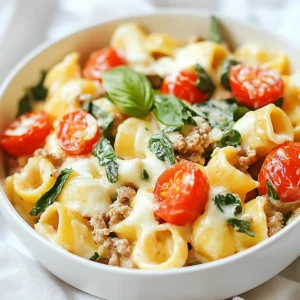 To make Cheesy Ground Turkey Pasta, you need a few simple ingredients. Here’s what you will need: - 1 lb ground turkey - 8 oz pasta (penne or fusilli) - 2 cups cherry tomatoes, halved - 1 cup spinach, roughly chopped - 1 cup shredded mozzarella cheese - 1/2 cup cream cheese - 1 teaspoon garlic powder - 1 teaspoon onion powder - 1/2 teaspoon smoked paprika - Salt and pepper to taste - 2 tablespoons olive oil - Fresh basil for garnish (optional) These ingredients come together to create a tasty and creamy dish. Ground turkey gives you lean protein. Pasta adds a nice base. Cherry tomatoes and spinach bring color and nutrients. The blend of mozzarella and cream cheese makes it rich and cheesy. Feel free to mix and match ingredients based on what you have. You can use different pasta shapes or add more veggies. Cooking should be fun, so enjoy the process! {{ingredient_image_1}} To cook the pasta just right, start with a large pot. Fill it with water and bring it to a boil. Once boiling, add salt. This helps the pasta taste great. Aim for about 1 tablespoon of salt for every 4 quarts of water. Add your pasta and cook according to the package directions. You want it to be al dente. This means the pasta should be firm to the bite. When it's done, drain it and set it aside. Next, let's brown the ground turkey. Heat a large skillet over medium heat. Add 2 tablespoons of olive oil to the skillet. When the oil is hot, add the ground turkey. Use a spatula to break it into smaller pieces. Season it with garlic powder, onion powder, smoked paprika, salt, and pepper. Cook this for about 5 to 7 minutes. The turkey should be nicely browned and cooked through. Now it’s time to add some veggies. Toss in the halved cherry tomatoes and chopped spinach. Stir and cook for about 3 to 4 minutes. This makes the spinach wilt and the tomatoes soften. Next, lower the heat and add the cream cheese. Stir it until it melts into the turkey and veggies. Then, mix in the shredded mozzarella cheese. Keep stirring until everything is creamy and well combined. Finally, let’s combine the pasta with our sauce. Add the cooked pasta into the skillet. Use a spatula to mix everything well. Make sure the pasta is coated with the sauce. If it seems too thick, add a splash of reserved pasta water. This will help adjust the sauce to your liking. Now, your cheesy ground turkey pasta is ready to serve! To boost the taste of your cheesy ground turkey pasta, try adding spices. I like garlic powder, onion powder, and smoked paprika. These spices give the dish a warm, savory flavor. If you want to switch things up, you can replace cream cheese with Greek yogurt or ricotta. Both add creaminess and a nice tang. Timing is key when making this pasta. Start by boiling your water for the pasta while you prepare the turkey. This cuts down on cooking time. Use a timer for each step, so you don’t overcook anything. Set it for the pasta and the turkey to keep everything on track. There are many fun ways to serve this dish. You can serve it in bowls or on plates. Top each serving with fresh basil for color and taste. Pair it with a simple salad or garlic bread for a full meal. Consider a side of steamed veggies to add more nutrients. Pro Tips Use Lean Turkey: Opt for lean ground turkey to keep the dish healthier while still providing plenty of protein. Customize Your Veggies: Feel free to add or substitute other vegetables like bell peppers or zucchini for added flavor and nutrition. Perfect Pasta Texture: Always cook pasta al dente for the best texture; it will continue to cook slightly when mixed with the sauce. Extra Creaminess: For a creamier sauce, consider adding a splash of milk or additional cream cheese to the mixture. {{image_2}} You can easily make a gluten-free version of cheesy ground turkey pasta. Just use gluten-free pasta. Many brands offer tasty options that cook just like regular pasta. Look for ones made from rice or corn. They taste great and work well in this dish. For a dairy-free option, swap the cream cheese and mozzarella with your favorite dairy-free cheese. You can find various brands of dairy-free cream cheese that melt nicely. Nutritional yeast can also add a cheesy flavor without dairy. If you want to switch the protein, try using chicken or beef. Ground chicken will be lighter in taste. Lean ground beef will give a richer flavor. You can also try plant-based options like lentils or tofu. These will change the dish's taste but still keep it yummy. Using different proteins can change how the dish feels. Turkey is mild and lets the cheese shine. Chicken adds a lighter taste, while beef gives a heartier feel. Plant-based meats can also add unique flavors, making the dish exciting. Adding new vegetables or spices can enhance the flavor. Bell peppers, zucchini, or mushrooms work wonderfully. Just chop them up and add them when you cook the turkey. Fresh herbs like parsley or thyme can brighten the dish. You can also play with cheese types. Try using cheddar for a sharper taste or pepper jack for a spicy kick. Mixing cheeses can create a depth of flavor that makes each bite special. So, don’t hesitate to get creative! To store leftovers, let the pasta cool to room temperature. Place it in an airtight container. Make sure to cover it tightly. This helps keep the dish fresh. Leftover Cheesy Ground Turkey Pasta lasts about 3-4 days in the fridge. Recommended storage containers include glass or plastic containers. I prefer glass because it does not stain. Plus, it is easy to reheat in the oven or microwave. To freeze the dish, let it cool completely first. Then, transfer the pasta to a freezer-safe container. Leave some space at the top. The pasta expands when it freezes. It will keep well for about 2-3 months. When you’re ready to eat, thaw the pasta in the fridge overnight. To reheat, place it in a skillet over low heat. Add a splash of water or milk to help with moisture. Stir until heated through. You can also use the microwave for a quick meal. Enjoy your cheesy delight! Yes, you can use pre-cooked turkey. It will save time. Just warm it up in the skillet. Then, add the spices and mix well. This method keeps the flavors strong without extra cooking time. If you need a substitute for cream cheese, try Greek yogurt or sour cream. Both options give creaminess. You can also use cottage cheese for a healthier twist. Blend it until smooth for the best texture. To add heat, sprinkle in red pepper flakes or cayenne pepper. You can also use spicy sausage instead of turkey. If you like, add jalapeños for a fresh kick. Mix these into the turkey as it cooks. Absolutely! Kids love cheesy pasta. The flavor is mild and comforting. You can adjust the veggies to suit their taste. Try adding carrots or peas for color and fun. This dish is easy to make and fun to eat. Cheesy ground turkey pasta lasts about 3 to 4 days in the fridge. Store it in an airtight container. When ready to eat, reheat it gently on the stove or in the microwave. Add a splash of water to keep it moist. This recipe helps you create a tasty dish with simple steps. You learned about key ingredients like ground turkey, pasta, and cheese. I showed you how to cook it, add flavors, and even make swaps for dietary needs. Remember, cooking is fun and creative! Experiment with flavors or share your dish with friends. Keep your leftovers fresh for later. Enjoy your culinary adventure and the smiles it brings!
