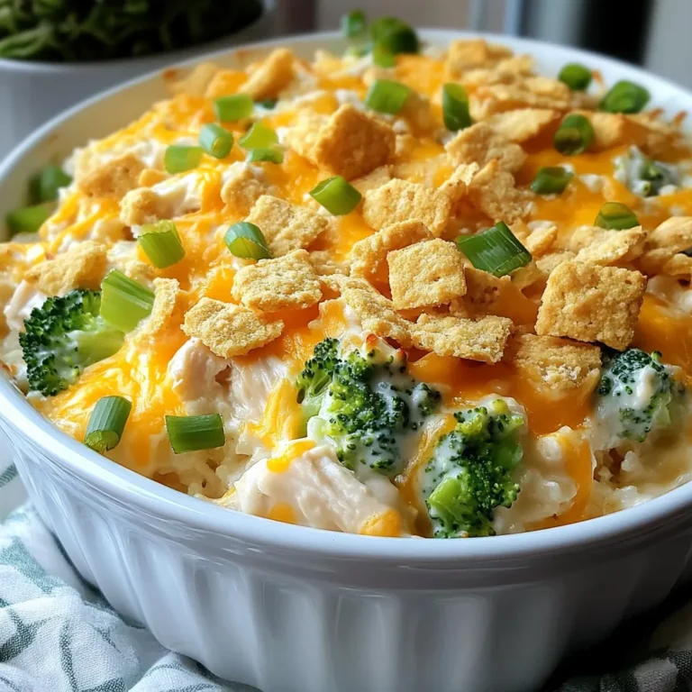 - 2 cups cooked chicken, shredded - 1 cup uncooked white rice - 1 cup broccoli florets, steamed - 1 can (10.5 oz) cream of mushroom soup - 1 cup sour cream - 1 cup shredded sharp cheddar cheese - 1 cup milk I love using these main ingredients because they work together so well. The cooked chicken gives a hearty base. The rice soaks up all the flavors and adds texture. Broccoli brings color and nutrients. Cream of mushroom soup makes everything creamy and rich. Sour cream adds tang. Cheddar cheese gives a sharp, savory taste that pulls it all together. Milk helps create a smooth texture, making every bite comforting. - 1 teaspoon garlic powder - 1 teaspoon onion powder - 1/2 teaspoon black pepper - 1/2 teaspoon salt - 1/4 cup green onions, sliced (for garnish) Seasoning is key for flavor. Garlic powder and onion powder add depth. Black pepper gives a slight kick. Salt enhances all the tastes, while sliced green onions bring a fresh crunch when you serve the dish. - 1/2 cup crushed buttery crackers - 2 tablespoons butter, melted The topping makes this casserole special. Crushed buttery crackers add a crunch that contrasts with the creamy filling. Melted butter helps the topping brown nicely in the oven, making it even more delicious. This combination of ingredients creates a dish that's not just tasty but also fun to eat. {{ingredient_image_1}} - Preheat oven to 350°F (175°C). - Grease your casserole dish for easy serving. - In a large bowl, mix cooked chicken, uncooked rice, and steamed broccoli. - Add cream of mushroom soup, sour cream, cheddar cheese, and milk. - Stir in garlic powder, onion powder, black pepper, and salt. - Mix until all ingredients are well combined and creamy. - Pour the mixture into the prepared casserole dish. - In a separate bowl, mix crushed crackers with melted butter. - Sprinkle the cracker mix evenly over the top of the casserole. - Cover the dish with aluminum foil and bake for 30 minutes. - After 30 minutes, remove the foil and bake for an additional 15 minutes. - Look for a golden brown top and bubbly filling. - Let it cool for 5-10 minutes, then garnish with sliced green onions. Using cooked chicken is key for this dish. It keeps the casserole moist and flavorful. Shredded chicken also mixes well with the other ingredients. You can use leftovers or rotisserie chicken for ease. To steam broccoli perfectly, first, cut it into small florets. Then, boil a small pot of water and place a steamer basket on top. Add the broccoli and cover. Steam for about 3-5 minutes. The broccoli should be bright green and tender but still crisp. To enhance visuals, consider garnishing with sliced green onions. You can also add a sprinkle of extra cheese on top. This adds color and makes the dish look more inviting. Serve the casserole in individual bowls. This makes it easy for guests to enjoy. Plus, you can top each bowl with more cheese or green onions for a personal touch. Oven types can affect cooking time. If you use a convection oven, check for doneness a few minutes early. The fan cooks food faster. To check if the casserole is done, insert a knife into the center. If it comes out hot, it’s ready! The top should be golden brown and bubbly for the best texture. Pro Tips Use Leftover Chicken: This casserole is a great way to utilize leftover rotisserie or grilled chicken, saving you time and enhancing flavor. Rice Variations: Feel free to substitute white rice with brown rice or quinoa for a healthier twist; just adjust the cooking time accordingly. Cheese Choices: Experiment with different types of cheese, such as mozzarella or pepper jack, to customize the flavor profile of your casserole. Add More Veggies: Incorporate additional vegetables like carrots, bell peppers, or spinach to boost nutrition and add color to your dish. {{image_2}} You can swap out the chicken for turkey. Turkey works well and keeps it tasty. If you want a meatless option, try using tofu. Tofu soaks up flavors and gives you protein. Need dairy-free? Use a dairy-free sour cream and milk. Cashew or almond milk can work great here. For gluten-free, choose gluten-free crackers and rice. This way, everyone can enjoy the dish! Add bell peppers for a colorful twist. They bring a nice crunch and flavor. Carrots also work well; they add sweetness and nutrition. You can even mix in some spinach for extra greens. When it comes to cheese, feel free to switch it up. Monterey Jack adds a nice creamy texture. You can also try pepper jack for a spicy kick. Each cheese brings a unique taste! If you want to cook it slow, use a slow cooker. Just mix all the ingredients and let it simmer for 6-8 hours. It will be warm and comforting. For a quick option, try the Instant Pot. Cook on high pressure for 10 minutes. This method saves time and still keeps the flavors rich. You’ll have a delicious meal in no time! To keep your Million Dollar Chicken Casserole fresh, I suggest using airtight containers. Glass or plastic containers work well. Make sure to let the casserole cool before sealing it. This helps avoid moisture build-up inside. Store the containers in the fridge for up to three days. If you plan to eat it later, consider freezing it instead. To reheat, you can use the oven or microwave. For the oven, preheat it to 350°F (175°C). Place the casserole in a dish, cover it with foil, and heat for about 20-25 minutes. This method keeps the texture nice. If you use the microwave, heat it in short bursts. Stir often to warm it evenly. This way, the flavors stay rich and delicious. If you want to freeze the casserole, let it cool completely first. Then, wrap it tightly in plastic wrap and foil. This helps prevent freezer burn. You can store it frozen for up to three months. When you're ready to eat, move it to the fridge to thaw overnight. Reheat as mentioned before to enjoy! Yes, you can make Million Dollar Chicken Casserole ahead of time. Prepare the casserole as directed. Before baking, cover it and place it in the fridge. You can keep it there for up to 24 hours. When you're ready to bake, add about 10 to 15 minutes to the cooking time. This makes it easy for busy days. This casserole pairs well with many sides. Here are some tasty options: - Garlic bread - A fresh green salad - Steamed vegetables - Mashed potatoes These sides will balance the flavors and add some color to your meal. Million Dollar Chicken Casserole lasts about 3 to 4 days in the fridge. Store it in an airtight container to keep it fresh. Make sure it cools completely before putting it away. This way, you can enjoy leftovers later in the week. Yes, you can substitute the cream of mushroom soup. Here are some options: - Cream of chicken soup - Cream of celery soup - A homemade white sauce These substitutions will still give you a creamy texture without losing flavor. This blog post covered a delicious Million Dollar Chicken Casserole. You learned about the key ingredients, step-by-step instructions, and helpful tips. Remember to use cooked chicken and perfectly steamed broccoli for the best results. Consider variations for different tastes and dietary needs. Lastly, proper storage and reheating keep your casserole fresh! This meal is a crowd-pleaser, great for sharing. Enjoy making and sharing this tasty dish with family and friends!