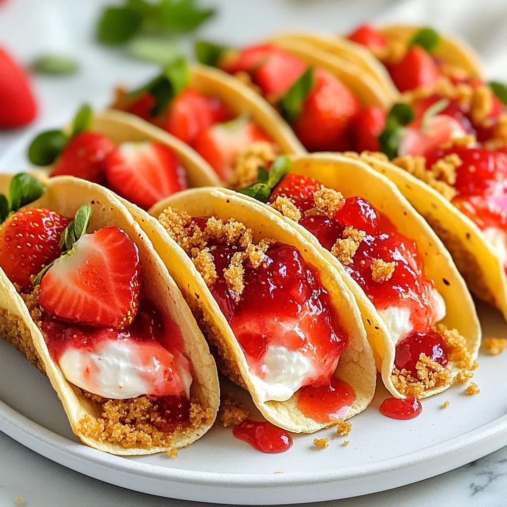 To make Strawberry Crunch Cheesecake Tacos, you need these simple ingredients: - 1 cup graham cracker crumbs - 1/2 cup unsalted butter, melted - 1 tablespoon sugar - 1 (8 oz) package cream cheese, softened - 1/2 cup powdered sugar - 1 teaspoon vanilla extract - 1 cup heavy whipping cream - 1 cup fresh strawberries, diced - 1/4 cup strawberry jam - Mini flour tortillas (6-inch size) If you want to switch up the flavors, here are some fun swaps: - Use almond or coconut flour for a gluten-free base. - Try flavored cream cheese like strawberry or vanilla for extra taste. - Swap fresh strawberries with blueberries or raspberries for variety. - Use whipped topping instead of heavy cream for a lighter texture. Gather these tools to make the process easier: - Mixing bowls for combining ingredients - Baking sheet for toasting the graham cracker crumbs - Hand mixer for blending the cream cheese mixture - Whisk for whipping the cream - Spoon for filling the tortillas - Platter for serving the finished tacos With these ingredients and tools, you're all set to create a tasty treat that everyone will love! {{ingredient_image_1}} To start, gather your graham cracker crumbs, melted butter, and sugar. In a mixing bowl, combine these three. Mix them well until it looks like wet sand. This means your crunch is ready! Preheat your oven to 350°F (175°C). Spread the mixture on a baking sheet. Bake for 8 to 10 minutes or until golden brown. Once done, let it cool completely. Next, we make the filling. Grab a bowl and add softened cream cheese, powdered sugar, and vanilla extract. Use a hand mixer to blend these until smooth and creamy. In a different bowl, whip the heavy cream. Beat it until you see stiff peaks. Gently fold this whipped cream into the cream cheese mixture. This will make the filling light and fluffy. Now it's time to assemble! Take your mini flour tortillas and lay them out. Spoon about 2 tablespoons of your cheesecake mixture onto each tortilla. Next, add diced strawberries on top. Drizzle some strawberry jam over the strawberries. Fold the tortillas like a taco to enclose the filling. Finally, roll them in the cooled graham cracker crunch. This will give them a nice coating. You can serve them right away or chill them in the fridge for about 30 minutes. Enjoy your tasty creation! Whipping cream can be tricky. Start with cold heavy cream for the best results. Use a chilled bowl and beaters to help it whip faster. Whip the cream until it forms stiff peaks. This means the cream holds its shape well. Be careful not to over-whip. Over-whipped cream can turn into butter. If that happens, you can still use it, but it won’t be smooth. To shape your tacos right, use mini flour tortillas. When filling them, use about two tablespoons of the cheesecake mix. Spoon it onto the center of the tortilla. Then, fold one side over the filling. Gently press down to seal. Fold the other side over and pinch the edges together. This keeps the filling inside. Roll the taco in the graham cracker crunch for a fun touch. To make your tacos look great, use a colorful platter. Place the tacos in a line or a circle. Drizzle extra strawberry jam on top for a pop of color. Add whole strawberries around the tacos for a nice touch. You can also sprinkle some graham cracker crumbs on the platter. This adds a fun look and makes each bite even better. Enjoy your treat with friends or family! Pro Tips Use Fresh Strawberries: Opt for ripe, fresh strawberries to enhance the flavor and texture of your tacos. They will provide a juicy and sweet contrast to the creamy filling. Chill Before Serving: Allow the assembled tacos to chill in the refrigerator for about 30 minutes before serving. This helps the flavors meld together and makes them easier to handle. Experiment with Toppings: Don’t hesitate to get creative with your toppings! Consider adding crushed nuts, chocolate drizzle, or even a sprinkle of coconut for added texture and flavor. Make Ahead: You can prepare the cheesecake filling in advance and store it in the refrigerator. Just assemble the tacos right before serving for the best texture. {{image_2}} You can change the fruit to make new flavors. Try blueberries, raspberries, or peaches. Each fruit brings a unique taste. For blueberries, mash them up and mix with some jam. For peaches, slice them thin and layer them on top. You can even mix fruits for a fun twist. Just keep the same cream cheese filling to hold it all together. To make this dish gluten-free, use gluten-free mini tortillas. Check the label on the tortillas to ensure they are truly gluten-free. For a vegan version, replace the cream cheese with a plant-based cream cheese. Use coconut cream instead of heavy whipping cream. This way, you can enjoy the same great taste without dairy. Don’t forget to use maple syrup instead of powdered sugar. You can play with toppings to add more fun. Try crushed nuts or shredded coconut for extra crunch. Drizzle honey or chocolate sauce for a sweet finish. You can also add a layer of whipped cream on top for more creaminess. Feel free to mix in some extra toppings inside the tacos, like chocolate chips or sprinkles. The possibilities are endless, so have fun with it! To keep your leftover tacos fresh, place them in an airtight container. Make sure to store them in the refrigerator. If you want to keep them crisp, store the graham cracker crunch topping separately. This way, you can add it just before serving. In the fridge, your tacos will stay fresh for about 1 to 2 days. The longer they sit, the softer the tortillas may become. I suggest eating them within the first day for the best texture and taste. If you want to freeze the taco filling, it works well. Place the cheesecake mixture in a freezer-safe container, leaving some space for expansion. It can last about 1 month in the freezer. When you’re ready to use it, thaw it in the fridge overnight. Then, assemble your tacos fresh for a delightful treat. Yes, you can make these tacos ahead of time. Prepare the filling and graham cracker crunch first. Store them in separate containers in the fridge. You can fill the tortillas right before serving. This keeps them fresh and crunchy. If you lack heavy whipping cream, you can use a few options. Try coconut cream for a dairy-free choice. You can also use half-and-half, but the texture may differ. Whipping cream provides the best results, so use substitutes carefully. You can serve these tacos with extra strawberry jam for a sweet touch. A drizzle of chocolate sauce also pairs well. A dollop of whipped cream makes a nice addition too. These add flavor and make the dish even more fun! This blog post covers everything you need to make delicious Strawberry Crunch Cheesecake Tacos. We explored the key ingredients, tools, and step-by-step instructions. I shared tips for perfect texture and shape, plus ways to customize your tacos. You learned how to store leftovers for later enjoyment and answered common questions. Try this fun recipe! It’s perfect for a special treat or gathering. You can impress friends and family with a sweet and crunchy delight. Enjoy making it your own!