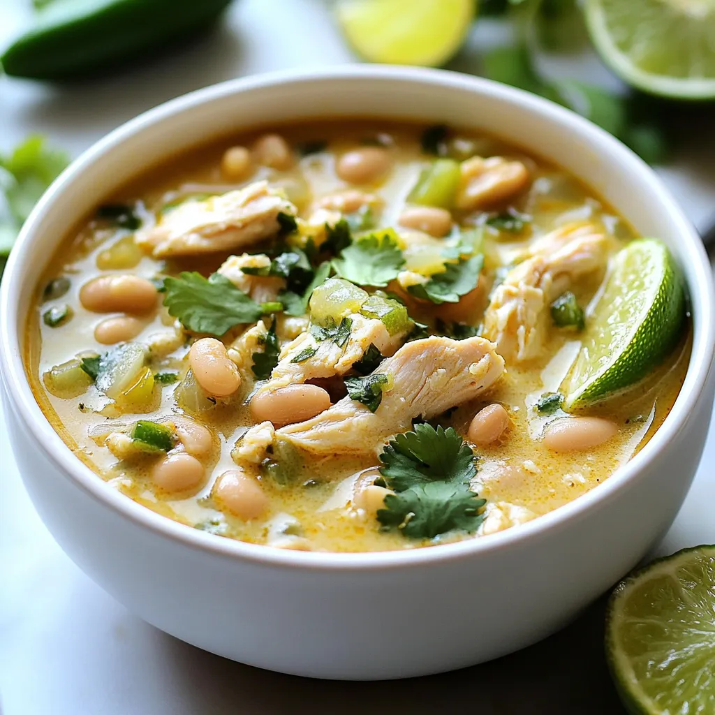 To make this dish, you need some key ingredients: - 1 lb boneless, skinless chicken breasts, diced - 2 cans (15 oz each) white beans (cannellini or navy), drained and rinsed - 1 medium onion, finely chopped - 3 cloves garlic, minced - 1 green bell pepper, diced - 2 cups low-sodium chicken broth - 1 cup coconut milk - 1 tablespoon olive oil - 1 tablespoon ground cumin - 1 teaspoon chili powder - 1/2 teaspoon smoked paprika - Salt and pepper, to taste These ingredients blend together to create a smooth and tasty chili. The chicken provides protein, while the white beans add fiber and heartiness. Coconut milk makes the chili creamy and rich. Garnishes add fun and flavor: - Fresh cilantro, for garnish - Sliced jalapeños, for serving (optional) - Lime wedges, for serving These toppings enhance the dish. Cilantro gives a fresh taste, while lime adds a zesty kick. If you like heat, jalapeños bring that extra spice. You can swap some ingredients if needed: - Use chicken thighs instead of breasts for a juicier bite. - Try vegetable broth instead of chicken broth for a vegetarian version. - Coconut milk can be replaced with heavy cream for a different texture. These substitutions still keep the dish tasty. Feel free to adapt the recipe to fit your pantry or dietary needs. {{ingredient_image_1}} Start by gathering your ingredients. You need chicken, beans, onion, garlic, and bell pepper. Heat one tablespoon of olive oil in a large pot over medium heat. Add the chopped onion and green bell pepper. Sauté them for about five minutes, until they soften. This step builds a strong base for your chili. Stir in three minced garlic cloves, one tablespoon of ground cumin, one teaspoon of chili powder, and half a teaspoon of smoked paprika. Cook these spices for one to two minutes. This will bring out their flavors. Next, add one pound of diced chicken breast to the pot. Cook it for five to seven minutes. Stir the chicken often to ensure it cooks evenly. You want to see no pink in the chicken. Once it’s cooked, pour in two cups of low-sodium chicken broth. Increase the heat to bring the mixture to a boil. After it boils, reduce the heat to low. Let it simmer for ten to fifteen minutes. This helps the flavors blend well. Now, it’s time to add the beans and coconut milk. Stir in two cans of drained and rinsed white beans. Then, add one cup of coconut milk for creaminess. Mix everything well and let it simmer for another ten minutes. This final simmer melds all the flavors together. Season the chili with salt and pepper to taste. If you want more heat, add sliced jalapeños. Remove the pot from heat and let it rest for a few minutes. This makes serving easier. To get a creamy texture in your chili, coconut milk is key. I use one cup of coconut milk. It adds a rich, velvety feel. If you want it creamier, you can add a bit more. Blend some of the white beans ahead of time. This helps thicken the chili without adding extra fat. Just mash half a can of beans before adding them into the pot. It works wonders. Spiciness is all about your taste. If you like it mild, skip the jalapeños. For a medium kick, add one or two sliced jalapeños when cooking. For more heat, use a pinch of cayenne pepper. You can also add a few dashes of hot sauce at the end. Always taste before serving to ensure it meets your heat preference. Using an electric pressure cooker can save time. After sautéing your veggies and chicken, add all the ingredients at once. Seal the lid and cook on high for about 10 minutes. Make sure to let the steam release naturally for best results. This method keeps the chili moist and flavorful while speeding up the cooking process. Pro Tips Cook the Chicken Thoroughly: Ensure the chicken is cooked all the way through to avoid any food safety issues. It should reach an internal temperature of 165°F (75°C). Adjust the Spice Level: If you prefer a milder chili, leave out the jalapeños or use mild chili powder. For extra heat, consider adding some chopped serrano peppers. Use Fresh Herbs: Garnishing with fresh cilantro at the end enhances the flavor and adds a pop of color. You can also try adding a sprinkle of fresh lime juice for brightness. Make it Ahead: This chili tastes even better the next day! Make a big batch and store leftovers in the fridge for up to 3 days or freeze for later use. {{image_2}} You can make this chili vegetarian. Swap the chicken for tofu or tempeh. Both options absorb flavors well. Use vegetable broth instead of chicken broth. This keeps the taste rich and hearty. Add a splash of lemon juice for brightness. You can still enjoy the creamy texture with coconut milk. Feel free to add more veggies. Zucchini, carrots, or corn work great in this chili. Chop them into small pieces to cook evenly. Add them at the same time as the chicken. This way, they soften and enhance the dish. You can also use frozen veggies for ease. Just toss them in the pot and let them heat through. Want more heat? You have options! Add sliced jalapeños during cooking. You can also sprinkle in red pepper flakes. For a milder version, use less chili powder. Adjusting the spice lets you personalize each bowl. Your guests will love the ability to choose their heat level. To store your white bean chicken chili, let it cool first. Once cool, transfer it to an airtight container. Make sure to seal it well. This helps keep the chili fresh and tasty. Store it in the fridge if you plan to eat it within a few days. Chili can last in the fridge for about 3 to 4 days. When you’re ready to enjoy your chili again, reheat it on the stove. Pour the chili into a pot over medium heat. Stir it often to warm it evenly. You can also use the microwave. Place the chili in a microwave-safe bowl and cover it. Heat in short bursts, stirring in between until hot. Check the temperature before serving to ensure it’s safe to eat. If you have extra chili, freezing is a great option. Use freezer-safe containers or resealable bags. Make sure to leave some space for expansion. Label the bags with the date for your reference. Chili can stay fresh in the freezer for up to 3 months. When you want to eat it, thaw it overnight in the fridge. Then, reheat it on the stove or in the microwave as noted above. Enjoy your warm chili anytime! Yes, you can use canned chicken. Drain the liquid from the can first. Canned chicken saves time and still tastes great. Just add it in with the beans and coconut milk. This makes your chili quick and easy. White Bean Chicken Chili lasts about 3 to 4 days in the fridge. Store it in a sealed container for best results. Make sure it cools before putting it away. To enjoy it longer, freeze it. Freezing keeps it fresh for up to 3 months. You can serve it with cornbread or tortilla chips for a delightful crunch. Lime wedges add a zesty kick. Fresh cilantro brings a fresh taste. If you like heat, try sliced jalapeños on top. This makes every bowl even better! This blog post covered how to make tasty White Bean Chicken Chili. You learned the main ingredients, optional garnishes, and how to swap items. I shared steps for prepping, cooking, and finishing your chili. You also received tips for creaminess, spice, and cooking times. In the end, experiment with variations to find what you love. Store extras well, and enjoy every bowl. Cooking can bring joy and warmth to your table.