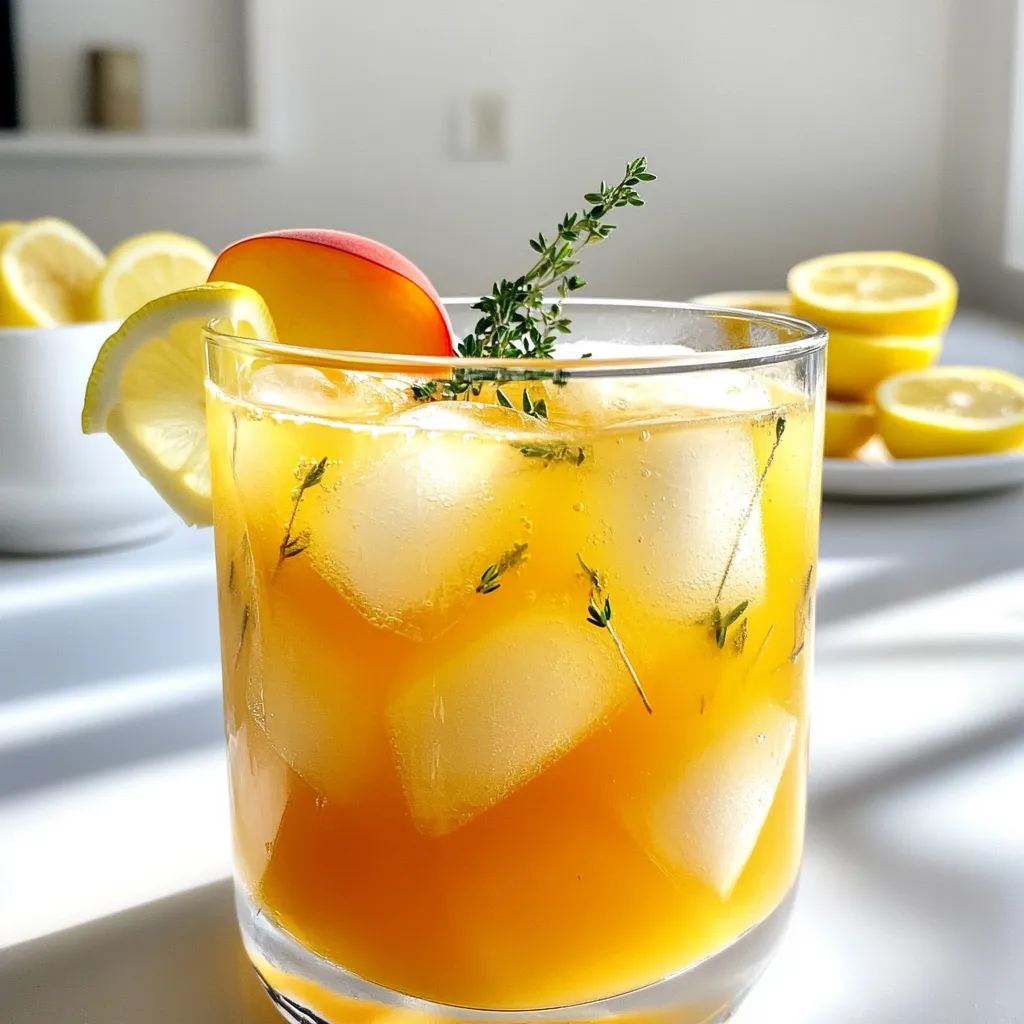 - 4 ripe peaches, pitted and sliced - 4 cups water - 4 green tea bags - 1/4 cup honey or agave syrup (adjust to taste) - 1/4 cup freshly squeezed lemon juice - 1 tablespoon fresh thyme leaves (plus extra for garnish) - Ice cubes - Lemon slices for garnish Gathering the right ingredients is key to making a great Peach Thyme Green Tea Lemonade. First, select ripe peaches. Look for peaches that are soft to the touch, with a sweet smell. These will add the best flavor. Next, you need water. You’ll use it both for boiling and blending the peaches. The green tea bags provide a nice base for the drink. Choose a good quality tea for the best taste. For sweetness, I suggest using honey or agave syrup. Depending on your taste, you can adjust the amount. Fresh lemon juice adds a bright flavor. You’ll want to squeeze it right before using to keep it fresh. The fresh thyme leaves give this drink a unique twist. You can add more for garnish, which looks nice. Finally, don’t forget the ice cubes to keep your drink chilled and refreshing. With these ingredients, you’ll be ready to make a delicious summer drink. Enjoy the process and the amazing flavors that come together! - First, bring 2 cups of water to a boil in a medium saucepan. - Once it boils, remove it from heat. Add 4 green tea bags and 1 tablespoon of fresh thyme leaves. - Let this steep for about 5 minutes. This step draws out the tea's flavor and the thyme's aroma. - While the tea is steeping, slice 4 ripe peaches and place them in a blender. - Add the remaining 2 cups of water to the blender. Blend until the mixture is smooth. - Next, strain this mixture through a fine-mesh sieve. This gets rid of any pulp, leaving just the juice. - After steeping, remove the tea bags from the pot. While the tea is still warm, add 1/4 cup of honey or agave syrup. Stir until fully dissolved. - In a large pitcher, mix the peach juice, sweetened tea, and 1/4 cup of freshly squeezed lemon juice. Stir well to blend the flavors together. - Chill your drink in the refrigerator for at least 30 minutes. This helps it taste even better. - When ready to serve, pour the peach thyme green tea lemonade over ice in glasses. - Finish it off by garnishing with thyme leaves and lemon slices. This adds a nice touch and makes it even more refreshing. To get the right sweetness, start with honey or agave. Use 1/4 cup as a base. Taste it after mixing. If it's too sweet, add more water. If it’s not sweet enough, add more honey. You can also try maple syrup or stevia for fun twists. Each sweetener brings its unique taste. Your drink can shine with extra herbs. Try mint or basil for a fresh kick. These herbs add depth to your lemonade. You can also toss in fresh fruit slices. Strawberries or raspberries look great and taste amazing. They add color and fun to your drink. When you pick peaches, look for ripe ones. They should feel soft but not mushy. The color should be bright and warm. Check for sweet scents; it means they are fresh. Avoid any that have bruises or dark spots. Fresh peaches make the best peach thyme green tea lemonade. {{image_2}} You can change the peaches for other fruits. Strawberries and raspberries work great. Just blend them like the peaches. Use the same amount of fruit for the best taste. Each fruit brings its own flavor. For example, strawberries add a sweet touch. Raspberries give a nice tartness. Feel free to mix and match for fun! While green tea is refreshing, you can try other teas too. Herbal teas like chamomile or hibiscus can add unique flavors. Cold brew tea is another option. It tastes smooth and rich. Just steep your tea bags in cold water overnight. This way, you get a gentle flavor without bitterness. Want to make a peach thyme cocktail? It's easy! Just add a spirit like vodka or gin. Start with 1.5 ounces per glass. Mix it with your peach thyme drink. It adds a fun zing for parties. You can also try rum for a tropical touch. Cheers to delicious summer drinks! To keep your Peach Thyme Green Tea Lemonade fresh, always store it in the fridge. Use a clean, airtight container for the best results. This drink will stay fresh for up to three days. After that, the flavors may fade. You can freeze the peach juice if you want to save it for later. Pour the juice into ice cube trays or freezer bags. This way, you can use it for future drinks or smoothies. It will last in the freezer for up to three months. I recommend using glass jars or BPA-free plastic containers. These are great for keeping your drink fresh. Make sure they seal tightly to prevent air from getting in. This keeps your Peach Thyme Green Tea Lemonade as tasty as when you first made it. Green tea is rich in antioxidants. These help fight free radicals in your body. This means they may lower your risk of some diseases. For example, green tea may support heart health and aid in weight loss. Some studies suggest it can improve brain function too. Drinking green tea may boost your metabolism. This is great if you want a refreshing drink that also helps your health. Yes, you can make this recipe vegan. Simply swap honey for agave syrup or maple syrup. Both work well and keep the drink sweet. You can also use any sweetener you like. Just adjust the amount to your taste. For a vegan-friendly twist, try using fresh, organic ingredients. This ensures your drink is not only tasty but also pure and healthy. You can keep this drink in the fridge for up to three days. Make sure to store it in an airtight container. This helps keep the flavors fresh. For the best taste, drink it within the first two days. If you notice any change in color or smell, it’s best to toss it. Enjoy your Peach Thyme Green Tea Lemonade while it's fresh and tasty! This blog post explored how to make a refreshing Peach Thyme Green Tea Lemonade. First, we covered the simple ingredients, like ripe peaches and fresh thyme. Next, I shared step-by-step instructions from boiling water to serving the drink over ice. You learned tips for achieving perfect sweetness and variations for added fun. In final thoughts, enjoy experimenting! Each step lets you tailor the drink to your taste. Fresh flavors and easy methods make this a delightful choice for hot days. So grab those peaches and get started!