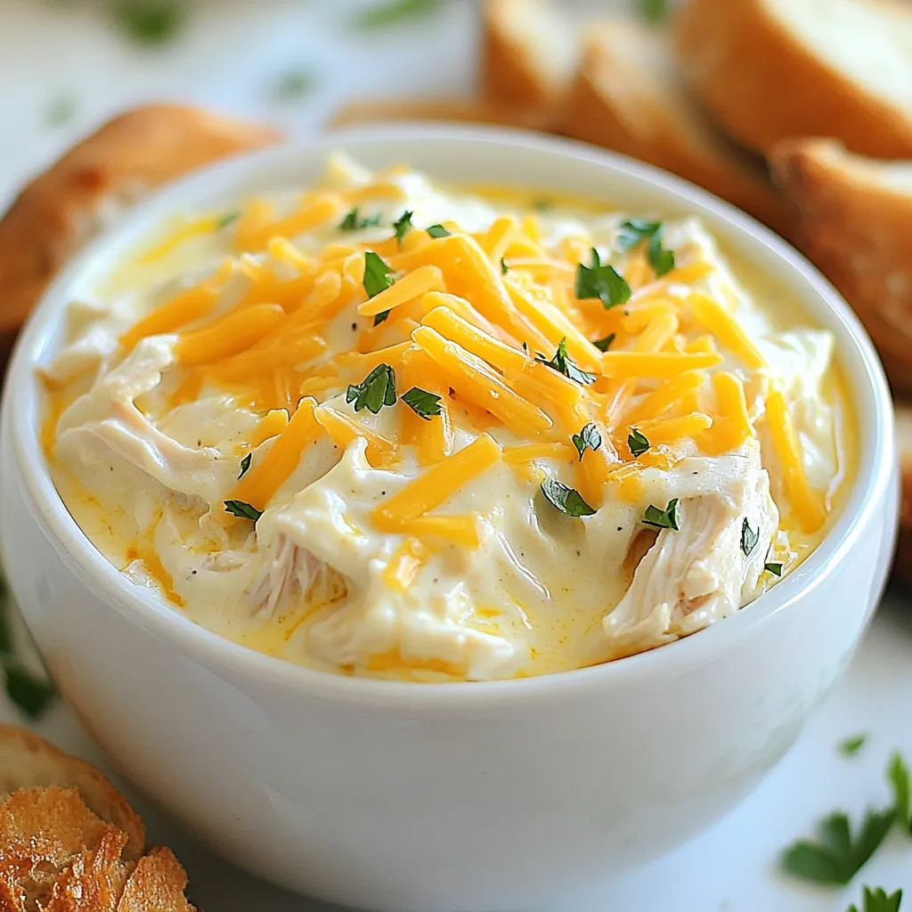 To make Creamy Crockpot Ranch Chicken, gather these simple ingredients: - 4 boneless, skinless chicken breasts - 1 packet ranch seasoning mix - 1 can (10.5 oz) cream of chicken soup - 1 cup chicken broth - 1 cup sour cream - ½ cup cream cheese, softened - 1 cup shredded cheddar cheese - 1 cup frozen peas (optional) - Salt and pepper to taste - Fresh parsley, chopped (for garnish) You can swap some ingredients for what you have on hand. Use Greek yogurt instead of sour cream for a lighter option. If you don’t have cream cheese, try using a dairy-free cream cheese. Instead of chicken broth, vegetable broth works well too. For a twist, try different cheese, like pepper jack, for added flavor. Each ingredient plays a key role in the dish: - Chicken breasts provide the base protein and absorb flavors. - Ranch seasoning gives that classic ranch taste, making it rich and savory. - Cream of chicken soup adds creaminess and depth to the sauce. - Chicken broth keeps the dish moist while cooking. - Sour cream and cream cheese create a velvety texture and tangy flavor. - Cheddar cheese brings a delicious, melty finish. - Frozen peas add a pop of color and sweetness, if you choose to include them. - Salt and pepper enhance all the flavors, balancing the dish. - Fresh parsley adds a bright touch on top, making the dish look inviting. These ingredients work together to create a comforting meal that warms your heart. {{ingredient_image_1}} Start with four boneless, skinless chicken breasts. Place them at the bottom of your slow cooker. This helps the chicken cook evenly. Next, sprinkle the ranch seasoning mix over the chicken. The seasoning gives great flavor. Make sure to cover all the chicken pieces. In a medium bowl, mix the cream of chicken soup, chicken broth, sour cream, and cream cheese. Use a whisk to blend until the mixture is smooth. This creamy sauce will coat the chicken nicely. Once mixed, pour it over the chicken in the slow cooker. Make sure the chicken is well covered with the sauce. Now, it’s time to cook! Cover the slow cooker with the lid. Cook on low for 6-7 hours or on high for 3-4 hours. You want the chicken to be tender and fully cooked. After cooking, shred the chicken with two forks right in the slow cooker. This keeps all the flavors together. Stir to combine everything. Finally, add the shredded cheddar cheese. Mix until it melts into the creamy sauce. To get that dreamy creamy texture, mix the sauce well. Use a medium bowl. Combine the cream of chicken soup, chicken broth, sour cream, and cream cheese until smooth. This step is key for a rich flavor. Ensure no lumps remain in the sauce. Pour it over the chicken in the crockpot. This will help the chicken soak up all that creamy goodness. When it’s time to serve, you have fun options. Try serving this dish in bowls. A sprinkle of fresh parsley adds color and taste. You can also serve it over rice or noodles. Crusty bread is great too. It’s perfect for soaking up that creamy sauce. Each bite should be full of flavor. Pair your creamy ranch chicken with easy side dishes. A simple green salad works well. You can also serve steamed veggies for more color. Rice pilaf or garlic bread make great choices too. This will round out your meal and keep everyone happy. Pro Tips Use Fresh Ingredients: Fresh chicken and high-quality cream cheese will enhance the flavor and creaminess of your dish. Adjust Seasoning: Feel free to add additional spices like garlic powder or onion powder for extra flavor that complements the ranch seasoning. Perfect Shredding: For the best shredded chicken, let the chicken rest for a few minutes after cooking before shredding to retain juices. Make It a Meal: Add vegetables like carrots or bell peppers to the slow cooker for a complete meal that’s nutritious and delicious. {{image_2}} To make your creamy crockpot ranch chicken even better, add veggies. Frozen peas work great, but you can try other options too. Chopped carrots, diced potatoes, or bell peppers add color and flavor. Just toss them in with the chicken and sauce. They will cook down nicely in the slow cooker and soak up all the tasty ranch goodness. Cheese makes this dish extra creamy and rich. While cheddar cheese is a favorite, you can mix it up. Try using pepper jack for a kick, or mozzarella for a milder taste. Cream cheese adds a smooth texture; it’s perfect to blend with any cheese you choose. Experiment with your favorites to make this dish your own. If you like a little heat, spice up your ranch chicken. Add some diced jalapeños or crushed red pepper flakes to the sauce. You can also use spicy ranch seasoning instead of the regular mix. This will give your dish a nice kick while keeping the creamy texture. Adjust the spice level to fit your taste. Enjoy the bold flavors! To store leftovers, wait until the creamy ranch chicken cools. Place it in an airtight container. Keep it in the fridge for up to three days. This way, you can enjoy it later without losing flavor. When you're ready to eat, reheat the chicken on the stove or in the microwave. If using the stove, heat it in a pan over low heat. Stir often to keep it creamy. If using the microwave, cover it to avoid drying out. Heat in short bursts, checking often. You can freeze the creamy ranch chicken for future meals. First, let it cool completely. Then, put it in a freezer-safe bag or container. Squeeze out as much air as you can. It will last for up to three months. When ready to eat, thaw it in the fridge overnight before reheating. Yes, you can use frozen chicken breasts. Just add an extra hour to the cooking time. This helps the chicken cook through and stay tender. Keep in mind that frozen chicken may release more liquid. You can adjust the broth if needed. To make this recipe dairy-free, swap the sour cream for a dairy-free alternative. Use coconut cream or cashew cream instead. For cream cheese, use a dairy-free spread. You can also skip the cheddar cheese or use a dairy-free cheese. You can serve this dish with many sides. Here are some great options: - Rice - Noodles - Crusty bread - Mashed potatoes - Steamed vegetables These sides soak up the creamy sauce well. Enjoy your meal with a sprinkle of fresh parsley for color! This blog post shared the key ingredients and steps for making Creamy Crockpot Ranch Chicken. You learned about substitution options, cooking tips, and how to store leftovers safely. I also covered fun variations to keep your meals exciting, like adding veggies or trying spicy twists. Remember to adjust the recipe to match your taste. Enjoy this simple dish that pleases everyone and fits any table. You can easily create a delicious meal that brings comfort and joy to your home.