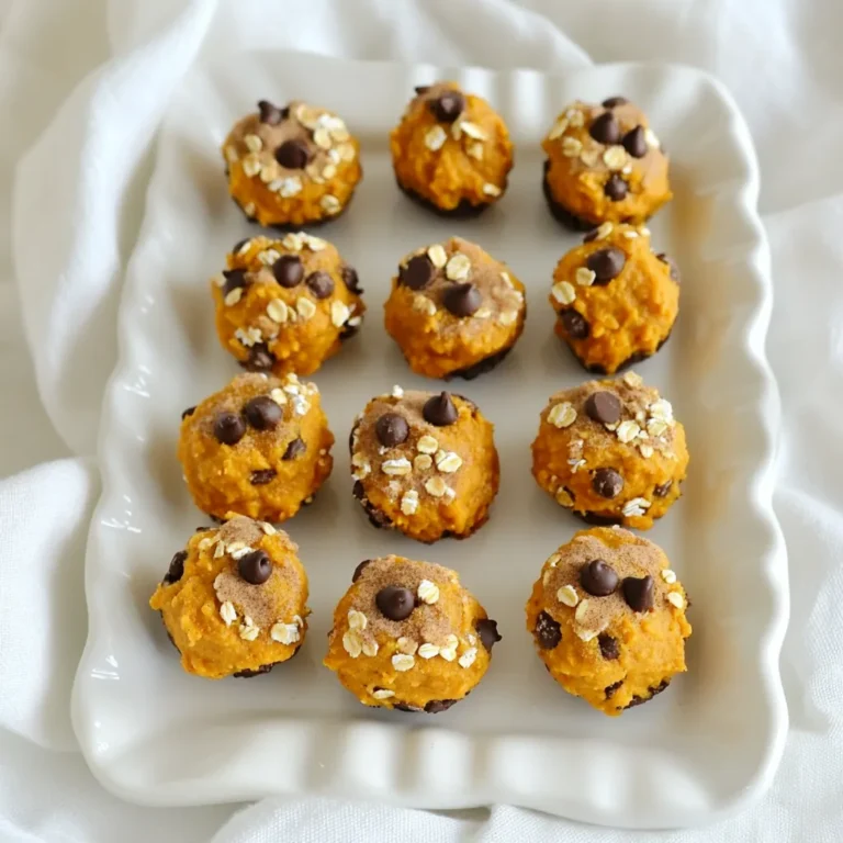 To make these No Bake Pumpkin Peanut Butter Bites, you'll need simple ingredients. Here’s what you should gather: - 1 cup pumpkin puree - 1/2 cup natural peanut butter - 1/4 cup rolled oats - 1/4 cup honey or maple syrup - 1 teaspoon cinnamon - 1/2 teaspoon nutmeg - 1/2 teaspoon vanilla extract - 1/4 cup chocolate chips (dark or milk) - A pinch of salt These ingredients work together to create a tasty treat. The pumpkin puree brings in moisture and flavor. Natural peanut butter adds creaminess and protein. Rolled oats give these bites a nice texture. You can choose honey or maple syrup for sweetness. Cinnamon and nutmeg add warmth and a hint of spice. Vanilla extract enhances the overall taste. Finally, chocolate chips provide a sweet touch that everyone loves. When you combine these ingredients, you create a healthy snack that is easy to make. You can adjust the sweetener to your taste. If you prefer a sweeter bite, add more honey or syrup. If you want less sweetness, reduce the amount. The spices can also be adjusted. If you love cinnamon, add a bit more! Gather these ingredients, and you’re on your way to making a delicious treat. Each one plays a vital role in the final flavor and texture. Enjoy experimenting with your own twists on this recipe! - Mixing the Base Ingredients Start by taking a large bowl. Add 1 cup of pumpkin puree and 1/2 cup of natural peanut butter. Stir them well until they blend together smoothly. This mix is the heart of your bites. - Incorporating Oats and Sweetener Next, add 1/4 cup of rolled oats and 1/4 cup of honey or maple syrup. These ingredients add texture and sweetness. Stir until everything is fully combined. - Adding Spices and Flavorings Now, sprinkle in 1 teaspoon of cinnamon, 1/2 teaspoon of nutmeg, and 1/2 teaspoon of vanilla extract. These spices give your bites a warm, cozy flavor. Don’t forget a pinch of salt to balance the sweetness. Mix again to blend these flavors well. - Folding in Chocolate Chips Finally, gently fold in 1/4 cup of chocolate chips. This adds a sweet surprise to each bite. Be careful not to crush the chips as you mix. - Forming the Balls After mixing, it’s time to shape the mixture. Use your hands to scoop out small amounts, about 1 inch in diameter. Roll them into balls. This is a fun and hands-on part of the process. - Arranging on Baking Sheet Place each ball on a parchment-lined baking sheet. Make sure to leave some space between them. This helps them chill evenly later. - Refrigeration Process Once all the bites are shaped, put the baking sheet in the fridge. This helps them firm up, making them easier to eat. - Timing for Firming Up Let the bites chill for about 30 minutes. This time allows them to set properly. After chilling, they are ready to enjoy. Store any leftovers in an airtight container in the fridge for freshness. Adjusting Sweetness You can change the sweetness by using more or less honey or maple syrup. Start with 1/4 cup, then taste. If you like it sweeter, add a little more. Remember, pumpkin has its own natural sweetness. Ensuring Proper Mixing Mix the pumpkin puree and peanut butter well. This helps the flavors blend. Use a sturdy spoon or spatula. Make sure no lumps remain. When you add oats and spices, mix until everything is even. This will give you a great texture. Pairing with Dips or Toppings These bites are tasty on their own, but you can add dips. Try yogurt or a chocolate sauce for extra flavor. You can also sprinkle some crushed nuts on top for crunch. Ideas for Serving at Events These bites are fun to serve at parties. Place them on a colorful platter. You can also use small cups or skewers for easy eating. They make a great treat for kids and adults alike. Nutritional Value of Pumpkin Pumpkin is low in calories and high in vitamins. It has a lot of vitamin A, which is good for your eyes. Pumpkin also has fiber, which helps with digestion. Benefits of Peanut Butter Peanut butter is packed with protein. It keeps you full and gives you energy. It also contains healthy fats that are good for your heart. Choose natural peanut butter for the best health benefits. {{image_2}} You can make your No Bake Pumpkin Peanut Butter Bites even more fun! Try adding different nuts or seeds. Chopped almonds or walnuts give a nice crunch. Sunflower seeds add a nutty flavor and boost nutrients. Both choices keep your bites tasty and healthy. You can also spice things up by incorporating other spices. Besides cinnamon and nutmeg, try ginger or allspice. These spices add warmth and depth. You can mix and match based on your taste buds. You can easily adapt this recipe to fit your diet. For vegan options, use maple syrup instead of honey. Also, choose a vegan chocolate brand. This way, everyone can enjoy these bites without worry. If you need gluten-free alternatives, use certified gluten-free oats. They are just as delicious and safe for those with gluten sensitivities. This recipe remains tasty and friendly for all diets. Add some fun to your bites with dried fruit. Raisins, cranberries, or chopped dates blend well with pumpkin and peanut butter. They add sweetness and chewiness to your bites. You can also use different types of chocolate. Dark chocolate chips bring a rich taste. Milk chocolate chips offer sweetness, while white chocolate can add a creamy twist. The choices are endless, so get creative! To keep your No Bake Pumpkin Peanut Butter Bites fresh, store them in an airtight container. This helps prevent them from drying out and keeps flavors locked in. You can store them in the fridge for up to a week. If you want to enjoy them later, freezing is a great option. To freeze these bites, first place them on a baking sheet in a single layer. Freeze them for about an hour. Once they are firm, transfer them to a freezer-safe bag or container. This method helps keep their shape. When you’re ready to eat, just take out the desired amount and thaw them in the fridge for a few hours. Watch for signs of spoilage, like an off smell or discoloration. If they look or smell strange, it’s best to toss them. To keep your bites fresh, store them away from heat and direct sunlight. Enjoy them while they’re at their best! Yes, you can use other nut butters. Almond butter works well and has a nice flavor. Cashew butter is also a great choice if you want something mild. Sunflower seed butter is a good option for nut-free diets. Just keep in mind that each nut butter has a unique taste. If you need a pumpkin substitute, try using sweet potato puree. It gives a similar sweetness and texture. You can also use butternut squash puree as a good alternative. Both options keep the bites delicious and help you stick to the recipe's spirit. These bites can stay fresh in the fridge for about one week. Make sure to store them in an airtight container. This keeps them from drying out and helps keep the flavors intact. For longer storage, you can freeze them, which I’ll explain later. Absolutely! You can skip the chocolate chips if you want. Try adding chopped nuts or dried fruit instead for a tasty twist. You can also mix in some seeds for a crunch. This way, you keep the bites fun and add your own flair! We covered how to make delicious pumpkin peanut butter bites using simple ingredients. From mixing the base to shaping the bites, each step is easy to follow. I shared tips for perfect texture, serving ideas, and health benefits. You can even customize these bites to fit your dietary needs. Try these recipes, and you’ll enjoy tasty snacks that are good for you. With proper storage, they can last a while too. Remember, your imagination is the only limit to these bites! Enjoy your healthy treats.