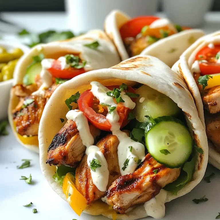 - 1 lb boneless, skinless chicken thighs - 3 cloves garlic, minced - 2 tablespoons ground cumin - 2 tablespoons ground coriander - 1 tablespoon ground paprika - 1 tablespoon ground turmeric - 1 teaspoon cinnamon - 1 teaspoon cayenne pepper (adjust to taste) - 4 tablespoons olive oil - Salt and pepper to taste - Juice of 1 lemon - ½ cup mayonnaise - 2 tablespoons plain yogurt - 2 cloves garlic, minced - 1 tablespoon lemon juice - Salt to taste - 4 pita breads or flatbreads - 1 cup fresh vegetables (cucumbers, tomatoes, lettuce) for garnish - ½ cup pickles (optional) I love using chicken thighs for this recipe. They stay juicy and full of flavor. You can mix the spices to make the marinade. The garlic gives it a nice kick! For the garlic sauce, just mix mayo, yogurt, minced garlic, and lemon juice. It adds creaminess and tang. Feel free to add fresh veggies like cucumbers and tomatoes. They make the dish colorful and fresh. Pickles are a great touch too! Gather all these ingredients, and you're ready to create a tasty Chicken Shawarma. {{ingredient_image_1}} Start by making a tasty marinade. In a big bowl, mix the garlic, cumin, coriander, paprika, turmeric, cinnamon, cayenne pepper, olive oil, lemon juice, salt, and pepper. This mix gives the chicken a lot of flavor. Add the chicken thighs to the bowl. Make sure they get coated well. Cover the bowl and put it in the fridge. Let it marinate for at least one hour. For the best taste, let it sit overnight. Now it’s time to cook. Preheat your grill or skillet over medium-high heat. Take the marinated chicken out of the fridge. Place the chicken on the grill. Cook each side for 6 to 7 minutes. The chicken should be fully cooked and a little charred. Use a meat thermometer to check if it’s at 165°F (75°C). When done, take the chicken off the heat and let it rest for a few minutes. Once rested, slice the chicken thinly. While the chicken cooks, let’s make the garlic sauce. In a bowl, mix the mayonnaise, yogurt, minced garlic, lemon juice, and salt. Stir until it’s smooth. This sauce adds a creamy, tangy kick to your shawarma. Taste it and adjust the salt if needed. Next, warm your pita or flatbreads. You can heat them on the grill or in a dry skillet for about one minute on each side. Now, it’s time to assemble your shawarma. Take a warm pita and place sliced chicken in the center. Top it with fresh vegetables like cucumbers, tomatoes, and lettuce. If you like pickles, add those too. Drizzle a good amount of garlic sauce over the top. Wrap the pita around the fillings. You can cut it in half if you want. Serve your delicious shawarma right away! To make the best marinade, mix the spices well. I use garlic, cumin, coriander, and paprika. These flavors blend nicely. The turmeric adds color, while cinnamon gives warmth. Adjust the cayenne to your taste for heat. Use fresh lemon juice for a bright kick. Coat the chicken in this mixture and let it sit. Marinate for at least one hour, but overnight is best. This lets the flavors soak in deeply. You can grill or pan-cook the chicken. Preheat your grill or skillet over medium-high heat. Grill each side for 6 to 7 minutes. Look for a nice char. Use a meat thermometer to check the inside. It should reach 165°F (75°C). If you prefer, you can also bake the chicken. Set your oven to 400°F (200°C) and bake for 25-30 minutes. The key is to not overcook, as it will dry out. Once cooked, slice the chicken thinly for serving. Warm your pita or flatbreads before filling. Add fresh veggies like cucumbers, tomatoes, and lettuce. For extra flavor, include pickles if you like. Drizzle a good amount of garlic sauce on top. Serve the shawarmas on a wooden board for a nice look. A bowl of extra garlic sauce and a fresh salad on the side make it perfect. Enjoy your meal with family or friends! Pro Tips Marinate Overnight: For the best flavor, marinate the chicken thighs overnight. This allows the spices to penetrate the meat deeply, resulting in a more aromatic and flavorful shawarma. Use a Meat Thermometer: Ensure your chicken is perfectly cooked by using a meat thermometer. The internal temperature should reach 165°F (75°C) to guarantee it's safe to eat and remains juicy. Customize the Heat: Adjust the cayenne pepper to your preference. If you enjoy a milder flavor, you can reduce the amount or omit it altogether. Conversely, add extra for more heat! Fresh Ingredients Matter: Use fresh vegetables for garnishing your shawarma. Crisp cucumbers, juicy tomatoes, and crunchy lettuce not only enhance the flavor but also add a delightful texture. {{image_2}} If you want a vegetarian twist, try using marinated mushrooms or eggplant. These veggies soak up flavors well and grill nicely. You can also use chickpeas or lentils for a protein boost. Just season them with the same spices to keep that shawarma taste. Besides garlic sauce, you can try tahini or yogurt sauce for a creamy touch. Hummus adds a nice flavor, too. For toppings, think about adding roasted red peppers, olives, or a spicy salsa. Each sauce or topping can change the whole dish! You can adjust the spice mix to fit your taste. If you like heat, add more cayenne pepper or chili flakes. For a milder flavor, reduce the cayenne or skip it altogether. Feel free to add herbs like parsley or mint for a fresh taste. To keep your leftover chicken shawarma fresh, store it in an airtight container. Make sure the chicken cools down before sealing. It will last in the fridge for up to three days. For best taste, eat it within two days. When you want to enjoy your leftovers, heat them wisely. You can use a skillet on medium heat for about five minutes. Stir the chicken often to warm it evenly. You can also use a microwave. Heat it in short bursts, about 30 seconds, checking each time until hot. If you have extra chicken shawarma, freezing is a great option. Wrap the chicken tightly in plastic wrap or foil. Place it in a freezer-safe bag. Label the bag with the date. This way, it can stay fresh for up to three months. When you're ready to eat, thaw it in the fridge overnight before reheating. Chicken Shawarma is a popular Middle Eastern dish. It consists of marinated chicken cooked on a grill. The chicken is usually served in pita bread with fresh veggies and sauce. The spices give it a warm, rich flavor. Many people love it for its savory taste and easy-to-eat style. To make garlic sauce, mix these ingredients in a bowl: - ½ cup mayonnaise - 2 tablespoons plain yogurt - 2 cloves garlic, minced - 1 tablespoon lemon juice - Salt to taste Stir until smooth. Taste and adjust salt if needed. This sauce adds creaminess and a tasty garlic kick to your shawarma. Yes, you can use chicken breast instead of thighs. Chicken breast will be leaner and slightly less juicy. Make sure to watch the cooking time. Overcooking can dry it out. Thighs stay moist and tender, but breasts are a fine choice too. You can add many fresh vegetables to your shawarma, such as: - Cucumbers - Tomatoes - Lettuce - Onions - Bell peppers These veggies add crunch and freshness. You can also add pickles for extra tang. To make a gluten-free version, skip the pita bread. Instead, use lettuce wraps or gluten-free flatbreads. Make sure to check all labels on sauces and seasonings. Many sauces can contain gluten, so choose carefully. Enjoy your shawarma with fresh veggies for a tasty meal! This blog post walked you through making Chicken Shawarma. We covered each step, from marinating the chicken to cooking it. I shared tips on preparing garlic sauce and garnishes. You learned about storage and reheating options to keep leftovers fresh. In summary, making Chicken Shawarma is fun and easy. You can adapt it to suit your taste. Enjoy your cooking and savor every bite of this flavorful dish!