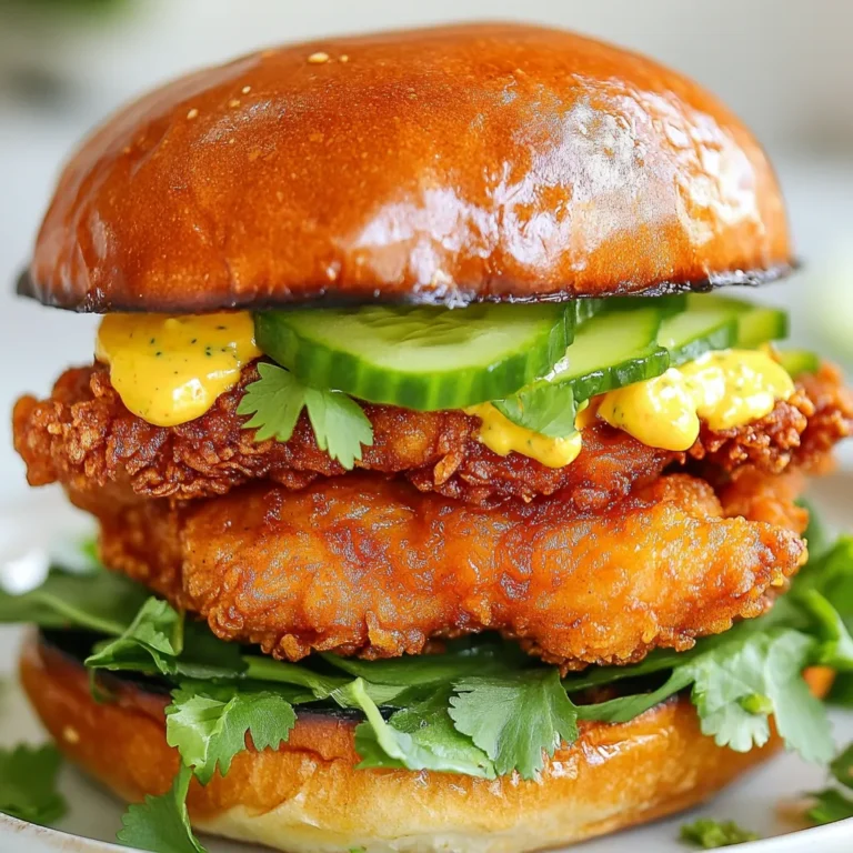 - 2 boneless, skinless chicken thighs - 1 cup buttermilk (or plant-based milk for a dairy-free option) - 1 tablespoon fish sauce - 1 tablespoon Sriracha sauce (adjust to taste) - 1 cup all-purpose flour - 1 teaspoon cornstarch - 1 teaspoon garlic powder - 1 teaspoon onion powder - 1 teaspoon salt - 1/2 teaspoon black pepper - Oil for frying To make the best Thai fried chicken sandwich, you need chicken thighs. They are juicy and tender. The marinade uses buttermilk, fish sauce, and Sriracha. This mix adds flavor and keeps the chicken moist. For the breading, we need flour and cornstarch. The cornstarch makes the chicken crispier. Seasoning is key here. Garlic powder, onion powder, salt, and black pepper give it a nice taste. - Spicy mayo (mix mayonnaise with Sriracha to taste) - Fresh vegetables (lettuce, cucumbers, cilantro) - 4 brioche or whole wheat hamburger buns Next, we have the toppings. I love spicy mayo. Just mix mayonnaise with Sriracha for a kick. Fresh veggies like lettuce, cucumbers, and cilantro add crunch and freshness. Finally, pick your buns. Brioche is soft and buttery, while whole wheat is a healthier choice. Both work great for this sandwich. Enjoy each bite! {{ingredient_image_1}} How to Prepare the Marinade In a large bowl, mix 1 cup of buttermilk, 1 tablespoon of fish sauce, and 1 tablespoon of Sriracha. This blend adds rich flavor to the chicken. Place your 2 boneless, skinless chicken thighs in the mixture. Ensure they are fully covered. Marination Duration and Tips Cover the bowl and chill it in the fridge. Let the chicken marinate for at least 1 hour. For even better taste, marinate overnight. This time helps the flavors soak in well. Preparing the Breading Mixture In another bowl, combine 1 cup of all-purpose flour, 1 teaspoon of cornstarch, 1 teaspoon of garlic powder, 1 teaspoon of onion powder, 1 teaspoon of salt, and 1/2 teaspoon of black pepper. Mix well until everything is even. Dredging Steps for Perfect Coating Once the chicken has marinated, take it out and let the excess buttermilk drip off. Dredge each thigh in the flour mixture. Press lightly to coat well. This step is key for a crispy finish. Oil Temperature and Safety Tips In a deep skillet, add enough oil to cover the bottom by about 1 inch. Heat the oil over medium-high heat until it reaches around 350°F (175°C). Use a thermometer for accuracy. Always be careful when handling hot oil. Cooking Time for Crispy Chicken Place the coated chicken thighs in the hot oil. Fry for about 5-7 minutes on each side. Look for a golden brown color. Use a meat thermometer to check that the internal temperature is at least 165°F (74°C). Layering Ingredients for Flavor On each brioche or whole wheat bun, spread a good amount of spicy mayo. Then, add some crisp lettuce leaves, the fried chicken, and sliced cucumbers. Top with fresh cilantro for a burst of flavor. Serving Suggestions Serve the sandwiches hot and enjoy them right away. These flavors blend well and create a wonderful meal. Try pairing them with fries or a fresh salad for a complete dish. Temperature Checks Keep your oil hot. Aim for 350°F (175°C). Use a thermometer to check. If the oil is too cool, the chicken will soak up oil. Too hot, and it burns. Test the oil by dropping a small piece of bread. If it bubbles, you’re ready to fry! Avoiding Oil Splatters To prevent splatters, use a deep skillet with high sides. Carefully lower the chicken into the oil. Use tongs to avoid splashing. You can also cover the pan partially with a splatter screen. This helps keep your kitchen clean. Adjusting Spice Levels Not a fan of heat? Reduce the Sriracha in your marinade. For more spice, add extra Sriracha or some chili flakes. Always taste your spicy mayo. Adjust it to match your heat level. Recommended Serving Sides Pair your sandwich with crunchy coleslaw or sweet potato fries. A light salad can balance the meal too. Fresh mango or a fruit salad adds a nice touch. Marinating in Advance For the best flavor, marinate your chicken overnight. This allows all the flavors to soak in. If short on time, try to marinate for at least one hour. Storing Leftovers Keep leftover chicken in an airtight container. Make sure it cools to room temperature first. Store it in the fridge for up to three days. Reheat it in the oven for that crispy texture. Pro Tips Marination Matters: The longer you marinate the chicken, the more flavorful and tender it will be. Aim for at least 1 hour, but overnight is ideal. Oil Temperature: Ensure your oil is hot enough (around 350°F or 175°C) before adding the chicken. This prevents the chicken from becoming greasy and helps achieve that perfect crispy texture. Double Dredge for Extra Crunch: For an even crispier coating, consider double dredging the chicken. After the first coating, dip it back in the buttermilk and then coat it again in the flour mixture. Customizing Heat: Adjust the amount of Sriracha in the marinade and spicy mayo to suit your heat preference, or experiment with different hot sauces for unique flavor profiles. {{image_2}} - Gluten-Free Options You can make this sandwich gluten-free. Use gluten-free flour instead of all-purpose flour. Make sure the other ingredients, like the sauces and buttermilk, are gluten-free too. This way, everyone can enjoy the crunch. - Vegan Alternatives To make a vegan version, swap the chicken for crispy tofu or tempeh. Use plant-based milk for the marinade. Replace fish sauce with soy sauce or coconut aminos. This way, you keep the bold flavors without using any animal products. - Adding Mango or Pineapple Want to add a tropical kick? Try adding fresh mango or pineapple slices to your sandwich. The sweetness balances the spice from the Sriracha. This twist brings a bright and fresh taste with every bite. - Different Sauces to Try Feel free to mix up your sauces! Instead of spicy mayo, try peanut sauce or a sweet chili sauce. These sauces add different flavors and can make your sandwich even more exciting to eat. - Air Fryer Instructions If you want a healthier option, try using an air fryer. Coat the chicken as usual and place it in the air fryer. Cook at 400°F (200°C) for about 12-15 minutes, flipping halfway. This gives you crispy chicken without all the oil. - Baking in the Oven You can also bake the chicken. Preheat your oven to 425°F (220°C). Place the coated chicken on a baking sheet. Bake for about 20-25 minutes or until golden. This method is easy and still gives a great crunch. After enjoying your Thai fried chicken sandwich, cool any leftovers before storing. Let the sandwich sit at room temperature for about 30 minutes. This helps prevent moisture. Place the leftover chicken and toppings in separate containers. - Recommended Storage Containers: - Use airtight containers or resealable bags. - Vacuum-sealed bags work great for longer storage. - Label the containers with the date for easy tracking. To enjoy your sandwich again, reheating is key to keeping it crispy. - Best Methods for Maintaining Crispiness: - Use an oven or an air fryer for the best results. - Avoid the microwave, as it can make the bread soggy. - Time and Temperature Guidelines: - Preheat your oven to 350°F (175°C). - Place the sandwich on a baking sheet. - Heat for about 10-15 minutes, checking for warmth. - If using an air fryer, set it to 350°F (175°C) and heat for 5-7 minutes. Following these steps will help keep your Thai fried chicken sandwich tasty and enjoyable. The best way to marinate chicken is to use a flavorful mix. For this sandwich, I combine buttermilk, fish sauce, and Sriracha. Here are some tips to get the most flavor: - Marinate for at least 1 hour: For great taste, let the chicken sit in the marinade. - Overnight is better: If you have time, marinate overnight for deeper flavor. - Ensure full coverage: Make sure the chicken is fully submerged in the marinade. This method makes the chicken tender and packed with flavor, perfect for frying. If you want more heat in your sandwich, here are some ideas: - Add more Sriracha: Mix extra Sriracha into the marinade or the spicy mayo. - Use chili flakes: Sprinkle chili flakes in the flour mixture for added spice. - Add jalapeños: Slice fresh jalapeños and layer them in the sandwich. These simple tweaks will kick up the heat without losing the tasty flavors. Yes, you can freeze this sandwich, but it takes a few steps: - Cool Before Freezing: Let the cooked chicken cool down to room temperature. - Wrap Properly: Wrap the chicken tightly in plastic wrap or foil. - Store in an Airtight Container: Place wrapped chicken in a freezer bag or container. When you're ready to eat, thaw it in the fridge overnight before reheating. Pairing the right sides can elevate your meal. Here are some popular options: - Crispy Fries: Classic fries or sweet potato fries work well. - Coleslaw: The crunch and tanginess of coleslaw complement the sandwich nicely. - Thai Salad: A fresh, herb-filled salad adds a light touch. These sides balance the richness of the sandwich, making for a satisfying meal. You learned how to make a Thai Fried Chicken Sandwich from start to finish. We covered the key ingredients, marinating tips, and cooking steps. Plus, I shared ways to store leftovers and heat them up. This dish is fun to make and easy to tweak. You can adjust the spice level or swap ingredients to fit your taste. Remember, practice makes perfect. Enjoy your cooking journey and create a sandwich that impresses everyone!