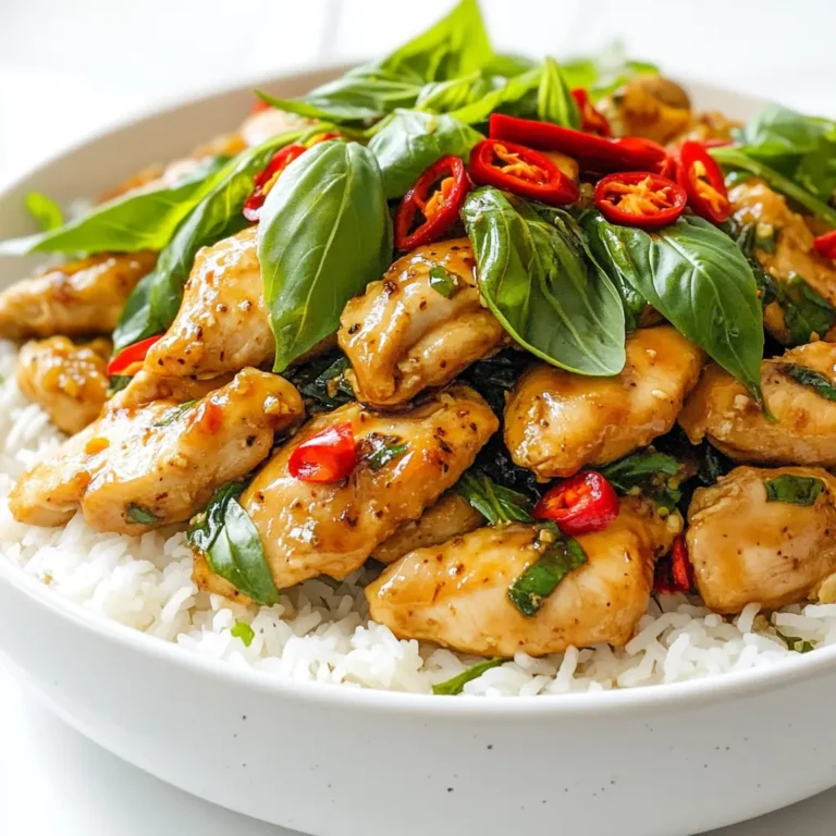 To make Thai basil chicken, you need the following items: - 500g boneless chicken thigh, sliced thinly - 3 cloves garlic, minced - 2 shallots, finely sliced - 2 red chilies, sliced (adjust to taste) - 1 cup fresh Thai basil leaves - 2 tablespoons soy sauce - 1 tablespoon oyster sauce (or mushroom sauce for a vegetarian option) - 1 teaspoon sugar - 1 tablespoon vegetable oil - Cooked jasmine rice, for serving These ingredients work together to create a rich flavor. The chicken thigh gives a juicy base, while garlic and shallots add depth. The chilies bring heat, and the Thai basil gives a fresh, fragrant touch. For this dish, I recommend using fresh herbs and spices. Thai basil is essential. It has a unique flavor that makes this dish special. You can also try adding lime leaves or cilantro for extra freshness. These herbs will brighten the meal and enhance the taste. If you have dietary needs, there are easy swaps. For a vegetarian version, use mushroom sauce instead of oyster sauce. You can also swap chicken for tofu or tempeh. Both will absorb the sauce well. If you want a gluten-free dish, choose a gluten-free soy sauce. These substitutions will keep the flavors while meeting your needs. First, gather all your ingredients. This makes cooking easier. You will need: - 500g boneless chicken thigh, sliced thinly - 3 cloves garlic, minced - 2 shallots, finely sliced - 2 red chilies, sliced (adjust to taste) - 1 cup fresh Thai basil leaves - 2 tablespoons soy sauce - 1 tablespoon oyster sauce (or mushroom sauce for a vegetarian option) - 1 teaspoon sugar - 1 tablespoon vegetable oil - Cooked jasmine rice, for serving Next, prepare your chicken. Use a sharp knife to slice it thinly. Then, mince the garlic and slice the shallots and chilies. Set everything aside. This way, you can cook quickly. Now, let’s get cooking. Heat the vegetable oil in a large skillet or wok over medium-high heat. Once the oil is hot, add the minced garlic and sliced shallots. Stir them for about 30 seconds until they smell great. Add the sliced chicken to the skillet. Cook it for 5-7 minutes. You want the chicken to be cooked through and lightly browned. Next, toss in the sliced red chilies and stir-fry for 1-2 more minutes. In a small bowl, mix the soy sauce, oyster sauce, and sugar. Pour this sauce over the chicken mixture in the skillet. Stir well to coat the chicken. Let it cook for another minute. Finally, fold in the fresh Thai basil leaves. Stir until they wilt, which should take about 30 seconds. Now, you are ready to serve. Plate the Thai basil chicken over a bed of steamed jasmine rice. For a nice touch, garnish with extra basil leaves and slices of fresh red chili. You can also add lime wedges on the side. The lime adds a burst of freshness. Enjoy your meal! To get the best taste from your Thai basil chicken, use fresh ingredients. Fresh garlic and shallots add a sweet and savory touch. Use good quality soy sauce and oyster sauce for depth. The balance of salty and sweet is key. Don’t forget the sugar; it enhances the flavors. Also, make sure to add basil last. This keeps its bright color and fresh taste. One common mistake is overcooking the chicken. Cook it just until it turns golden brown. If you cook it too long, it can get dry. Another mistake is neglecting the heat. Use high heat for a quick stir-fry. This helps the flavors blend well. Finally, don’t skip the chilies if you want that authentic kick! If you like it mild, use fewer red chilies. You can also remove the seeds for less heat. On the other hand, if you want it spicier, add more chilies. You can also try different types of chilies for varied heat levels. Taste as you go to find your perfect balance. {{image_2}} You can make a tasty vegetarian or vegan version of Thai basil chicken. For this, replace chicken with tofu or tempeh. Use mushroom sauce instead of oyster sauce. This change keeps the umami flavor without meat. You can also add vegetables like bell peppers or snap peas. They add color and crunch to the dish. If you want to switch up the protein, try shrimp or beef. Shrimp cooks quickly and soaks up the sauce well. Beef adds a rich flavor, but it needs longer cooking time. For a lighter option, use chicken breast instead of thighs. It will still taste great! Serve Thai basil chicken over jasmine rice or noodles. You can also use lettuce wraps for a fun twist. Just spoon the mixture into large lettuce leaves and roll them up. Top with fresh lime juice for a zesty kick. For a complete meal, pair it with a side of fresh salad or spring rolls. After enjoying your Thai Basil Chicken, let it cool. Place it in an airtight container. Store it in the fridge. It stays fresh for up to three days. If left at room temperature, eat it within two hours. Reheat your Thai Basil Chicken on the stovetop. Use a skillet over medium heat. Stir often to avoid burning. You can also use a microwave. Heat in short bursts, stirring in between. This keeps the chicken juicy and the basil fresh. If you want to save it longer, freeze the chicken. Place it in a freezer-safe bag. Remove as much air as you can. It lasts up to three months in the freezer. To thaw, place it in the fridge overnight. Reheat it after thawing for the best taste. The best way to cut chicken for Thai Basil Chicken is to use boneless chicken thighs. Slice them thinly against the grain. This keeps the meat tender and juicy. Aim for pieces about half an inch thick. Thin slices cook quickly and soak up the flavors well. Yes, you can make this dish gluten-free. Use gluten-free soy sauce instead of regular soy sauce. You can also find gluten-free oyster sauce at many stores. Always check labels to ensure all your ingredients are gluten-free. This way, you can enjoy the same great taste without the gluten. To spice up your Thai Basil Chicken, add more red chilies. You can slice them thin and toss them in during cooking. If you love heat, try using Thai bird's eye chilies. These tiny peppers pack a punch. You can also add a dash of chili flakes in the sauce for extra heat. Common side dishes include jasmine rice, which complements the flavors well. You can also serve stir-fried vegetables for added color and nutrition. A simple cucumber salad can refresh the palate. For a drink, consider a light Thai iced tea. These sides balance the meal and make it more enjoyable. In this blog post, I shared how to make Thai Basil Chicken. I covered required and recommended ingredients and offered substitutions for your diet. You learned step-by-step cooking instructions and tips for great flavor without mistakes. I also provided variations, storage tips, and answered common questions. Now you can confidently prepare this dish at home. Enjoy the rich taste, and remember, cooking is all about making it your own!