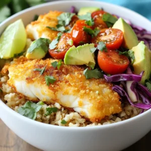 To create tasty crispy fish taco bowls, you need the right fish and base. Here are the main ingredients you'll need: - 1 lb white fish fillets (like cod or tilapia) - 2 cups cooked brown rice or quinoa Seasoning makes the fish shine. For the best flavor, gather these spices: - 1 cup all-purpose flour - 1/2 cup cornmeal - 1 teaspoon smoked paprika - 1 teaspoon garlic powder - 1/2 teaspoon cayenne pepper - Salt and pepper to taste - 2 large eggs, beaten Toppings add freshness and crunch. Here are some great options: - 1 cup shredded red cabbage - 1 cup cherry tomatoes, halved - 1 ripe avocado, diced - 1/4 cup fresh cilantro, chopped - Juice of 1 lime - Optional toppings: sliced radishes, jalapeños, sour cream or yogurt These ingredients create a fun and tasty meal. Enjoy the process of making your fish taco bowls! {{ingredient_image_1}} Start by drying the fish fillets with paper towels. This helps the coating stick better. Season both sides with salt and pepper. This simple step adds a lot of flavor. Set up three bowls for the breading. In the first bowl, mix flour, smoked paprika, garlic powder, cayenne pepper, and a pinch of salt and pepper. In the second bowl, beat the eggs until they are well mixed. The third bowl holds the cornmeal. Take each fillet and first dredge it in the flour mix. Shake off any extra flour. Next, dip the fillet in the beaten eggs. Finally, coat it with cornmeal. Make sure each piece is well covered. Heat vegetable oil in a large frying pan over medium-high heat. You want the oil to be hot, around 350°F or 175°C. Carefully add the fish fillets in batches. Fry them for about 4-5 minutes on each side. Look for a golden brown color and crispy texture. When done, remove the fish and let it drain on paper towels. In a big bowl, mix cooked brown rice or quinoa, shredded red cabbage, halved cherry tomatoes, diced avocado, and chopped cilantro. Squeeze lime juice over this mix and gently toss it together. Now it’s time to build your bowls. Start with the rice mixture as the base. Top it with a few pieces of crispy fish. Add any extra toppings you like, such as sliced radishes, jalapeños, or a dollop of sour cream. Enjoy your colorful and tasty dish! To get that perfect crisp, start with dry fish. Pat the fillets with paper towels. This helps the coating stick better. I mix flour with smoked paprika, garlic powder, and cayenne for flavor. This blend adds a nice kick. Dredge the fish well in this mixture. Shake off any extra flour. Dip it in egg, then coat with cornmeal. The cornmeal gives a crunch that you will love. Use vegetable oil for frying. It has a high smoke point and works well. I like to heat the oil to 350°F (175°C). This is the right temperature for frying. If it's too cold, the fish will soak up oil. If it's too hot, the coating will burn. You can also use canola or peanut oil as good alternatives. Both give a nice flavor and crispness. Prep your ingredients before you start cooking. Chop the vegetables and make the rice or quinoa ahead of time. This saves you time when you are ready to eat. You can also bread the fish in advance. Just keep it in the fridge until you fry it. This way, you get the same great taste without rushing. Enjoy your cooking time! Pro Tips Fish Freshness: Always choose the freshest fish available for the best flavor and texture. Look for clear eyes and bright skin. Perfect Frying Temperature: Use a thermometer to ensure your oil is at the right temperature (around 350°F/175°C) for crispy results without absorbing too much oil. Crunchy Coating: For extra crunch, double-dip the fish by repeating the dredging process before frying. Flavorful Rice Base: Cook the brown rice or quinoa in vegetable or chicken broth instead of water to infuse more flavor into the base of your bowls. {{image_2}} You can easily swap the fish for shrimp or chicken. Shrimp cooks fast and adds a nice crunch. Just season and cook them the same way as the fish. If you prefer chicken, use boneless thighs or breasts. Cut them into strips and follow the same breading steps. You will get a tasty twist on the classic fish taco bowl. If you want a meat-free meal, try using vegetables or tofu. Cauliflower works great when roasted or fried. It has a nice texture and absorbs flavors well. You can also use firm tofu. Press it to remove water, then cut it into cubes. Bread it like the fish and fry until crispy. Both options are delicious and filling. You can change the flavor by adding spices or sauces. For a spicy kick, mix more cayenne pepper or add chili powder to the breading. You can also drizzle hot sauce on top before serving. For a fresh taste, squeeze extra lime juice over the bowl. This brightens the dish and adds zest. Experiment with different flavors to find your favorite combination! Store any leftover fish taco bowls in an airtight container. Keep them in the fridge. Use them within three days for the best taste. Make sure to separate the fish from the rice mixture. This keeps the fish crispy. To reheat, use an oven or an air fryer. Preheat the oven to 350°F (175°C). Place the fish on a baking sheet. Heat for about 10 minutes until warm. If using an air fryer, cook at the same temperature for about 5 minutes. This method keeps the fish crispy. You can freeze the fish separately. Wrap each piece tightly in plastic wrap. Place them in a freezer bag. They can last for up to two months. I do not recommend freezing the rice mixture. It does not hold up well after thawing. When ready to eat, thaw in the fridge overnight before reheating. I recommend using white fish like cod or tilapia. These fish have a mild flavor and flaky texture. They fry well, giving you that perfect crispy bite. You can also try other white fish like haddock or pollock. Just avoid fish with a strong taste, as it may overpower the dish. Yes, you can make it gluten-free! Replace all-purpose flour with a gluten-free flour blend. You can also use gluten-free cornmeal if needed. Check the labels on all ingredients, especially sauces and toppings, to prevent gluten exposure. This way, everyone can enjoy the tasty fish taco bowls. Fish taco bowls shine with fresh sides. Try serving them with a simple green salad or corn salad. Black beans or refried beans also add protein and flavor. You can also serve with tortilla chips and salsa for a fun crunch. These sides enhance the meal and make it more filling. To keep the fish crispy, avoid stacking it in a bowl. Place it on a rack instead. This allows air to circulate and keeps the fish crisp. You can also reheat it in an oven at a low temperature for a few minutes. This method helps regain that crunchy texture. You learned how to make crispy fish tacos today. We covered the best ingredients, cooking steps, and pro tips. You now know how to pick proteins and add flavors. Storing and reheating tips help keep your meal fresh. Trying different toppings adds fun to your tacos. Remember, cooking is about discovery. Enjoy making these tasty dishes and sharing them with others!