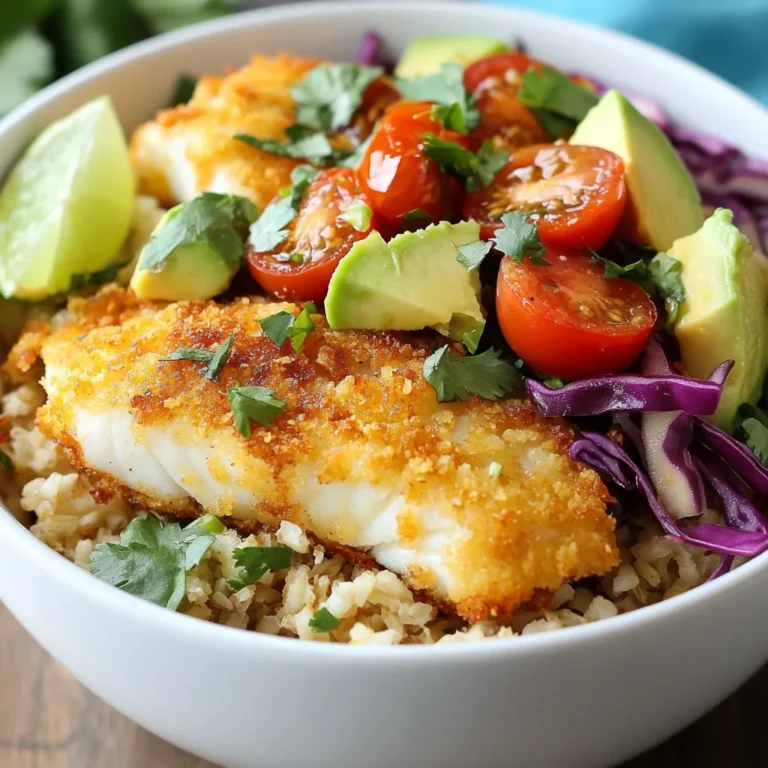 To create tasty crispy fish taco bowls, you need the right fish and base. Here are the main ingredients you'll need: - 1 lb white fish fillets (like cod or tilapia) - 2 cups cooked brown rice or quinoa Seasoning makes the fish shine. For the best flavor, gather these spices: - 1 cup all-purpose flour - 1/2 cup cornmeal - 1 teaspoon smoked paprika - 1 teaspoon garlic powder - 1/2 teaspoon cayenne pepper - Salt and pepper to taste - 2 large eggs, beaten Toppings add freshness and crunch. Here are some great options: - 1 cup shredded red cabbage - 1 cup cherry tomatoes, halved - 1 ripe avocado, diced - 1/4 cup fresh cilantro, chopped - Juice of 1 lime - Optional toppings: sliced radishes, jalapeños, sour cream or yogurt These ingredients create a fun and tasty meal. Enjoy the process of making your fish taco bowls! {{ingredient_image_1}} Start by drying the fish fillets with paper towels. This helps the coating stick better. Season both sides with salt and pepper. This simple step adds a lot of flavor. Set up three bowls for the breading. In the first bowl, mix flour, smoked paprika, garlic powder, cayenne pepper, and a pinch of salt and pepper. In the second bowl, beat the eggs until they are well mixed. The third bowl holds the cornmeal. Take each fillet and first dredge it in the flour mix. Shake off any extra flour. Next, dip the fillet in the beaten eggs. Finally, coat it with cornmeal. Make sure each piece is well covered. Heat vegetable oil in a large frying pan over medium-high heat. You want the oil to be hot, around 350°F or 175°C. Carefully add the fish fillets in batches. Fry them for about 4-5 minutes on each side. Look for a golden brown color and crispy texture. When done, remove the fish and let it drain on paper towels. In a big bowl, mix cooked brown rice or quinoa, shredded red cabbage, halved cherry tomatoes, diced avocado, and chopped cilantro. Squeeze lime juice over this mix and gently toss it together. Now it’s time to build your bowls. Start with the rice mixture as the base. Top it with a few pieces of crispy fish. Add any extra toppings you like, such as sliced radishes, jalapeños, or a dollop of sour cream. Enjoy your colorful and tasty dish! To get that perfect crisp, start with dry fish. Pat the fillets with paper towels. This helps the coating stick better. I mix flour with smoked paprika, garlic powder, and cayenne for flavor. This blend adds a nice kick. Dredge the fish well in this mixture. Shake off any extra flour. Dip it in egg, then coat with cornmeal. The cornmeal gives a crunch that you will love. Use vegetable oil for frying. It has a high smoke point and works well. I like to heat the oil to 350°F (175°C). This is the right temperature for frying. If it's too cold, the fish will soak up oil. If it's too hot, the coating will burn. You can also use canola or peanut oil as good alternatives. Both give a nice flavor and crispness. Prep your ingredients before you start cooking. Chop the vegetables and make the rice or quinoa ahead of time. This saves you time when you are ready to eat. You can also bread the fish in advance. Just keep it in the fridge until you fry it. This way, you get the same great taste without rushing. Enjoy your cooking time! Pro Tips Fish Freshness: Always choose the freshest fish available for the best flavor and texture. Look for clear eyes and bright skin. Perfect Frying Temperature: Use a thermometer to ensure your oil is at the right temperature (around 350°F/175°C) for crispy results without absorbing too much oil. Crunchy Coating: For extra crunch, double-dip the fish by repeating the dredging process before frying. Flavorful Rice Base: Cook the brown rice or quinoa in vegetable or chicken broth instead of water to infuse more flavor into the base of your bowls. {{image_2}} You can easily swap the fish for shrimp or chicken. Shrimp cooks fast and adds a nice crunch. Just season and cook them the same way as the fish. If you prefer chicken, use boneless thighs or breasts. Cut them into strips and follow the same breading steps. You will get a tasty twist on the classic fish taco bowl. If you want a meat-free meal, try using vegetables or tofu. Cauliflower works great when roasted or fried. It has a nice texture and absorbs flavors well. You can also use firm tofu. Press it to remove water, then cut it into cubes. Bread it like the fish and fry until crispy. Both options are delicious and filling. You can change the flavor by adding spices or sauces. For a spicy kick, mix more cayenne pepper or add chili powder to the breading. You can also drizzle hot sauce on top before serving. For a fresh taste, squeeze extra lime juice over the bowl. This brightens the dish and adds zest. Experiment with different flavors to find your favorite combination! Store any leftover fish taco bowls in an airtight container. Keep them in the fridge. Use them within three days for the best taste. Make sure to separate the fish from the rice mixture. This keeps the fish crispy. To reheat, use an oven or an air fryer. Preheat the oven to 350°F (175°C). Place the fish on a baking sheet. Heat for about 10 minutes until warm. If using an air fryer, cook at the same temperature for about 5 minutes. This method keeps the fish crispy. You can freeze the fish separately. Wrap each piece tightly in plastic wrap. Place them in a freezer bag. They can last for up to two months. I do not recommend freezing the rice mixture. It does not hold up well after thawing. When ready to eat, thaw in the fridge overnight before reheating. I recommend using white fish like cod or tilapia. These fish have a mild flavor and flaky texture. They fry well, giving you that perfect crispy bite. You can also try other white fish like haddock or pollock. Just avoid fish with a strong taste, as it may overpower the dish. Yes, you can make it gluten-free! Replace all-purpose flour with a gluten-free flour blend. You can also use gluten-free cornmeal if needed. Check the labels on all ingredients, especially sauces and toppings, to prevent gluten exposure. This way, everyone can enjoy the tasty fish taco bowls. Fish taco bowls shine with fresh sides. Try serving them with a simple green salad or corn salad. Black beans or refried beans also add protein and flavor. You can also serve with tortilla chips and salsa for a fun crunch. These sides enhance the meal and make it more filling. To keep the fish crispy, avoid stacking it in a bowl. Place it on a rack instead. This allows air to circulate and keeps the fish crisp. You can also reheat it in an oven at a low temperature for a few minutes. This method helps regain that crunchy texture. You learned how to make crispy fish tacos today. We covered the best ingredients, cooking steps, and pro tips. You now know how to pick proteins and add flavors. Storing and reheating tips help keep your meal fresh. Trying different toppings adds fun to your tacos. Remember, cooking is about discovery. Enjoy making these tasty dishes and sharing them with others!