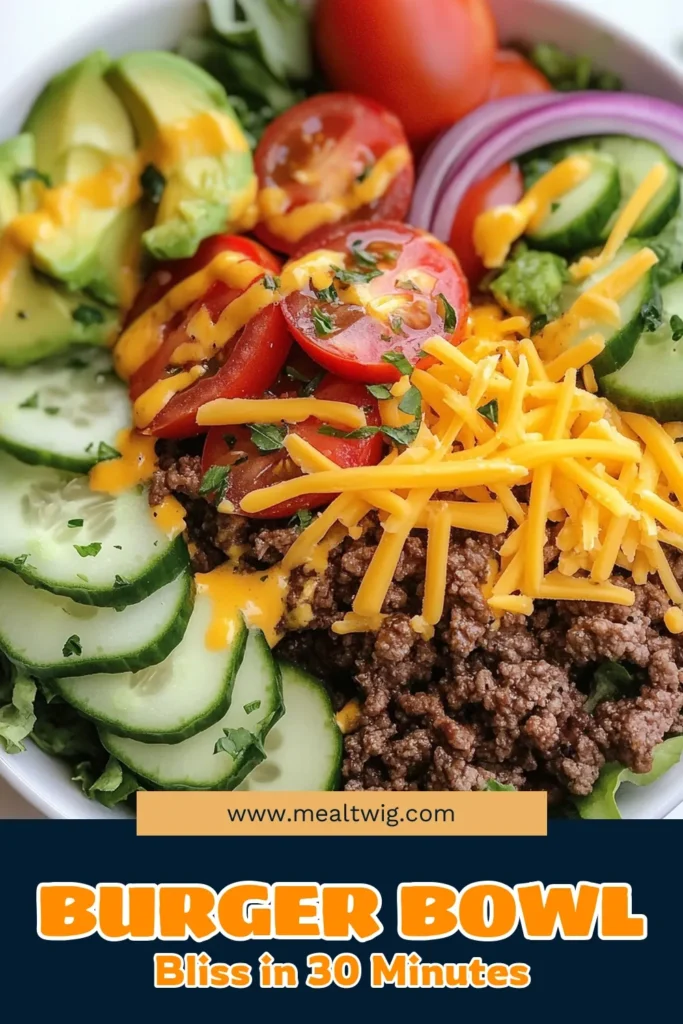 Elevate your dinner game with this delicious burger bowl recipe! This healthy burger bowl combines seasoned ground beef, fresh veggies, and creamy avocado for a satisfying meal. Enjoy a low-carb burger bowl that's perfect for quick dinner recipes. Ready in just 30 minutes, it's a ground beef salad bowl that will please the whole family. Try it tonight and savor every bite! Don’t forget to save this recipe! #BurgerBowl #HealthyEating #LowCarbMeals #QuickDinner