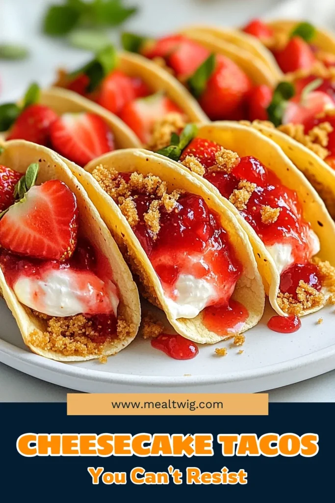 Discover the perfect mix of fun and flavor with these strawberry cheesecake tacos! This no-bake cheesecake dessert features mini taco desserts wrapped in soft tortillas, making it an exciting twist on traditional cheesecake recipes with strawberries. Ideal for gatherings, these easy dessert recipes will impress your guests. Try making strawberry crunch cheesecake tacos today and elevate your dessert game! Save this recipe for your next party! #strawberrycheesecaketacos #cheesecakerecipes #easydessertrecipes #minitacodesserts