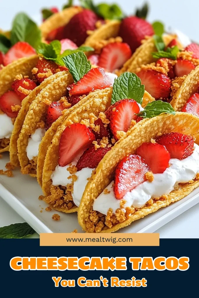 Indulge in a delicious twist on dessert with these strawberry crunch cheesecake tacos! This easy strawberry dessert recipe features no-bake cheesecake tacos filled with creamy filling and topped with fresh strawberries. Perfect for parties or a sweet treat at home, our cheesecake taco recipe will impress family and friends. Try these delightful dessert tacos with strawberries today and satisfy your sweet tooth! #DessertTacos #EasyDessertRecipe #StrawberryTacos #NoBakeCheesecake