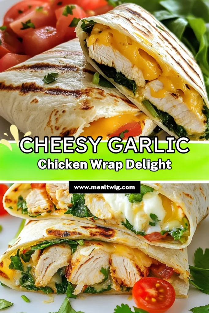 Looking for an easy chicken dinner? Try these Cheesy Garlic Chicken Wraps! Featuring grilled chicken, creamy garlic and mozzarella, and fresh veggies wrapped in tortillas, this recipe is a hit for a quick meal. Perfect for busy nights, it combines delicious grilled chicken recipes with creative tortilla wrap ideas. Make dinner special tonight with these flavorful wraps! Save this recipe for later! #CheesyGarlicChickenWraps #GrilledChickenRecipes #TortillaWrapsIdeas #EasyChickenDinner
