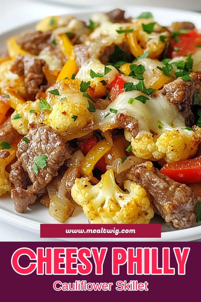 Enjoy a delightful twist on a classic with this Philly cheesesteak cauliflower skillet! This low-carb cheesesteak recipe combines tender beef, colorful veggies, and creamy provolone for a healthy cheesesteak alternative. Perfect for easy beef skillet dinners, this cauliflower skillet meal is ready in just 30 minutes. Save this recipe for a delicious weeknight dinner that caters to your low-carb lifestyle! #PhillyCheesesteak #CauliflowerSkillet #LowCarbRecipes #HealthyEating