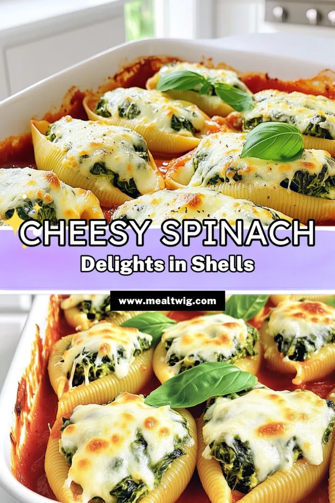 Indulge in the deliciousness of Cheesy Spinach Stuffed Shells that are sure to impress! This easy recipe combines creamy ricotta, fresh spinach, and melty cheeses stuffed into jumbo pasta shells and smothered in marinara sauce. Perfect for a cozy dinner, these shells are a crowd-pleaser. Ready to get cooking? Click through for the full recipe and bring this flavorful dish to your table tonight! #CheesySpinachStuffedShells #PastaRecipe #ComfortFood #DinnerIdeas
