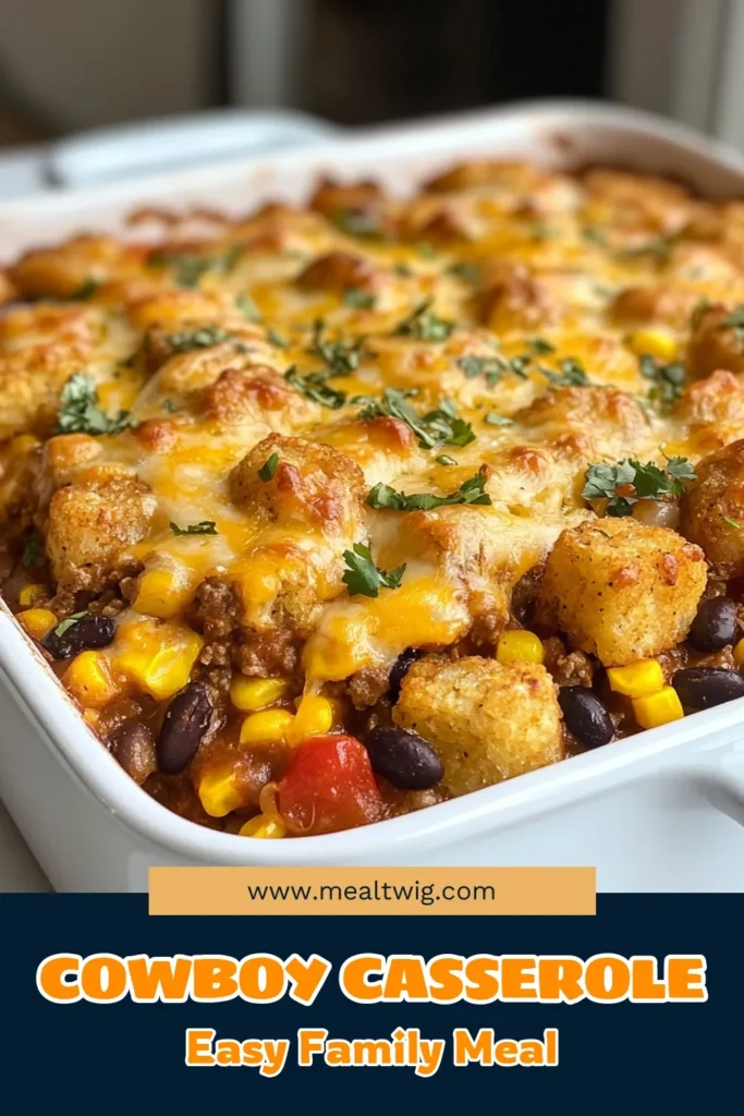 Discover the ultimate Cowboy Casserole recipe that combines ground beef, black beans, and tater tots for a hearty, easy casserole meal! This delicious tater tot casserole is perfect for busy weeknights, satisfying the whole family with its rich flavors. In just 50 minutes, you can enjoy this ground beef casserole that’s as comforting as it is quick to make. Try it today and save for later! #CowboyCasserole #TaterTotCasserole #EasyCasseroleMeals #GroundBeefCasserole