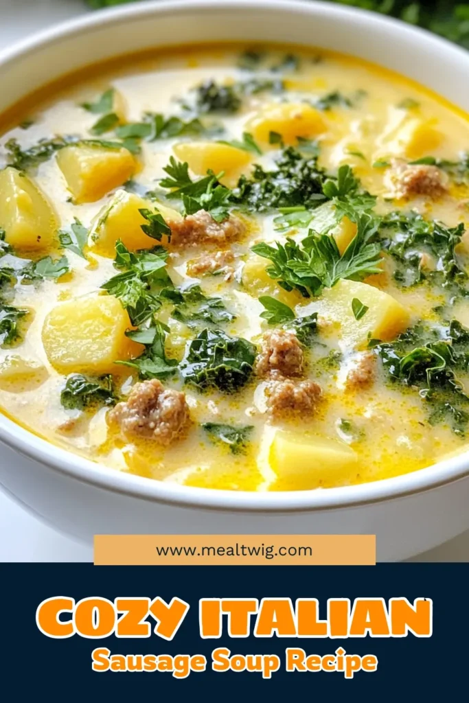 Warm up with this delicious Italian sausage potato soup that's perfect for chilly days. This hearty soup with kale features a creamy sausage potato soup base that's easy to make and full of flavor. This easy Italian soup recipe will quickly become a family favorite! Ready in just 40 minutes, it's a comforting dish for any night. Pin now to bring this potato soup recipe to your kitchen! #ItalianSausageSoup #PotatoSoupRecipe #HeartySoupWithKale #EasyItalianSoupRecipe