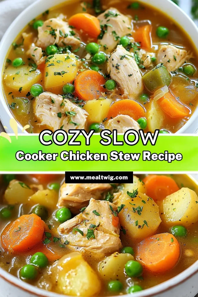 Warm up your family with this comforting slow cooker chicken stew, a perfect addition to your collection of comfort food recipes. This hearty chicken stew features tender chicken thighs, vibrant veggies, and savory herbs, creating a deliciously easy chicken stew recipe for busy days. Perfect for family-friendly meals, this dish is sure to satisfy! Save the recipe now and let your slow cooker do the work. #SlowCookerChickenStew #ComfortFood #EasyChickenStew #FamilyMeals