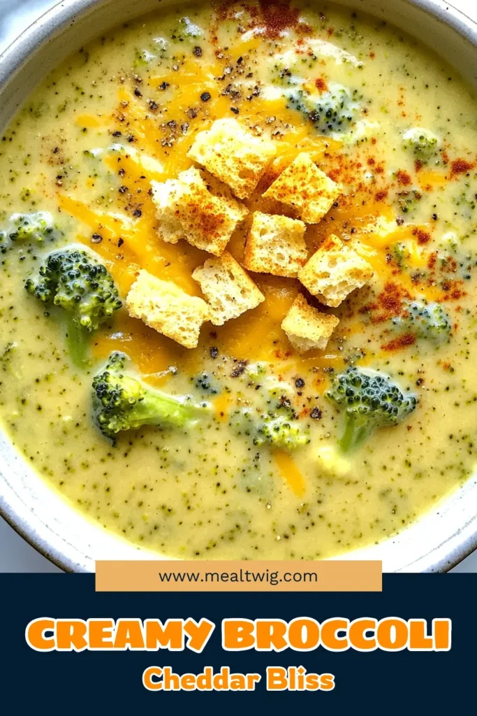 Warm up with this delicious creamy broccoli cheddar soup that combines the goodness of fresh broccoli and melted cheese in a comforting bowl. This homemade broccoli soup is an easy soup recipe that’s perfect for chilly nights and is packed with nutrients, making it a great choice among healthy soup recipes. Enjoy it with croutons for added crunch! Save this recipe for a cozy night in. #BroccoliCheddarSoup #CreamyVegetableSoup #EasySoupRecipes #HealthySoupRecipes