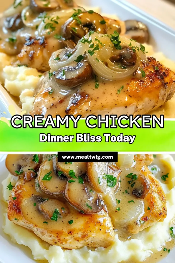 Discover this creamy chicken recipe that will elevate your dinner game! This easy chicken with mushrooms is perfect for a quick dinner recipe, taking just 30 minutes to prepare. Enjoy a delicious one-pan chicken meal packed with flavor, featuring tender chicken breasts in a luscious mushroom sauce. Try this mushroom chicken dish tonight and impress your family! Save this recipe for later! #chickenrecipe #mushroomdinner #easymeals #quickrecipes