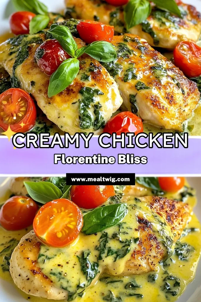 Indulge in this easy Chicken Florentine recipe that combines succulent chicken with spinach and cream for a creamy chicken dish that's bursting with flavor. This Italian chicken recipe is quick to make and perfect for dinner. With rich Parmesan cheese and fresh spinach, this dish is a family favorite! Try it tonight and experience the delightful taste of Chicken Florentine. Save this recipe for later! #ChickenFlorentine #ItalianRecipes #CreamyChicken #DinnerIdeas