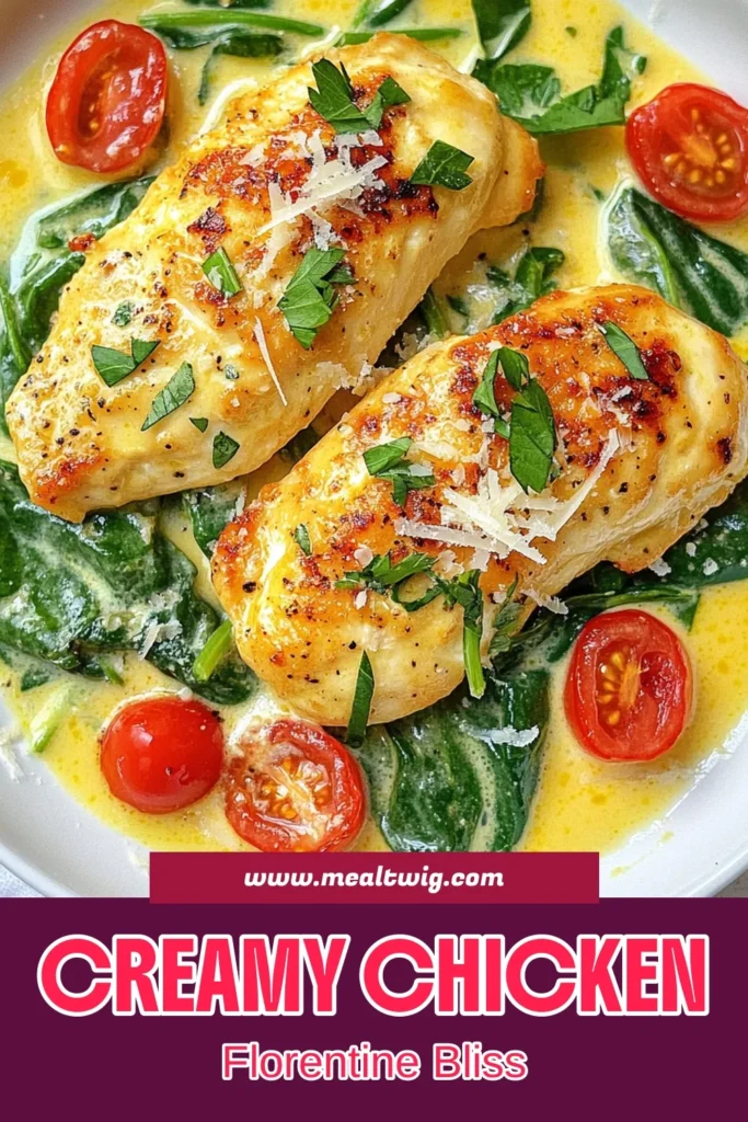 Elevate your dinner with this Creamy Chicken Florentine! This easy chicken recipe features tender chicken breasts bathed in a luscious cream sauce, packed with nutritious spinach and cherry tomatoes. Perfect for a weeknight meal, this Chicken Florentine recipe is a delightful Parmesan chicken skillet dish that your family will love. Save this recipe for your next dinner party and impress your guests! #CreamyChickenFlorentine #EasyChickenRecipes #SpinachChickenDish #ChickenFlorentineRecipe