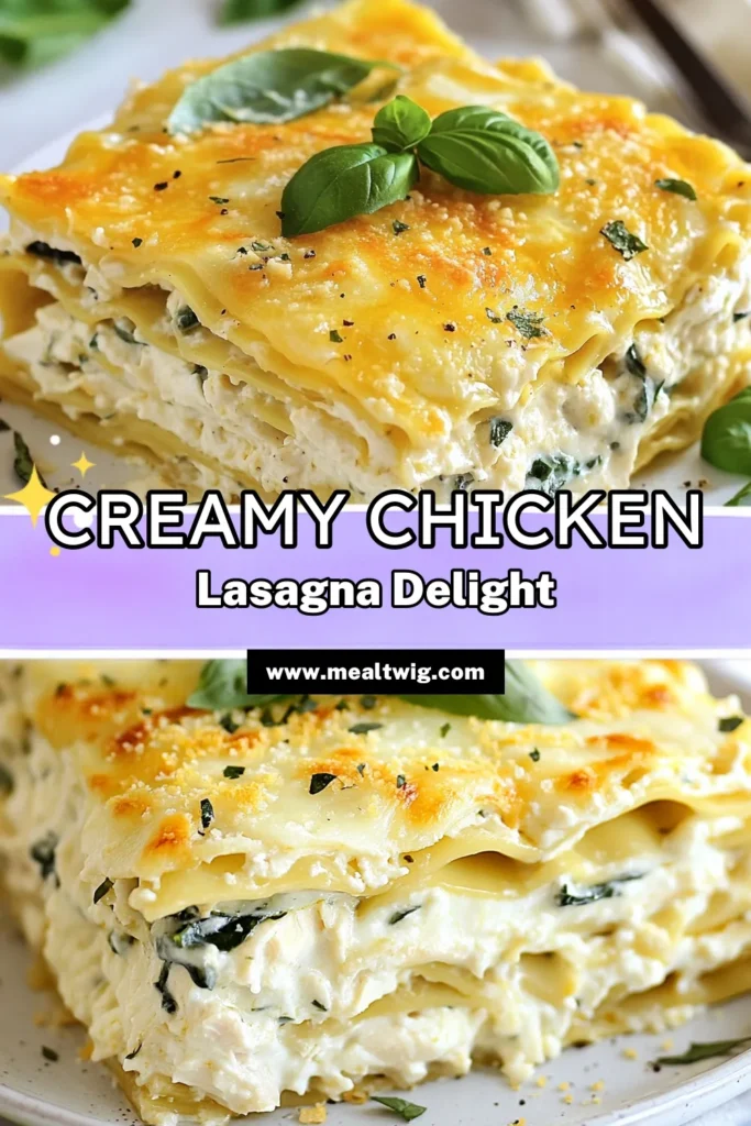 Indulge in this creamy chicken lasagna, a perfect comfort food lasagna recipe for any occasion! This easy chicken lasagna recipe features tender layers of shredded chicken, fresh spinach, and flavorful Alfredo sauce, all enveloped in gooey mozzarella and Parmesan. It's an ultimate cheesy chicken pasta bake that your family will love. Make this delicious spinach lasagna with Alfredo sauce today and watch it disappear! Save and try this recipe now! #ComfortFood #ChickenLasagna #EasyRecipes #CheesyLasagna