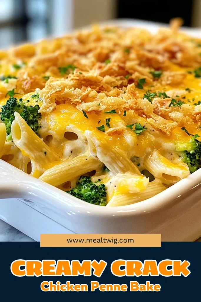 Discover the ultimate comfort food with this Crack Chicken Penne Bake! This creamy chicken pasta bake combines shredded chicken, ranch dressing, and cheesy goodness for a family favorite. Perfect as an easy chicken penne recipe, it features baked penne with ranch dressing and topped with crunchy fried onions. This cheesy chicken pasta casserole is sure to impress! Try it tonight and save the recipe! #CrackChickenPenneBake #ChickenPasta #EasyDinner #ComfortFood