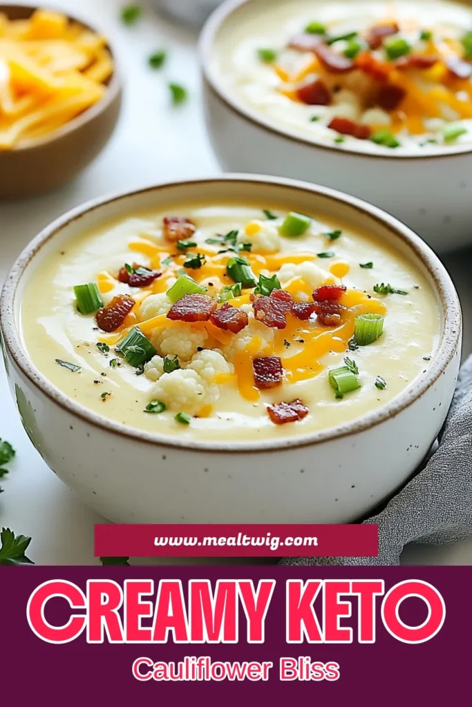 Indulge in this creamy loaded cauliflower soup that perfectly fits your keto lifestyle! This keto cauliflower soup is packed with flavor, featuring cheese, crispy bacon, and a rich texture that makes it a standout among low carb soup recipes. Perfect for a cozy meal, this cauliflower soup with cheese is a must-try in your collection of keto-friendly soup recipes. Click to save and enjoy this delicious dish today! #KetoRecipes #HealthyEating #LowCarb #SoupSeason