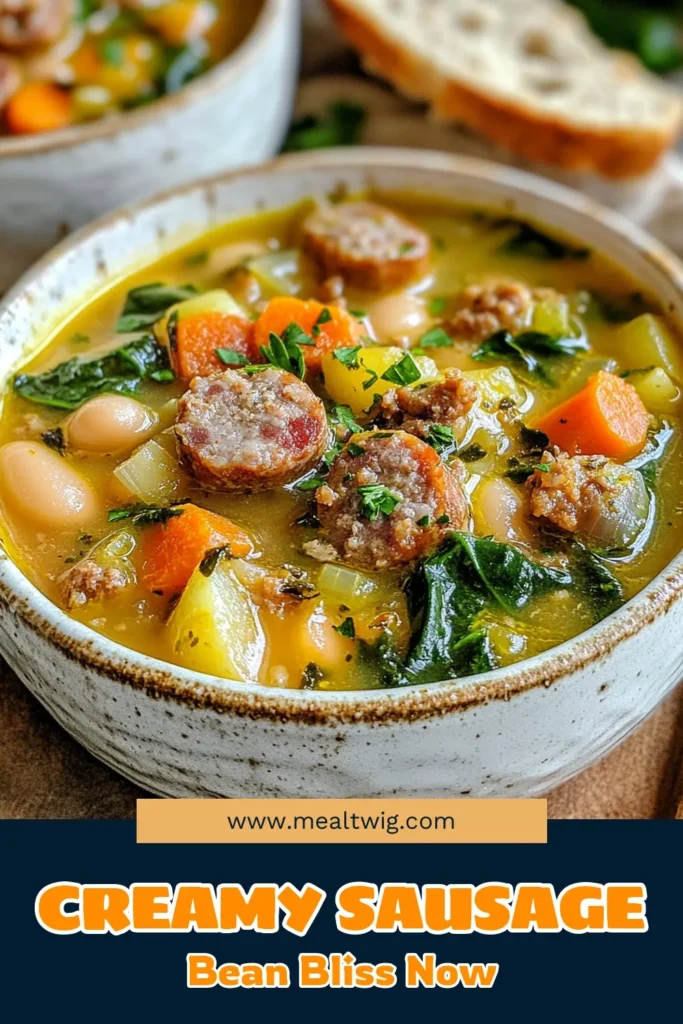 Looking for an easy creamy soup recipe? Try this creamy bean sausage recipe that features a delightful blend of white beans and Italian sausage! Our white bean soup with sausage is perfect for cozy nights, while a vegetarian option is available too. Packed with flavor, this luscious soup warms you up and satisfies your cravings. Get the recipe now and enjoy a hearty bowl of goodness! Save this creamy bean sausage recipe for later! #CreamyBeanSoup #SausageSoup #EasySoupRecipe #ComfortFood