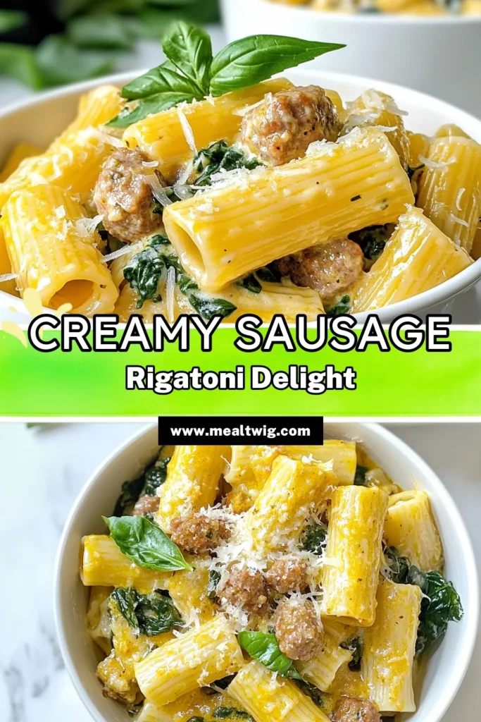 Indulge in this creamy sausage rigatoni recipe that combines hearty Italian sausage with fresh spinach for a delicious one-pot rigatoni dinner. This easy rigatoni pasta dish is perfect for busy weeknights and packed with flavor! Ready in just 30 minutes, it's sure to impress. Don’t miss out on this creamy pasta with spinach—save this recipe for your next meal! #CreamySausageRigatoni #PastaRecipes #DinnerIdeas #OnePotMeals