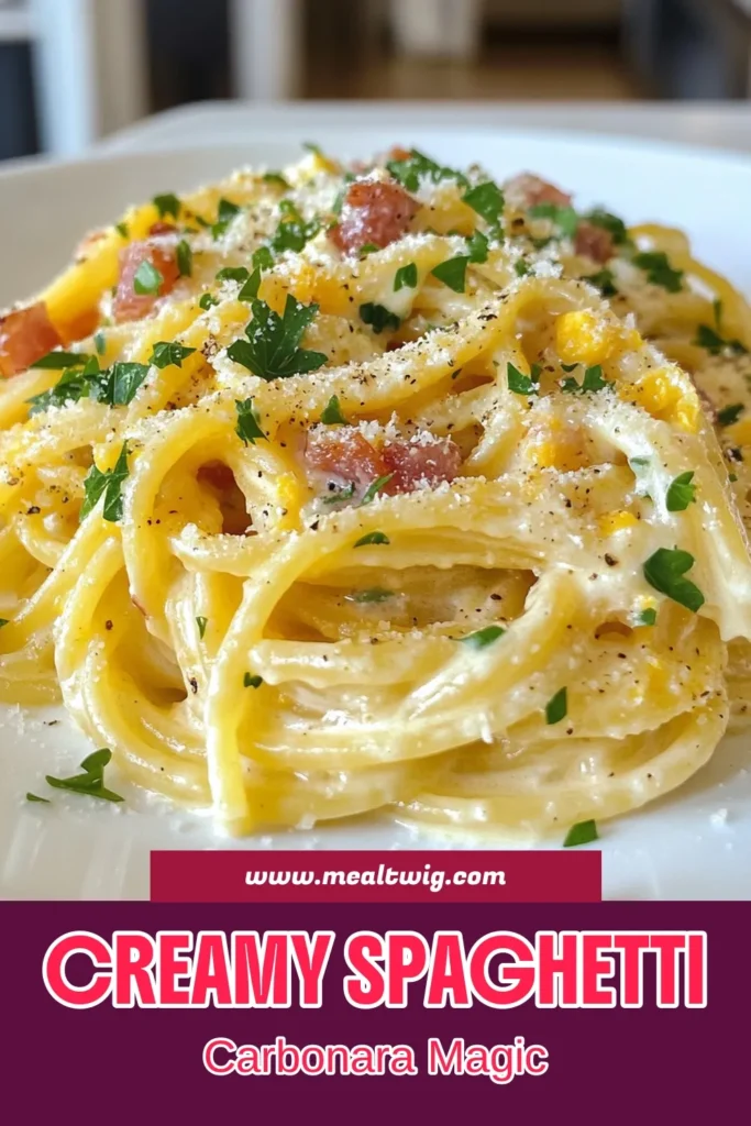 Indulge in the rich flavors of homemade creamy spaghetti carbonara with this easy carbonara recipe. This delectable dish features spaghetti with pancetta, bathed in a luscious carbonara sauce made from eggs, cream, and Parmesan. Perfect for a quick weeknight dinner, it's ready in just 25 minutes! Discover the joy of cooking with this classic carbonara sauce recipe and impress your family. Save this for your next meal! #SpaghettiCarbonara #EasyRecipes #PastaLovers #HomemadeDishes