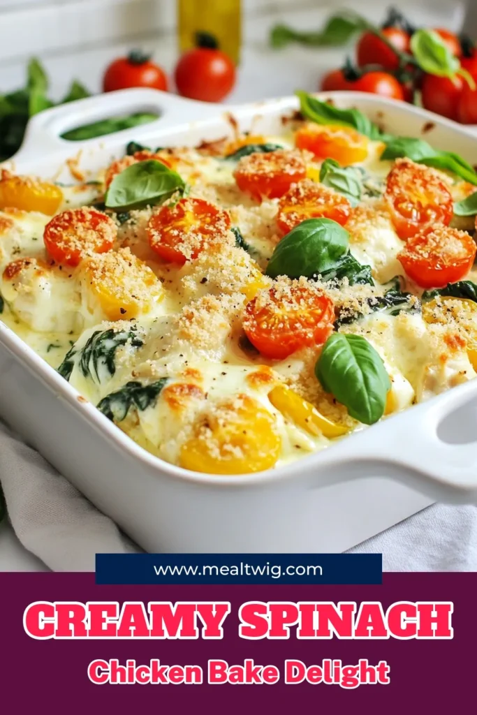 Looking for an easy creamy chicken dish that everyone will love? This creamy chicken spinach bake is the perfect solution! Packed with flavors from spinach, chicken, and gooey mozzarella, this spinach chicken casserole will quickly become a family favorite. In just 45 minutes, you can serve up a delicious baked chicken recipe that’s cheesy, healthy, and satisfying. Ready to impress? Save this recipe today! #ChickenRecipes #HealthyEating #ComfortFood #CasseroleLove