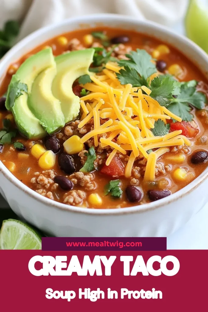 Discover a delicious and nutritious high protein taco soup that's perfect for any meal! This creamy taco soup recipe features ground turkey for a healthy twist on a Mexican-inspired soup. Packed with beans, corn, and spices, it's comforting and filling. Ideal for family dinners or meal prep. Try this healthy taco soup today and elevate your soup game! Save this for later! #HighProteinTacoSoup #CreamyTacoSoupRecipe #GroundTurkeyTacoSoup #HealthyTacoSoup
