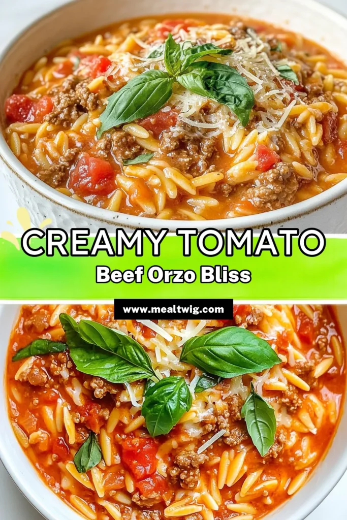 Discover this creamy tomato beef orzo recipe perfect for a quick weeknight meal! This easy beef orzo pasta combines Italian ground beef with rich flavors in one-pot creamy orzo that will impress everyone at the dinner table. With just 30 minutes, you can whip up a satisfying orzo and tomato dinner that’s sure to please. Try it tonight and save for later! #CreamyTomatoBeefOrzo #EasyBeefOrzoPasta #OnePotDinner #ItalianRecipes