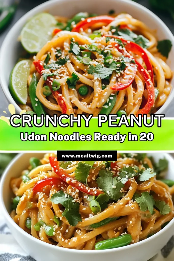 Satisfy your cravings with this quick and easy Peanut Udon Noodles recipe! In just 20 minutes, you can whip up this delightful Easy Asian Noodle Dish featuring creamy Crunchy Peanut Butter Noodles, colorful veggie udon noodles, and a flavorful sauce. Perfect for busy weeknights! Save this Quick Udon Noodle Recipe for your next meal prep and impress your taste buds. Try it now! #PeanutUdonNoodles #QuickUdonNoodleRecipe #EasyAsianNoodleDish #VeggieUdonNoodles